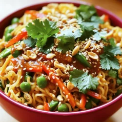 When making 20-Minute Spicy Thai Noodles, you need fresh and vibrant ingredients. They work together to create a tasty dish. Here’s what you’ll need: - Rice Noodles (8 oz) - Vegetable Oil (2 tablespoons) - Garlic (2 cloves, minced) - Ginger (1-inch piece, grated) - Red Bell Pepper (1, thinly sliced) - Snap Peas (1 cup, trimmed) - Carrot (1, julienned) - Green Onions (3, chopped) - Soy Sauce (1 tablespoon) - Chili Paste (2 tablespoons, adjust for spice level) - Lime Juice (1 tablespoon) - Fresh Cilantro (for garnish) - Crushed Peanuts (for garnish) - Sesame Seeds (for garnish) These ingredients bring the dish to life. The rice noodles serve as the base, while the vegetables add color and crunch. Garlic and ginger provide a warm, spicy flavor. Soy sauce and chili paste create a rich umami taste. Lime juice gives it a refreshing kick. Once you gather these ingredients, you can start cooking. You will enjoy a quick and flavorful meal that packs a punch. Check the [Full Recipe](#) for detailed steps. To start, you need to cook the rice noodles. Boil water in a large pot. Add the noodles and cook until they are al dente, about 5 to 7 minutes. Check the package for specific times. Once done, drain the noodles in a colander. Rinse them under cool water to stop the cooking process. This will help keep them firm. Set them aside for later. Next, it's time to stir-fry. Heat vegetable oil in a large skillet or wok over medium-high heat. Add minced garlic and grated ginger. Sauté them for about 30 seconds. You want them fragrant, not burnt. Then, toss in the sliced red bell pepper, snap peas, and julienned carrot. Stir-fry for about 3 to 4 minutes. The goal is to keep the vegetables tender-crisp. Now, it’s time to combine everything. Lower the heat to medium and add the cooked noodles to the skillet. Pour in the soy sauce, chili paste, and lime juice. Toss everything together well. Make sure the noodles coat with the sauces. Cook until everything is heated through. Finally, mix in half of the chopped green onions. Serve the spicy Thai noodles in bowls and enjoy this quick, flavorful meal! For the full recipe, refer to the earlier section. To cook rice noodles al dente, follow the package instructions closely. Usually, it takes about 5 minutes. You want them to have a slight bite. This texture holds up well when you stir-fry them. To avoid a mushy texture, make sure to drain the noodles right after cooking. Rinse them under cold water for a few seconds. This stops the cooking process and keeps them firm. If you want to modify the chili paste, start with one tablespoon. Taste it after you mix it in. You can always add more if you like heat. Balancing flavors with lime juice is key. The lime adds brightness and cuts through the spice. A squeeze of lime can really enhance the dish. For the best accompaniments, serve your spicy Thai noodles with fresh cucumber slices or a side of spring rolls. These add crunch and freshness. Plating is important. Use shallow bowls for a nice look. Arrange the noodles neatly and top them with fresh cilantro and crushed peanuts. This makes your meal not just tasty but also beautiful. For the full recipe, check out the 20-Minute Spicy Thai Noodles. {{image_2}} You can switch out veggies for a different taste. Try using broccoli or bok choy instead of snap peas. These add crunch and flavor. If you want a milder dish, bell peppers work great too. For gluten-free options, use rice noodles made from brown rice or even zucchini noodles. They keep the dish light and tasty. Adding protein makes this meal more filling. You can use chicken, shrimp, or tofu. If you choose chicken, cut it into small pieces. Cook it for about 5-6 minutes until it’s no longer pink. For shrimp, just toss them in for 3-4 minutes until they turn pink and curl. Tofu is a great choice too. Cube it and sauté for around 5 minutes until golden. To kick up the flavor, consider adding more spices. A pinch of crushed red pepper or a dash of cumin can add depth. Fresh herbs like basil or mint bring a fresh taste. You can also switch up your sauces. Instead of soy sauce, try tamari for a gluten-free option. Mixing in a bit of peanut sauce gives a rich, nutty flavor. Check out the Full Recipe for more ideas! To keep your spicy Thai noodles fresh, store them in an airtight container. This keeps moisture in and prevents them from drying out. Place the container in the fridge. Your leftovers will stay good for about three days. After that, the flavors may fade. When you’re ready to eat, reheat your noodles gently. You can use a skillet over low heat. Add a splash of water or broth to help add moisture back into the noodles. Stir them often until they are heated through. You can also use the microwave. Place the noodles in a bowl with a bit of water. Cover it and heat for about one to two minutes, stirring halfway. If you want to save your spicy Thai noodles for later, you can freeze them. Before freezing, let them cool completely. Then, pack them into a freezer-safe bag or container. Press out as much air as possible. They can be stored in the freezer for up to three months. When you are ready to eat, thaw them in the fridge overnight. Reheat using the methods above to enjoy a quick meal again. For the full recipe, check the earlier section. Spicy Thai noodles can last about three to four days in the fridge. Make sure to store them in an airtight container. This helps keep them fresh and tasty. Yes, you can easily make this recipe vegan. For the soy sauce, use a gluten-free option if needed. Replace the chili paste with a vegan version. You can also add tofu for protein. Use vegetable broth instead of any fish sauce to keep the flavor strong. These noodles pair well with many sides. Try spring rolls for a tasty starter. A light cucumber salad can add freshness. You can also serve them with a bowl of miso soup. Each of these options brings out the flavors of the noodles. For the full recipe, check out the earlier section! In summary, we explored the ingredients and steps to create delicious spicy Thai noodles. You learned how to cook rice noodles properly and sauté flavorful garlic and ginger. We also discussed tips for achieving perfect noodles, adjusting spice levels, and presenting your dish beautifully. With easy variations, you can customize this recipe to fit your taste. Enjoy making these noodles, and don't shy away from adding your favorite proteins or veggies! You’ll impress your family and friends with this quick and tasty meal.