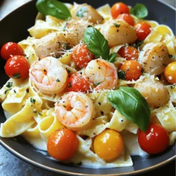 The ingredients for Light & Creamy Seafood Pappardelle are simple yet flavorful. Here’s what you will need: - 250g pappardelle pasta - 200g shrimp, peeled and deveined - 200g scallops, cleaned - 1 tablespoon olive oil - 2 cloves garlic, minced - 1 cup heavy cream - 1 cup cherry tomatoes, halved - 1 tablespoon lemon juice - Zest of 1 lemon - Salt and pepper to taste - Fresh basil leaves, for garnish - Grated Parmesan cheese, for serving Each ingredient plays a key role. The pappardelle pasta gives the dish a nice, hearty base. The shrimp and scallops add a sweet and briny flavor. Olive oil and garlic create a fragrant start. Heavy cream makes the sauce rich and luscious. Cherry tomatoes bring brightness and acidity. Lemon juice and zest give a fresh kick. Finally, salt, pepper, and basil enhance the overall taste. Using fresh, high-quality ingredients will make your dish shine. Feel free to explore seasonal seafood options to keep it exciting. For more detailed steps, check the Full Recipe. First, bring a large pot of salted water to a boil. Add the pappardelle pasta and cook it until it is al dente. This usually takes about 8 to 10 minutes. While the pasta cooks, make sure to reserve ½ cup of the pasta water. This water will help adjust your sauce later. Once cooked, drain the pasta and set it aside. In a large skillet, heat the olive oil over medium heat. Add the minced garlic and sauté it for about 1 minute. Be careful not to let the garlic brown. Next, add the shrimp and scallops to the skillet. Cook them for about 3 to 4 minutes. You will know they are done when the shrimp turn pink and opaque, and the scallops are golden. Once cooked, remove the seafood from the skillet and set it aside. Using the same skillet, add the halved cherry tomatoes. Sauté them for about 2 to 3 minutes until they start to soften. Then, pour in the heavy cream, followed by the lemon juice and lemon zest. Stir everything well and bring it to a gentle simmer. If your sauce seems too thick, add a bit of reserved pasta water. This will help you reach the perfect consistency. Now, return the cooked seafood to the skillet. Add the drained pappardelle pasta and toss everything together gently. Make sure the pasta is well coated in the creamy sauce. Finally, season with salt and pepper to taste. Enjoy your delicious Light & Creamy Seafood Pappardelle! For the complete method, check the Full Recipe. To get the sauce just right, start with the right thickness. If it feels too thick, add some pasta water. This water has starch from the pasta, which helps bind the sauce. It makes the dish creamy without making it too heavy. Balancing flavors is key. A squeeze of lemon juice brightens the sauce. It adds a fresh, zesty taste that lifts the creaminess. Use lemon zest too, as it adds a fragrant touch. Seafood cooks quickly. For shrimp, watch for color change. They go from gray to pink in about 3-4 minutes. Scallops should also be golden. Avoid cooking them too long; they can become rubbery. Keep a close eye on timing. Remove the seafood once cooked. This keeps it tender and flavorful. Make your dish look as good as it tastes. Fresh basil leaves add color and a burst of flavor. Place them on top of the pasta right before serving. Grated Parmesan cheese also enhances the look. Sprinkle it over the dish in a nice, even layer. Use a large plate to show off your pappardelle. A beautiful plate can make the meal even more enjoyable. For the full recipe, refer to the Light & Creamy Seafood Pappardelle. {{image_2}} You can switch up the seafood in this dish. If you can't find shrimp or scallops, try these: - Crab meat: Sweet and tender, crab adds a nice touch. - Mussels: They are flavorful and cook quickly. - Clams: These add a briny taste that pairs well with the cream. You can mix and match seafood. Just make sure to adjust cooking times. Each type has its unique flavor, making your dish special. You may need to make this dish fit your diet. Here are some options: - Gluten-free pasta: Use rice or corn-based pappardelle for a gluten-free choice. - Dairy-free substitutions: Coconut cream or cashew cream can work instead of heavy cream. These give a rich flavor without dairy. These swaps keep the dish delicious while meeting dietary needs. Want to spice things up? Here’s how: - Adding spices or herbs: A pinch of red pepper flakes gives heat. Fresh parsley or dill adds freshness. - Incorporating vegetables: Add spinach or peas for color and nutrition. These veggies cook quickly and enhance the dish. These enhancements make your meal even more enjoyable. Try different combinations to find your favorite twist! To keep your Light & Creamy Seafood Pappardelle fresh, store it in an airtight container. Place it in the fridge within two hours of cooking. It can stay fresh for up to three days. To avoid sogginess, do not mix the sauce with the pasta if you plan to store leftovers. Keep them separate, then combine just before reheating. When you reheat pasta dishes, use gentle heat to keep them tasty. You can use a skillet or microwave. If using a skillet, add a splash of water or extra cream to help the sauce. Heat on low, stirring gently until warm. In the microwave, cover the dish with a damp paper towel. Heat for 1-2 minutes, stirring halfway through. This method helps maintain the texture and flavor. If you want to freeze your seafood pappardelle, follow these steps. First, let it cool completely. Then, place it in a freezer-safe container or bag. Remove as much air as possible before sealing. It can be stored for up to three months. When you're ready to eat, thaw it overnight in the fridge. Reheat gently, adding a little cream or pasta water to revive the sauce. Making this dish is quick and easy! The prep time is about 10 minutes. Cooking takes an additional 20 minutes, bringing the total time to around 30 minutes. You can enjoy a tasty meal in no time. If you want a lighter option, you can use half-and-half. For a dairy-free choice, try coconut milk or almond milk. Both work well but may change the flavor slightly. Adjust the seasoning to suit your taste. Yes, you can use frozen seafood! Just thaw it first. Rinse it under cold water to remove ice. Then, cook the seafood as you would fresh. Keep an eye on cooking times, as frozen seafood may take a bit longer. Absolutely! Light & Creamy Seafood Pappardelle is great for meal prep. Make it ahead of time and store it in the fridge. It tastes good for up to three days. Just reheat gently to keep the sauce nice and creamy. For the full recipe, check out the previous sections. This blog post showed you how to make Light & Creamy Seafood Pappardelle. We covered key ingredients, step-by-step cooking, and helpful tips. You can adjust flavors and sauces easily. Try different seafood and dietary options for variety. Store and reheat leftovers properly to keep them fresh. This dish is perfect for meal prep, making it a great choice for busy days. Enjoy your cooking adventure!
