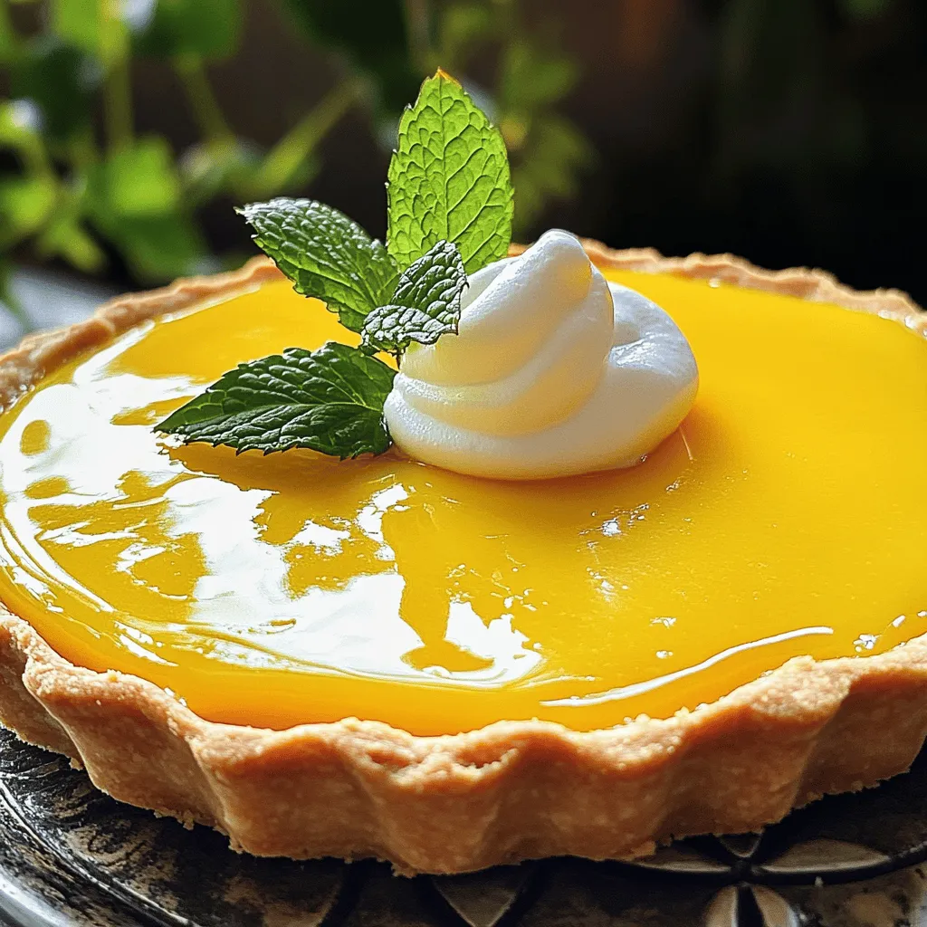 - 1 ½ cups all-purpose flour - ½ cup unsalted butter, softened - ¼ cup powdered sugar - 1 egg yolk - 1 tablespoon cold water - 2 ripe mangoes, pureed - ½ cup granulated sugar - 3 large eggs - ¼ cup fresh lemon juice - 1 tablespoon lemon zest - 1 teaspoon cornstarch - ½ teaspoon salt - Whipped cream, for topping (optional) - Fresh mint leaves, for garnish (optional) To make a Mango Curd Tart, gather your ingredients first. You need ripe mangoes for the best flavor. The mango puree creates a rich, tropical taste. The lemon juice and zest balance the sweetness. They add a nice tartness to the curd. The tart shell is simple but very important. It needs flour, butter, powdered sugar, and an egg yolk. This mixture gives the tart its lovely texture. You might want to top your tart with whipped cream. It adds a nice creamy touch. Fresh mint leaves are a great garnish, too. They give a pop of color and freshness. - Tart pan - Mixing bowls - Saucepan - Whisk - Spatula - Refrigerator Using the right tools is key for this recipe. A tart pan helps shape your tart perfectly. Mixing bowls help keep your ingredients organized. A whisk is great for mixing your curd smoothly. Have a spatula ready to pour the curd into the shell. Finally, a refrigerator is needed to chill your tart. Chilling helps the curd set nicely. - Calories: 250 - Fat: 12g - Protein: 4g - Carbs: 35g - Sugar: 20g This tart is a treat! It has a good mix of fats and carbs. Each slice is rich but can be enjoyed without guilt. - Start by creaming together ½ cup of softened butter and ¼ cup of powdered sugar in a mixing bowl. Mix until it is light and fluffy. - Next, add 1 egg yolk and 1 tablespoon of cold water. Stir until well combined. - Now, gradually add 1 ½ cups of all-purpose flour. Mix until a smooth dough forms. - Press the dough into a tart pan. Make sure to cover the bottom and the sides evenly. - Prick the bottom of the dough with a fork. This helps prevent bubbling. Then, chill the shell in the fridge for 30 minutes. - While it cools, preheat your oven to 350°F (175°C). Bake the chilled tart shell for 15-20 minutes, or until it is lightly golden. Remove it from the oven and let it cool completely. - In a medium saucepan, combine 2 ripe mangoes, pureed, with ½ cup of granulated sugar, 3 large eggs, ¼ cup of fresh lemon juice, 1 tablespoon of lemon zest, 1 teaspoon of cornstarch, and ½ teaspoon of salt. Whisk until smooth. - Cook this mixture over low heat, stirring constantly. Keep stirring until it thickens and coats the back of a spoon. This should take about 10-12 minutes. - Once thickened, remove the curd from heat. Let it cool for a few minutes, then pour it into the tart shell. Smooth the top with a spatula. For the complete steps and measurements, check the Full Recipe. To get the best tart shell, start with the right dough. It should be soft but not sticky. Mix the butter and sugar well to create a light texture. When adding flour, do it slowly. This helps keep the dough from becoming too tough. If the dough feels too dry, add a tiny bit of water. This will help it hold together. To prevent bubbling while baking, prick the bottom of the shell with a fork. This allows steam to escape and keeps the crust flat. Also, chilling the shell for 30 minutes before baking is key. A cold shell will bake more evenly and stay crisp. When making mango curd, you can adjust the sweetness to your liking. Start with the amount of sugar in the recipe. After mixing, taste it. If you want it sweeter, add more sugar a little at a time. Remember, mangoes vary in sweetness, so taste often. To achieve the right thickness, cook the curd on low heat. Stir constantly to avoid burning. It should take about 10-12 minutes to thicken. The curd is ready when it coats the back of a spoon. Remove it from heat, and let it cool slightly before pouring it into the tart shell. For a delicious touch, serve the tart with whipped cream. It adds a nice creaminess that pairs well with the mango flavor. You can also add fresh mint leaves for a pop of color and freshness. To make it even more special, think about what to serve alongside the tart. A light tea or sparkling water can be great options. They won't overpower the tart but will enhance the meal. For the full recipe, check out the details above. {{image_2}} You can enhance your mango curd tart in fun ways. Try adding spices like cardamom or ginger. These spices will give a warm kick to the sweet mango. If you love tropical flavors, infuse coconut or passionfruit into the curd. Just mix the puree directly with your mango for a fresh twist. Not every tart shell has to be the same. For a gluten-free option, use gluten-free flour. This makes the tart accessible to more people. You can also save time by using pre-made tart shells. They come ready to fill, making your dessert quick and easy. Make your mango curd tart look more special. Use fresh fruit slices, like mango or kiwi, to garnish the top. A drizzle of honey or a sprinkle of toasted coconut can also add flair. For fun, serve the tart in small, individual portions. This makes it easy for guests to enjoy their own slice. Check out the Full Recipe for more ideas! Store your mango curd tart in the fridge. Wrap it well with plastic wrap. This keeps it fresh and tasty. The tart can last about 3-4 days. After that, the flavor may fade. You can freeze the tart, but it’s best without toppings. Wrap the tart in plastic wrap and then in foil. This protects it from freezer burn. It can stay fresh for up to 2 months. When you want to eat it, move it to the fridge overnight to thaw. You don’t need to reheat the tart. It tastes best chilled or at room temperature. Serve it cold for a refreshing treat. Enjoy it plain or with whipped cream for extra flavor. Yes, you can use frozen mango for this tart. Just make sure to thaw it first. Once thawed, drain any excess water. This helps keep the curd from being too watery. After draining, blend the mango until smooth. Use it as you would fresh mango in the recipe. Look for a few signs to know your curd is thick enough. First, stir constantly while cooking. It should take about 10 to 12 minutes. When the curd coats the back of a spoon, it is ready. You can also test it by running your finger through the curd on the spoon. If the line stays, the curd is thick enough. Absolutely! You can make the tart a day ahead. Just store it in the fridge after it sets. It will taste fresh and delicious the next day. Cover it with plastic wrap to keep it from drying out. For best results, add whipped cream just before serving. This recipe highlights how to make a delicious mango tart from scratch. You learned about the ingredients, tools, and step-by-step instructions. I shared helpful tips to perfect your results and offered variations to inspire creativity. Enjoy this mango tart as a sweet treat or a showstopper at gatherings. With easy storage and reheating options, it’s perfect for any occasion. Dive into the kitchen and let your baking skills shine!