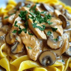 - 500g chicken breast, sliced into strips - 250g mushrooms, sliced - 1 medium onion, finely chopped - 2 cloves garlic, minced - 1 cup chicken broth - 1 cup sour cream - 2 tablespoons flour - 2 tablespoons butter - 1 tablespoon olive oil - 1 teaspoon paprika - Salt and pepper to taste - Fresh parsley, chopped for garnish - Cooked egg noodles or rice for serving Gather these items before you start cooking. The chicken is the star here. Use fresh chicken breast for the best taste. Mushrooms add a nice earthy flavor. Slice them thin for even cooking. Onions bring sweetness and aroma. Chop them finely to blend well in the dish. Garlic gives a punch of flavor. Mince it to release its oils. The chicken broth adds depth. Sour cream makes the sauce creamy and rich. Flour thickens the sauce. Butter and olive oil add richness. Paprika gives a hint of spice and color. Don’t forget salt and pepper! They enhance all the flavors. Fresh parsley is great for a pop of color. Serve your Stroganoff over egg noodles or rice. This makes a filling meal. For the full recipe and detailed steps, check out the Full Recipe section. To start, slice the chicken breast into thin strips. Use a sharp knife for clean cuts. This helps the chicken cook evenly. Next, slice the mushrooms into even pieces. This way, they will cook at the same rate. Chop the onion finely. A small dice ensures it cooks quickly and blends well. Mincing garlic is equally important. This releases flavor faster, making your dish taste better. Heat olive oil and butter in a large skillet over medium heat. Once it melts, add the chopped onion. Sauté for 2-3 minutes until it looks clear. Then stir in the minced garlic and sliced mushrooms. Cook this mixture for 5-7 minutes until the mushrooms are soft. Push the mushroom mix to one side of the skillet. Add the chicken strips to the open space. Cook for 5-6 minutes until the chicken turns golden. Now, sprinkle flour and paprika over the chicken. Stir everything together for about a minute. Gradually pour in the chicken broth. Keep stirring to avoid lumps. Bring this mixture to a gentle simmer. Turn the heat to low. Add the sour cream, mixing until everything blends well. Do not boil this sauce. Taste and add salt and pepper as needed. Serve your Chicken Mushroom Stroganoff over cooked egg noodles or rice. Both options soak up the sauce well. For a nice touch, sprinkle fresh parsley on top before serving. This adds a pop of color and flavor. For a bit of crunch, consider adding crispy fried onions. They make a delightful contrast to the creamy sauce. Enjoy your delicious meal! To get that perfect creamy texture, you should add the sour cream at the end. Stir it in gently. This helps maintain a rich and smooth sauce. Avoid boiling after adding it, as it can curdle. A common mistake is overcooking the chicken. Make sure to cook it just until golden and cooked through. This keeps it tender. You can kick up the flavor by adding herbs like thyme or rosemary. They blend well with the mushrooms. Try adding a splash of white wine for depth. Different mushrooms can also change the taste. Use shiitake for a rich flavor or portobello for a meaty texture. Mixing several types can create a complex dish. If your sauce is too thick, add a bit more chicken broth or water to loosen it. Stir well to blend. If it’s too thin, sprinkle in a little more flour and stir until thickened. For reheating, use low heat to keep the sauce creamy. Adding a splash of broth can help restore the texture if it dries out. For the full recipe, check out the detailed instructions above. {{image_2}} You can easily swap chicken for turkey or tofu. Turkey gives a similar taste but with a lighter feel. Tofu offers a great plant-based option. For a vegetarian version, use mushrooms as the main protein. This adds depth and keeps the dish hearty. To change the flavor, add herbs and spices. Try thyme, rosemary, or even a dash of cayenne for heat. You can also toss in veggies like peas or bell peppers. These add color and nutrition, making your meal more vibrant. Get creative with how you serve Chicken Mushroom Stroganoff. Consider using a bread bowl for a fun twist. You can also pair it with different sides. Try garlic bread, a fresh salad, or steamed veggies for a balanced meal. For the full recipe, check out my guide. To store leftover Chicken Mushroom Stroganoff, cool it to room temperature first. Then, place it in an airtight container. This keeps it fresh and tasty. Properly stored, it lasts for about 3 to 4 days in the fridge. Always check for any off smells before eating. Freezing Chicken Mushroom Stroganoff is easy. First, let it cool completely. Next, scoop it into a freezer-safe container or bag. Label it with the date. It can stay frozen for up to 2 months. When you’re ready to eat, thaw it in the fridge overnight for best results. When reheating, use a skillet over low heat. This helps keep the sauce smooth. Stir often to avoid sticking. If it looks dry, add a splash of chicken broth or water. This adds moisture back and makes it creamy again. You could also use the microwave, but do so in short bursts. Stir between each round for even heating. You can serve Chicken Mushroom Stroganoff with: - Cooked egg noodles - Steamed rice - Mashed potatoes - Fresh green salad - Roasted vegetables - Garlic bread These sides add texture and flavor to your dish. Egg noodles soak up the sauce great, while rice offers a nice base. A fresh salad brings a crisp bite, and roasted veggies add color and nutrients. Yes, you can make Chicken Mushroom Stroganoff ahead of time. Prepare it, cool it, and store it in the fridge. You can reheat it on the stove over low heat. Add a splash of broth or water to keep it creamy. Yes, Chicken Mushroom Stroganoff works well for meal prep. - Cook a large batch on the weekend. - Portion it into containers for easy meals. - It will stay fresh in the fridge for about 3 days. This makes it perfect for busy weekdays. You can also freeze portions for longer storage. Chicken Mushroom Stroganoff is a twist on the classic Beef Stroganoff. The dish likely started in Russia in the 19th century. It was named after a Russian family. Over time, cooks adapted it using different meats like chicken. To make Chicken Mushroom Stroganoff gluten-free: - Use gluten-free flour instead of regular flour. - Ensure your chicken broth is gluten-free. - Serve it over gluten-free pasta or rice. These swaps keep the dish tasty without gluten. Chicken Mushroom Stroganoff is rich in protein and flavor. A typical serving contains: - Approximately 400 calories - 15g fat - 30g carbohydrates - 2g fiber - 30g protein This dish is hearty and satisfying, making it a great meal choice. For more details, refer to the Full Recipe for precise values based on your ingredients. In this blog post, you learned about making Chicken Mushroom Stroganoff, from ingredients to preparation. We covered the main components, cooking tips, and variations to suit your taste. Don’t forget the importance of proper storage and reheating. This dish is not just tasty but also flexible. You can switch ingredients or adapt it for meal prep. Enjoy creating this comforting meal, and share it with friends and family. Now, it’s your turn to try it out and make it your own!