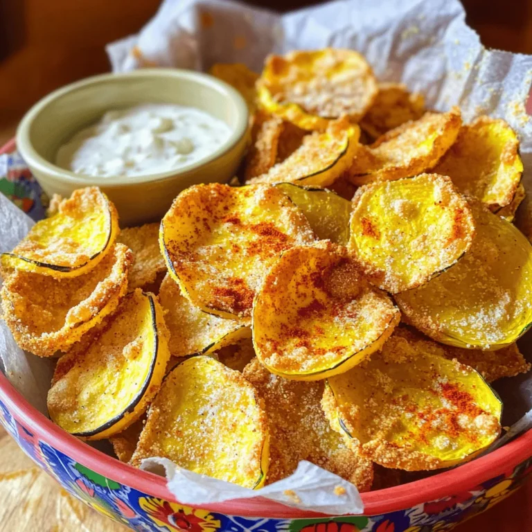 - 2 medium yellow squash - 1 tablespoon olive oil - Seasoning elements: garlic powder, smoked paprika, salt, black pepper - Optional: cayenne pepper, grated Parmesan cheese - Air fryer - Sharp knife or mandoline slicer - Mixing bowl - Low-calorie snack alternative - High in vitamin C and other nutrients When making air fryer squash, you start with fresh, yellow squash. It is the main star of this dish. You want two medium-sized squash, as they will give you the right amount of chips. Slice them thinly, about 1/8-inch thick. A sharp knife or mandoline slicer works best for even pieces. Next, you'll need olive oil. One tablespoon coats the squash nicely without being too oily. It helps the seasoning stick and makes the chips crispy. Now, let’s talk about flavor. You will add garlic powder and smoked paprika for a tasty kick. Use one teaspoon of each. Then, season with salt and black pepper. Half a teaspoon of salt and a quarter teaspoon of black pepper will enhance the flavor. If you like heat, add a pinch of cayenne pepper. For a cheesy twist, sprinkle on two tablespoons of grated Parmesan cheese. This recipe is not just tasty; it's also good for you. Squash is low in calories and packed with vitamin C. Enjoy these chips as a healthy snack or a side dish. You can serve them with a dip for extra fun. Don't forget to check the Full Recipe for all the steps! - First, preheat your air fryer to 375°F (190°C). This helps the squash cook evenly. - Next, slice the squash thinly. Aim for about 1/8 inch thick. Thin slices get crispy. - In a large bowl, combine the sliced squash with 1 tablespoon of olive oil. Add 1 teaspoon of garlic powder, 1 teaspoon of smoked paprika, 1/2 teaspoon of salt, 1/4 teaspoon of black pepper, and 1/4 teaspoon of cayenne pepper if you like heat. Toss the squash well until it’s covered in the mix. - Now, arrange the squash slices in the air fryer basket. Make sure they are in a single layer. Avoid stacking them to get the best crunch. - Air fry the squash for 8-10 minutes. Halfway through, shake the basket gently. This helps them cook evenly and get crispy. - After cooking, remove the chips and let them cool for a few minutes. They will crisp up more as they cool. - For serving, use a colorful bowl lined with parchment paper. Pair it with a yummy dip like yogurt ranch or spicy salsa. - To ensure they stay crispy, avoid covering the chips. Enjoy your tasty snack! To get that crunchy bite, slice your squash evenly. Aim for thin, uniform pieces. This helps them cook at the same rate. Thicker slices may not crisp up well. Use your air fryer wisely. Arrange the squash in a single layer in the basket. Avoid crowding to let air flow freely. This keeps them from steaming. If you have a lot of squash, fry them in batches. Feel free to mix up the flavors! Try adding different seasonings. For a spicy kick, use chili powder or cumin. For a sweeter taste, sprinkle cinnamon. Dips can make your squash even better. Pair them with yogurt-based sauces, guacamole, or salsa. A good dip can add new flavors to your snack. Sometimes, your squash may not cook well. If you find under-cooked pieces, cook them a bit longer. Check them after a few extra minutes. If your chips turn out soggy, don’t worry. Let them cool for a few minutes. This helps them crisp up more. You can also pop them back in the air fryer for a few minutes. For the full recipe, check out the details in our earlier section. {{image_2}} You can use many types of squash for this recipe. Zucchini works well and has a mild taste. Butternut squash gives a sweeter flavor. Both can make tasty, crispy snacks. Just slice them thinly like yellow squash. Cook them the same way, and enjoy the differences! You can make your air fryer squash sweet or savory. For a sweet twist, sprinkle cinnamon and sugar on the squash. This adds a warm, cozy flavor. If you prefer savory, use Italian herbs like oregano and basil. You can mix and match flavors to find your favorite. Get creative, and taste the fun! Want to make your snack more filling? Add proteins like chickpeas or shredded chicken. Toss cooked chickpeas with the squash for added crunch. Shredded chicken can give a hearty taste. Both options boost nutrition and make your snack more satisfying. Enjoy your air fryer squash with a protein twist! To keep your squash chips crispy, use an airtight container. Glass or plastic containers work well. You can also use a resealable bag. Make sure to remove as much air as possible. This helps prevent moisture. If you want extra crunch, add a paper towel inside the container. It absorbs moisture and keeps the chips fresh. When you want to enjoy your leftovers, reheating is key. The best way to reheat squash chips is in the air fryer. Set it to 350°F (175°C) for about 3-5 minutes. This method helps the chips regain their crunch. You can also use an oven. Place them on a baking sheet and heat at the same temperature. Avoid using a microwave. It can make the chips soggy. You can store air fryer squash chips for up to 3 days. After this, they may lose their crispiness. Keep them in the fridge to help prolong freshness. For the best taste, eat them within two days. Enjoy your crispy air fryer squash chips from the [Full Recipe] while they are still fresh! Yes, you can use many vegetables in the air fryer. Here are some great options: - Zucchini: Similar to squash, zucchini crisps up nicely. - Sweet potatoes: Cut them into thin rounds for a sweet treat. - Carrots: They can become crunchy and sweet when air-fried. - Bell peppers: Slice them thin for a colorful, tasty snack. - Eggplant: Thin rounds become crispy and flavorful. You can use your favorite veggies to create different flavors. To keep the squash crispy, follow these tips: - Slice thinly: Aim for even, thin slices. This helps them cook faster. - Dry well: Pat the slices dry with a paper towel before cooking. This removes extra moisture. - Don’t overcrowd: Place the slices in a single layer in the basket. This ensures hot air can circulate. These steps will help you achieve the perfect crunch every time. To make more squash chips, just follow these steps: - Double the ingredients: Use 4 squash instead of 2. Adjust the seasonings as needed. - Cook in batches: Air fry the squash in smaller amounts. This keeps them crisp. - Check cooking time: Larger batches may take a minute or two longer. Keep an eye on them. Scaling up is easy, and you won’t lose quality. Cleaning your air fryer is simple if you follow these steps: 1. Unplug and cool: Always unplug the air fryer and let it cool down fully. 2. Remove the basket: Take out the basket and any trays. 3. Wash with warm soapy water: Use a sponge or cloth to clean all parts. Avoid abrasive pads. 4. Wipe the inside: Use a damp cloth to wipe the interior. This removes any food particles. 5. Dry completely: Let all parts dry before reassembling. Keeping it clean helps your air fryer last longer and work better. Air frying squash is a simple and tasty way to snack healthy. We covered essential ingredients, tools, and steps to make delicious air-fried squash chips. You learned how to achieve the perfect crunch and even explored fun variations. Remember to store leftovers correctly for maximum freshness. With these tips, you can enjoy a nutritious snack that fits your taste. Try it out, and enjoy the process of making your own crispy chips!