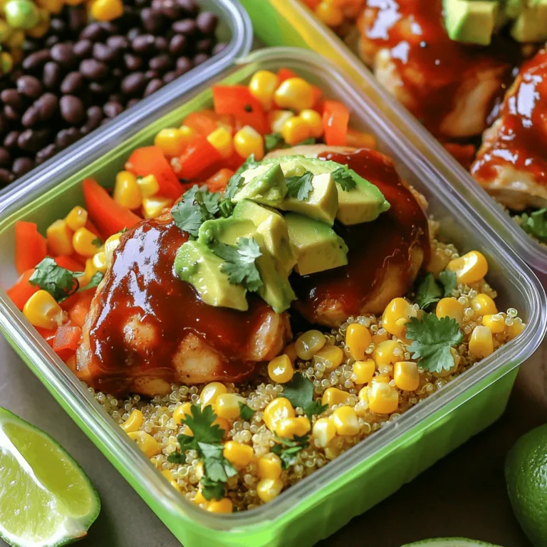 - 1 lb boneless, skinless chicken thighs (or pork) - 1 cup BBQ sauce (your favorite brand) - 2 cups cooked quinoa - 1 cup corn (fresh or frozen) - 1 cup black beans, rinsed and drained For these BBQ pork meal prep bowls, I like to start with boneless, skinless chicken thighs. They stay juicy and tender when cooked. You can also use pork if you prefer. Choose a BBQ sauce that you love. This sauce brings all the flavor to the dish. Next, I add cooked quinoa, which acts as a great base. Corn and black beans add color and protein. Together, these ingredients make a balanced meal. - 1 red bell pepper, diced - 1 avocado, diced - 1/4 cup chopped fresh cilantro Feel free to customize your bowls with more veggies. Diced red bell pepper adds crunch and sweetness. You can also add more greens, like spinach or kale, for extra nutrients. If you want to switch up the protein, consider using turkey or tofu. Toppings like diced avocado and chopped cilantro enhance the flavors. They make your meal look bright and fresh. - Approximately 450 calories per serving - 30g protein, 15g fat, 50g carbs - Gluten-free and dairy-free options available Each serving of these BBQ pork bowls has about 450 calories. You get around 30 grams of protein from the chicken or pork. The meal is also gluten-free and dairy-free, making it suitable for many diets. This balance of nutrients helps you stay full and energized throughout the day. To see the full recipe, check out the [Full Recipe]. To get the best flavor, marinate your chicken or pork with BBQ sauce. Use a large bowl for mixing. Make sure the meat is fully coated. You can use any brand of BBQ sauce you love. I suggest marinating for at least 30 minutes. For even better taste, marinate overnight in the fridge. This time helps the meat soak up all the flavors. When it’s time to cook, heat your grill or grill pan to medium-high. Remove the meat from the marinade, letting extra sauce drip off. Grill the chicken or pork for 5-7 minutes on each side. Use a meat thermometer to check the temperature. It should reach 165°F (75°C) to be safe. Once cooked, let the meat rest for a few minutes before slicing. This helps keep it juicy. Now, let’s cook the quinoa. Follow the package instructions for the best results. Once it’s done, fluff it with a fork and set it aside to cool. Next, grab a skillet and add olive oil over medium heat. Add corn and diced red bell pepper to the skillet. Sauté for about 5 minutes. You want them to be slightly charred but still crisp. Don’t forget to season with salt and pepper. This adds a nice touch to your bowls. To make meal prep easy, gather your ingredients ahead of time. Chop veggies and measure out grains like quinoa. This saves time during your cooking. I recommend cooking in batches, too. Make large amounts of protein and grains, then divide them into portions. This way, you can mix and match throughout the week. For a meal prep bowl that looks great, use colorful ingredients. Arrange items in sections. Place quinoa on one side, veggies on another, and protein in the center. This layered look makes your bowls inviting. Add a sprig of cilantro on top for a fresh touch. Vibrant containers also enhance the appeal. To reheat your BBQ pork meal prep bowls, use the microwave or oven. For the microwave, heat in short bursts. Stir the bowl after each burst for even warmth. If using an oven, cover the bowl with foil. This keeps moisture in and prevents drying out. Always check the temperature to keep flavors fresh and tasty. {{image_2}} You can easily swap out pork for other proteins. Turkey is a great choice. It has a mild flavor that pairs well with BBQ sauce. Tofu is another option. It soaks up flavors well and is plant-based. You can also try tempeh, which has a nutty taste. For BBQ sauce, you can change the flavor by adding honey or mustard. A spicy BBQ sauce can give your bowls a kick. If you want to change the grains, use rice, couscous, or farro. Brown rice adds a nutty taste. Couscous cooks quickly and is light. Farro has a chewy texture that’s nice. For a vegan meal, switch chicken for jackfruit or chickpeas. These options are high in fiber and protein. They also add a different texture to your meal prep bowls. Adding spices can boost the flavor of your dish. Try smoked paprika for a smoky taste. Cumin can add warmth and depth. For extra zest, squeeze fresh lime juice over your bowls. You can also mix in different sauces. Try ranch or a yogurt sauce to change the flavor profile. Top your bowls with crunchy toppings like nuts or seeds for added texture. To keep your BBQ pork meal prep bowls fresh, use airtight containers. Glass or BPA-free plastic works best. These containers help lock in flavor and moisture. If you plan to freeze, use freezer-safe containers. Avoid using regular plastic wrap, as it can tear easily. When storing in the fridge, place bowls on a middle shelf. This helps keep a steady temperature. Label containers with a date. This way, you know when to eat them. You can store BBQ pork meal prep bowls in the fridge for up to four days. In the freezer, they last about three months. Always check for spoilage before eating. Look for changes in color or smell. If you see any mold, toss it out. For frozen bowls, thaw them in the fridge overnight. This method keeps food safe. If you're in a hurry, use the microwave. Set it to defrost for quick results. When reheating, use the microwave or a skillet. If using a microwave, heat for two to three minutes. Stir halfway through to ensure even heat. If using a skillet, add a splash of water to keep things moist. Enjoy your meal! Yes, you can use various meats. Chicken thighs work great, but you can also try: - Beef brisket - Turkey breast - Tofu for a plant-based option - Pulled pork for a classic BBQ flavor Using different meats adds fun and variety to your meal prep. Each meat has its unique flavor and texture. Just remember to adjust cooking times to ensure everything cooks well. To keep quinoa fluffy, follow these tips: - Rinse the quinoa before cooking to remove the bitter coating. - Use a 1:2 ratio of quinoa to water for cooking. - Bring to a boil, then reduce to a simmer. - Cook uncovered until water is absorbed, about 15 minutes. - Let it sit covered for 5 minutes, then fluff with a fork. These steps help you achieve perfect, non-mushy quinoa. Leftover BBQ sauce is handy! Here are some creative uses: - Use it as a marinade for chicken or veggies. - Mix it into baked beans for added flavor. - Brush it onto grilled vegetables or meats. - Stir it into soups for a smoky taste. These ideas help you make the most of your BBQ sauce, reducing waste and boosting flavor. Customizing your meal prep bowls is easy! Here are some suggestions: - For gluten-free, ensure your BBQ sauce is gluten-free. - Swap quinoa for cauliflower rice for a low-carb option. - Add more veggies like spinach or zucchini for extra nutrients. - Choose different proteins like chickpeas for a plant-based meal. These options let you enjoy BBQ bowls that fit your dietary needs. For the full recipe, check out the detailed instructions above. In this post, we covered how to make BBQ pork meal prep bowls. We discussed the main ingredients like chicken or pork paired with quinoa, corn, and beans. I shared tips for marinating and cooking your protein, along with ways to customize your meal prep with add-ins. For storage, I offered best practices to keep your bowls fresh. Preparing these bowls can be both fun and satisfying. You gain tasty meals while saving time. Enjoy your cooking adventure!