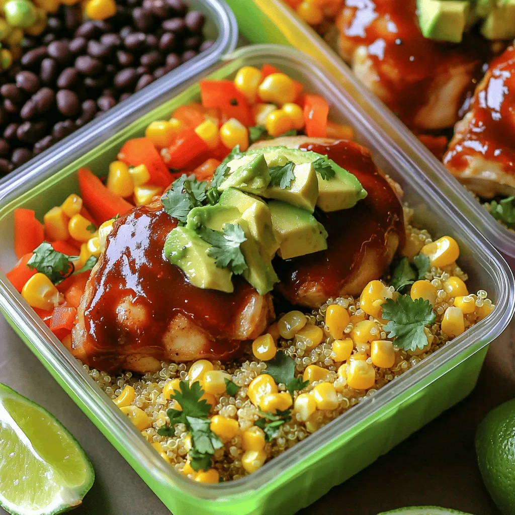 - 1 lb boneless, skinless chicken thighs (or pork) - 1 cup BBQ sauce (your favorite brand) - 2 cups cooked quinoa - 1 cup corn (fresh or frozen) - 1 cup black beans, rinsed and drained For these BBQ pork meal prep bowls, I like to start with boneless, skinless chicken thighs. They stay juicy and tender when cooked. You can also use pork if you prefer. Choose a BBQ sauce that you love. This sauce brings all the flavor to the dish. Next, I add cooked quinoa, which acts as a great base. Corn and black beans add color and protein. Together, these ingredients make a balanced meal. - 1 red bell pepper, diced - 1 avocado, diced - 1/4 cup chopped fresh cilantro Feel free to customize your bowls with more veggies. Diced red bell pepper adds crunch and sweetness. You can also add more greens, like spinach or kale, for extra nutrients. If you want to switch up the protein, consider using turkey or tofu. Toppings like diced avocado and chopped cilantro enhance the flavors. They make your meal look bright and fresh. - Approximately 450 calories per serving - 30g protein, 15g fat, 50g carbs - Gluten-free and dairy-free options available Each serving of these BBQ pork bowls has about 450 calories. You get around 30 grams of protein from the chicken or pork. The meal is also gluten-free and dairy-free, making it suitable for many diets. This balance of nutrients helps you stay full and energized throughout the day. To see the full recipe, check out the [Full Recipe]. To get the best flavor, marinate your chicken or pork with BBQ sauce. Use a large bowl for mixing. Make sure the meat is fully coated. You can use any brand of BBQ sauce you love. I suggest marinating for at least 30 minutes. For even better taste, marinate overnight in the fridge. This time helps the meat soak up all the flavors. When it’s time to cook, heat your grill or grill pan to medium-high. Remove the meat from the marinade, letting extra sauce drip off. Grill the chicken or pork for 5-7 minutes on each side. Use a meat thermometer to check the temperature. It should reach 165°F (75°C) to be safe. Once cooked, let the meat rest for a few minutes before slicing. This helps keep it juicy. Now, let’s cook the quinoa. Follow the package instructions for the best results. Once it’s done, fluff it with a fork and set it aside to cool. Next, grab a skillet and add olive oil over medium heat. Add corn and diced red bell pepper to the skillet. Sauté for about 5 minutes. You want them to be slightly charred but still crisp. Don’t forget to season with salt and pepper. This adds a nice touch to your bowls. To make meal prep easy, gather your ingredients ahead of time. Chop veggies and measure out grains like quinoa. This saves time during your cooking. I recommend cooking in batches, too. Make large amounts of protein and grains, then divide them into portions. This way, you can mix and match throughout the week. For a meal prep bowl that looks great, use colorful ingredients. Arrange items in sections. Place quinoa on one side, veggies on another, and protein in the center. This layered look makes your bowls inviting. Add a sprig of cilantro on top for a fresh touch. Vibrant containers also enhance the appeal. To reheat your BBQ pork meal prep bowls, use the microwave or oven. For the microwave, heat in short bursts. Stir the bowl after each burst for even warmth. If using an oven, cover the bowl with foil. This keeps moisture in and prevents drying out. Always check the temperature to keep flavors fresh and tasty. {{image_2}} You can easily swap out pork for other proteins. Turkey is a great choice. It has a mild flavor that pairs well with BBQ sauce. Tofu is another option. It soaks up flavors well and is plant-based. You can also try tempeh, which has a nutty taste. For BBQ sauce, you can change the flavor by adding honey or mustard. A spicy BBQ sauce can give your bowls a kick. If you want to change the grains, use rice, couscous, or farro. Brown rice adds a nutty taste. Couscous cooks quickly and is light. Farro has a chewy texture that’s nice. For a vegan meal, switch chicken for jackfruit or chickpeas. These options are high in fiber and protein. They also add a different texture to your meal prep bowls. Adding spices can boost the flavor of your dish. Try smoked paprika for a smoky taste. Cumin can add warmth and depth. For extra zest, squeeze fresh lime juice over your bowls. You can also mix in different sauces. Try ranch or a yogurt sauce to change the flavor profile. Top your bowls with crunchy toppings like nuts or seeds for added texture. To keep your BBQ pork meal prep bowls fresh, use airtight containers. Glass or BPA-free plastic works best. These containers help lock in flavor and moisture. If you plan to freeze, use freezer-safe containers. Avoid using regular plastic wrap, as it can tear easily. When storing in the fridge, place bowls on a middle shelf. This helps keep a steady temperature. Label containers with a date. This way, you know when to eat them. You can store BBQ pork meal prep bowls in the fridge for up to four days. In the freezer, they last about three months. Always check for spoilage before eating. Look for changes in color or smell. If you see any mold, toss it out. For frozen bowls, thaw them in the fridge overnight. This method keeps food safe. If you're in a hurry, use the microwave. Set it to defrost for quick results. When reheating, use the microwave or a skillet. If using a microwave, heat for two to three minutes. Stir halfway through to ensure even heat. If using a skillet, add a splash of water to keep things moist. Enjoy your meal! Yes, you can use various meats. Chicken thighs work great, but you can also try: - Beef brisket - Turkey breast - Tofu for a plant-based option - Pulled pork for a classic BBQ flavor Using different meats adds fun and variety to your meal prep. Each meat has its unique flavor and texture. Just remember to adjust cooking times to ensure everything cooks well. To keep quinoa fluffy, follow these tips: - Rinse the quinoa before cooking to remove the bitter coating. - Use a 1:2 ratio of quinoa to water for cooking. - Bring to a boil, then reduce to a simmer. - Cook uncovered until water is absorbed, about 15 minutes. - Let it sit covered for 5 minutes, then fluff with a fork. These steps help you achieve perfect, non-mushy quinoa. Leftover BBQ sauce is handy! Here are some creative uses: - Use it as a marinade for chicken or veggies. - Mix it into baked beans for added flavor. - Brush it onto grilled vegetables or meats. - Stir it into soups for a smoky taste. These ideas help you make the most of your BBQ sauce, reducing waste and boosting flavor. Customizing your meal prep bowls is easy! Here are some suggestions: - For gluten-free, ensure your BBQ sauce is gluten-free. - Swap quinoa for cauliflower rice for a low-carb option. - Add more veggies like spinach or zucchini for extra nutrients. - Choose different proteins like chickpeas for a plant-based meal. These options let you enjoy BBQ bowls that fit your dietary needs. For the full recipe, check out the detailed instructions above. In this post, we covered how to make BBQ pork meal prep bowls. We discussed the main ingredients like chicken or pork paired with quinoa, corn, and beans. I shared tips for marinating and cooking your protein, along with ways to customize your meal prep with add-ins. For storage, I offered best practices to keep your bowls fresh. Preparing these bowls can be both fun and satisfying. You gain tasty meals while saving time. Enjoy your cooking adventure!