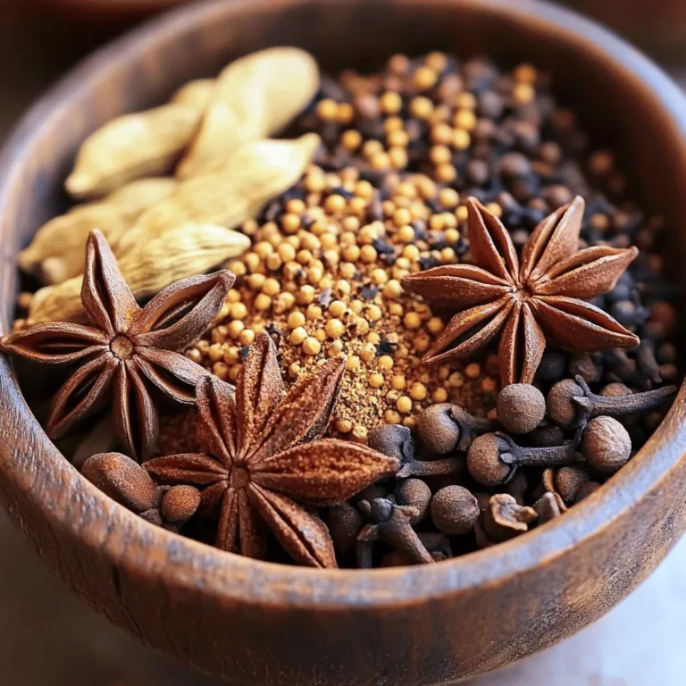 Chinese Five Spice Powder has five key spices. Each spice brings a unique flavor. Here is what you need: - 1 tablespoon star anise, whole - 1 tablespoon cloves, whole - 1 tablespoon Sichuan peppercorns - 1 tablespoon fennel seeds - 1 tablespoon cinnamon, ground Star anise gives a sweet and licorice flavor. Cloves add warmth and depth. Sichuan peppercorns create a tingling sensation. Fennel seeds offer a hint of sweetness. Cinnamon rounds it out with warmth. The usual ratio is one tablespoon of each spice. This mix creates a balanced flavor. You can adjust this based on your taste. Want more sweetness? Add more star anise or fennel seeds. Prefer warmth? Increase the cloves or cinnamon. Feel free to personalize your blend. You might add ginger for a spicy kick. Some people enjoy a touch of nutmeg for warmth. If you like heat, consider adding dried chili flakes. Experiment to find your perfect mix! For the full recipe, check out the Homemade Chinese Five Spice Powder section. To make Chinese Five Spice Powder, start with the right spices. You need: - 1 tablespoon star anise, whole - 1 tablespoon cloves, whole - 1 tablespoon Sichuan peppercorns - 1 tablespoon fennel seeds - 1 tablespoon cinnamon, ground In a dry skillet, add the whole star anise, cloves, Sichuan peppercorns, and fennel seeds. Use medium heat for this step. Toast the spices for about 3-5 minutes. Stir them often. You want them to become aromatic but not burnt. This step is crucial. Toasting brings out the flavors. Once done, remove the skillet from heat. Let the spices cool for a few minutes. After your spices cool, it’s time to grind them. Add the toasted spices and the ground cinnamon into a spice grinder or use a mortar and pestle. Grind until you have a fine powder. Once you achieve the right texture, store it. Transfer the ground spice mix into an airtight container. Keep it in a cool, dark place. It can last for several months. For the full recipe, check out the details above. Using Chinese Five Spice Powder can elevate your dishes. Start by adding it early during cooking. This lets the flavors mix well with other ingredients. You can use it in marinades, stir-fries, and soups. A little goes a long way, so start small. I suggest using half a teaspoon for most recipes. You can always add more if needed. One common mistake is adding too much spice. It can overpower your dish. Always taste as you cook. If you use Five Spice Powder in sweet dishes, balance it with sugar or honey. Another mistake is not toasting the spices. Toasting brings out the flavor and aroma. Follow the steps in the Full Recipe for the best results. To enhance flavors, mix Five Spice Powder with other spices. Pair it with garlic and ginger for a classic taste. Consider using it with soy sauce for a savory kick. You can also add it to roasted vegetables or meats. Don't forget to experiment and find your favorite combinations. {{image_2}} If you can't find one spice, don't worry. You can swap it out with something else. For star anise, use anise seeds or a bit of nutmeg. Instead of cloves, try allspice or cinnamon. If you need Sichuan peppercorns, regular black pepper works in a pinch. Fennel seeds can be replaced with dill seeds. Each swap will change the flavor, but it can still taste great. Some people love bold flavors, while others prefer mild ones. To make five spice powder milder, use less Sichuan peppercorn. You can also balance it by adding more ground cinnamon. For a spicier blend, increase the amount of Sichuan peppercorns. You can always mix small amounts until you find your perfect blend. Taste as you go to get the right flavor. Different regions have their own takes on five spice powder. In southern China, you might find more fennel and less star anise. Northern blends often use black pepper instead of Sichuan peppercorns. Some blends even add ginger or cardamom for a twist. Each version tells a story of local tastes and traditions. You can explore these variations in your cooking, making each dish unique. For a classic mix, try the recipe for homemade Chinese five spice powder. To keep your Chinese five spice powder fresh, store it in an airtight container. This helps prevent moisture and air from ruining its flavor. Choose a dark, cool place, like a pantry or cupboard. Avoid direct sunlight and heat, which can fade the spices quickly. A good rule is to use the powder within six months to a year for the best taste. You can tell if your five spice powder is old by its smell and taste. If it lacks a strong aroma, it may be time to toss it. A weak flavor means it's no longer fresh. You should also check for any clumping, which can happen if moisture gets in. If it clumps or smells off, it's best to replace it. Use glass jars or metal tins with tight seals for storage. These containers protect the spices from air and humidity. Label your containers with the date you made the spice mix. This helps you keep track of freshness. Remember, the right environment keeps the flavors alive. Store away from stoves or ovens where heat can sneak in. For a homemade version, check out the Full Recipe for a delightful blend! Chinese Five Spice Powder is a blend of five key spices. It usually includes: - Star anise - Cloves - Sichuan peppercorns - Fennel seeds - Ground cinnamon These spices create a warm, sweet, and spicy flavor. Each spice adds its unique taste, making the blend rich and complex. You can use Chinese Five Spice in many dishes. It works well in: - Marinades for meats - Stir-fries with vegetables - Soups for added depth - Rice dishes for flavor Start with a small amount. You can always add more if needed. It pairs nicely with soy sauce and ginger. Yes, you can easily make this blend at home. I recommend using the recipe for Homemade Chinese Five Spice Powder. You will need to toast the spices first, then grind them to a fine powder. This process brings out their flavors. Chinese Five Spice Powder has several health benefits. It can help with: - Digestion, thanks to fennel - Reducing inflammation with cloves - Boosting circulation from Sichuan peppercorns These spices offer a mix of flavor and health. Adding them to your meals can enhance both taste and wellness. In this article, we covered what Chinese five spice powder is, its key ingredients, and how to make it. I shared step-by-step instructions for preparation and storage. You learned tips to avoid common mistakes and enhance your dishes. We also discussed variations and substitutes to fit your taste. Always remember that this spice can transform your meals. Enjoy exploring the unique flavors of five spice powder in your cooking!