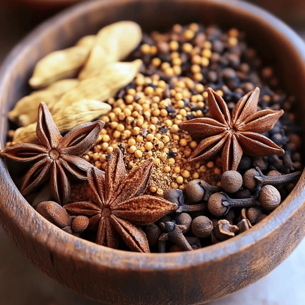 Chinese Five Spice Powder has five key spices. Each spice brings a unique flavor. Here is what you need: - 1 tablespoon star anise, whole - 1 tablespoon cloves, whole - 1 tablespoon Sichuan peppercorns - 1 tablespoon fennel seeds - 1 tablespoon cinnamon, ground Star anise gives a sweet and licorice flavor. Cloves add warmth and depth. Sichuan peppercorns create a tingling sensation. Fennel seeds offer a hint of sweetness. Cinnamon rounds it out with warmth. The usual ratio is one tablespoon of each spice. This mix creates a balanced flavor. You can adjust this based on your taste. Want more sweetness? Add more star anise or fennel seeds. Prefer warmth? Increase the cloves or cinnamon. Feel free to personalize your blend. You might add ginger for a spicy kick. Some people enjoy a touch of nutmeg for warmth. If you like heat, consider adding dried chili flakes. Experiment to find your perfect mix! For the full recipe, check out the Homemade Chinese Five Spice Powder section. To make Chinese Five Spice Powder, start with the right spices. You need: - 1 tablespoon star anise, whole - 1 tablespoon cloves, whole - 1 tablespoon Sichuan peppercorns - 1 tablespoon fennel seeds - 1 tablespoon cinnamon, ground In a dry skillet, add the whole star anise, cloves, Sichuan peppercorns, and fennel seeds. Use medium heat for this step. Toast the spices for about 3-5 minutes. Stir them often. You want them to become aromatic but not burnt. This step is crucial. Toasting brings out the flavors. Once done, remove the skillet from heat. Let the spices cool for a few minutes. After your spices cool, it’s time to grind them. Add the toasted spices and the ground cinnamon into a spice grinder or use a mortar and pestle. Grind until you have a fine powder. Once you achieve the right texture, store it. Transfer the ground spice mix into an airtight container. Keep it in a cool, dark place. It can last for several months. For the full recipe, check out the details above. Using Chinese Five Spice Powder can elevate your dishes. Start by adding it early during cooking. This lets the flavors mix well with other ingredients. You can use it in marinades, stir-fries, and soups. A little goes a long way, so start small. I suggest using half a teaspoon for most recipes. You can always add more if needed. One common mistake is adding too much spice. It can overpower your dish. Always taste as you cook. If you use Five Spice Powder in sweet dishes, balance it with sugar or honey. Another mistake is not toasting the spices. Toasting brings out the flavor and aroma. Follow the steps in the Full Recipe for the best results. To enhance flavors, mix Five Spice Powder with other spices. Pair it with garlic and ginger for a classic taste. Consider using it with soy sauce for a savory kick. You can also add it to roasted vegetables or meats. Don't forget to experiment and find your favorite combinations. {{image_2}} If you can't find one spice, don't worry. You can swap it out with something else. For star anise, use anise seeds or a bit of nutmeg. Instead of cloves, try allspice or cinnamon. If you need Sichuan peppercorns, regular black pepper works in a pinch. Fennel seeds can be replaced with dill seeds. Each swap will change the flavor, but it can still taste great. Some people love bold flavors, while others prefer mild ones. To make five spice powder milder, use less Sichuan peppercorn. You can also balance it by adding more ground cinnamon. For a spicier blend, increase the amount of Sichuan peppercorns. You can always mix small amounts until you find your perfect blend. Taste as you go to get the right flavor. Different regions have their own takes on five spice powder. In southern China, you might find more fennel and less star anise. Northern blends often use black pepper instead of Sichuan peppercorns. Some blends even add ginger or cardamom for a twist. Each version tells a story of local tastes and traditions. You can explore these variations in your cooking, making each dish unique. For a classic mix, try the recipe for homemade Chinese five spice powder. To keep your Chinese five spice powder fresh, store it in an airtight container. This helps prevent moisture and air from ruining its flavor. Choose a dark, cool place, like a pantry or cupboard. Avoid direct sunlight and heat, which can fade the spices quickly. A good rule is to use the powder within six months to a year for the best taste. You can tell if your five spice powder is old by its smell and taste. If it lacks a strong aroma, it may be time to toss it. A weak flavor means it's no longer fresh. You should also check for any clumping, which can happen if moisture gets in. If it clumps or smells off, it's best to replace it. Use glass jars or metal tins with tight seals for storage. These containers protect the spices from air and humidity. Label your containers with the date you made the spice mix. This helps you keep track of freshness. Remember, the right environment keeps the flavors alive. Store away from stoves or ovens where heat can sneak in. For a homemade version, check out the Full Recipe for a delightful blend! Chinese Five Spice Powder is a blend of five key spices. It usually includes: - Star anise - Cloves - Sichuan peppercorns - Fennel seeds - Ground cinnamon These spices create a warm, sweet, and spicy flavor. Each spice adds its unique taste, making the blend rich and complex. You can use Chinese Five Spice in many dishes. It works well in: - Marinades for meats - Stir-fries with vegetables - Soups for added depth - Rice dishes for flavor Start with a small amount. You can always add more if needed. It pairs nicely with soy sauce and ginger. Yes, you can easily make this blend at home. I recommend using the recipe for Homemade Chinese Five Spice Powder. You will need to toast the spices first, then grind them to a fine powder. This process brings out their flavors. Chinese Five Spice Powder has several health benefits. It can help with: - Digestion, thanks to fennel - Reducing inflammation with cloves - Boosting circulation from Sichuan peppercorns These spices offer a mix of flavor and health. Adding them to your meals can enhance both taste and wellness. In this article, we covered what Chinese five spice powder is, its key ingredients, and how to make it. I shared step-by-step instructions for preparation and storage. You learned tips to avoid common mistakes and enhance your dishes. We also discussed variations and substitutes to fit your taste. Always remember that this spice can transform your meals. Enjoy exploring the unique flavors of five spice powder in your cooking!