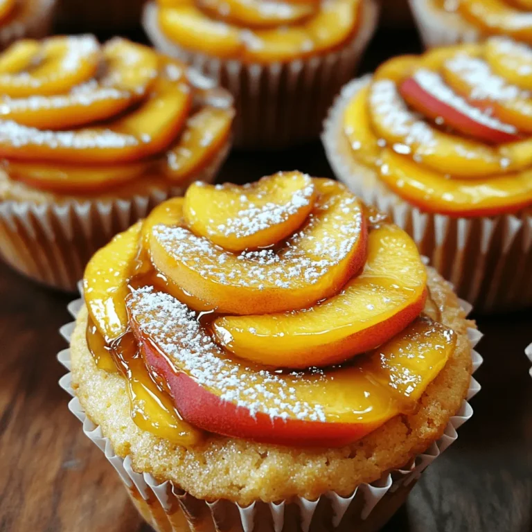 To make the peach upside-down cupcakes, you need fresh ingredients that blend well. Here’s what you will need: - 1 cup all-purpose flour - 1/2 teaspoon baking powder - 1/4 teaspoon baking soda - 1/4 teaspoon salt - 1/2 cup unsalted butter, softened - 3/4 cup brown sugar, packed - 1/2 teaspoon vanilla extract - 2 large eggs - 1/2 cup buttermilk - 2 ripe peaches, peeled, pitted, and sliced - 1 tablespoon granulated sugar (for peaches) - 1/2 teaspoon cinnamon (for peaches) These ingredients create a perfect blend of flavors. The peaches add sweetness and moisture. Brown sugar gives the cupcakes a rich flavor. The buttermilk keeps them soft and fluffy. I love using ripe peaches for their juicy sweetness. For a tasty twist, feel free to explore the full recipe. You can easily swap some ingredients. For instance, try gluten-free flour if needed. Each choice can change the flavor a bit, making it your own! Start by preheating your oven to 350°F (175°C). This step is important. It gets the oven ready for baking. Line a muffin tin with cupcake liners. This will help you easily remove the cupcakes later. Next, you will make the peach topping. Take two ripe peaches and peel, pit, and slice them. Place the slices in a small bowl. Add 1 tablespoon of granulated sugar and 1/2 teaspoon of cinnamon. Toss the peaches until they are well coated. Set them aside for later. In a medium bowl, whisk together 1 cup of all-purpose flour, 1/2 teaspoon of baking powder, 1/4 teaspoon of baking soda, and 1/4 teaspoon of salt. In a large bowl, cream 1/2 cup of softened unsalted butter and 3/4 cup of brown sugar. Mix this for about 3-4 minutes until fluffy. Beat in 2 large eggs, one at a time. Then add 1/2 teaspoon of vanilla extract. Finally, alternate adding the dry mix and 1/2 cup of buttermilk. Mix until just combined. Now it's time to fill your cupcake liners. Place a few peach slices at the bottom of each liner. Pack them tightly together. Gently spoon the batter over the peaches, filling each liner about 3/4 full. Bake in the preheated oven for 20-22 minutes. Check doneness with a toothpick. It should come out clean. After baking, allow the cupcakes to cool in the tin for 5 minutes. Carefully flip them onto a serving platter. You will see the peaches on top. These cupcakes are best served warm. You can dust them with powdered sugar or add a scoop of vanilla ice cream from the Full Recipe for a sweeter treat. To make perfect peach upside-down cupcakes, start with ripe peaches. They should be soft but not mushy. When mixing the batter, avoid over-mixing. This keeps the cupcakes light. Use room-temperature butter and eggs for a smooth mix. Make sure to alternate adding dry ingredients and buttermilk. This helps blend the batter evenly. Don’t skip the cooling step; it makes flipping easier. One common mistake is not measuring ingredients properly. Use a scale or measuring cups for accuracy. Another mistake is opening the oven door too soon. This can cause the cupcakes to sink. Also, check your oven's temperature. An oven thermometer can help ensure it’s correct. Lastly, avoid letting the cupcakes sit too long in the tin after baking. This can make them soggy. Serve your peach upside-down cupcakes warm for the best flavor. You can dust them with powdered sugar for a nice touch. A scoop of vanilla ice cream pairs well with these cupcakes. For a fun twist, try adding a drizzle of caramel sauce on top. You can also serve them with whipped cream for added creaminess. For the full recipe, check the previous sections. Enjoy! {{image_2}} You can easily swap peaches for other fruits. Try using ripe nectarines or plump cherries. Both fruits add a sweet and juicy burst. Pineapple works well too, bringing a tropical twist. Simply replace the peaches in the recipe with your chosen fruit. Adjust the sugar based on the fruit's sweetness for the best flavor. For a gluten-free version, use a blend of gluten-free flour. Brands like Bob's Red Mill offer great options. Make sure to check labels for safe ingredients. You will still use the same amounts as the all-purpose flour. The texture may vary slightly, but you will still enjoy delicious cupcakes. To make these cupcakes vegan, substitute the eggs with applesauce. Use a flaxseed mixture instead of eggs. Mix one tablespoon of ground flaxseed with three tablespoons of water. Let it sit until it thickens. For buttermilk, use almond milk with a splash of vinegar. This will keep your cupcakes moist and flavorful. For the full recipe, check the detailed instructions above. After making peach upside-down cupcakes, you may have some left. To store them, place them in an airtight container. Keep the container at room temperature for up to two days. If you need more time, refrigerate them. They will last about a week in the fridge. You can freeze these cupcakes for later. First, let them cool completely. Wrap each cupcake tightly in plastic wrap. Then, place them in a freezer bag or container. They can stay frozen for up to three months. When you're ready to enjoy them, simply thaw them in the fridge overnight. To reheat, preheat your oven to 350°F (175°C). Remove the cupcakes from any wrapping. Place them on a baking sheet and heat for about 5-10 minutes. You want them warm but not hot. If you prefer a microwave, heat each cupcake for 15-20 seconds. Enjoy them warm for the best taste! For the full recipe, check out the details above. Yes, you can use canned peaches. Make sure to drain them well. Canned peaches often have added sugar, so adjust your recipe if needed. Fresh peaches are best but canned can work in a pinch. Check your cupcakes after 20 minutes. Insert a toothpick in the middle. If it comes out clean, they are done. If not, bake for another 2-3 minutes. Keep an eye on them to avoid overbaking. These cupcakes pair well with whipped cream or vanilla ice cream. You can also serve them with fresh mint leaves for a pop of color. A drizzle of caramel sauce adds a sweet touch too. Start with fresh, ripe peaches for the best flavor. Cream the butter and sugar until light and fluffy. This step adds air to your batter. Be gentle when mixing in the dry ingredients. This keeps your cupcakes light and fluffy. Yes, you can adjust the sugar to your taste. If you prefer a less sweet cupcake, reduce the brown sugar. You can also use a sugar substitute if needed. Just keep in mind that it may change the texture slightly. For the peaches, you can use less granulated sugar too. For the full recipe, check out the Peachy Paradise Cupcakes section! You can make peach upside-down cupcakes with simple ingredients and steps. We discussed how to prepare the cupcakes, tips for baking, and fun variations. Remember, using fresh fruit adds great flavor. Baking can be tricky, but avoiding common mistakes helps ensure success. Whether you choose to customize or stick to the classic recipe, these cupcakes delight. Enjoy exploring your baking skills and sharing these treats with others. Happy baking!