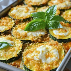 - 4 medium zucchinis - 1 cup breadcrumbs - 1/2 cup grated Parmesan cheese - 1 cup shredded mozzarella cheese - 2 large eggs - 1 teaspoon garlic powder - 1 teaspoon onion powder - 1 teaspoon dried oregano - Salt and pepper to taste - 2 tablespoons olive oil - Fresh basil leaves for garnish To make Baked Zucchini Parmesan, you need fresh and simple ingredients. Start with 4 medium zucchinis. Slice them into 1/4-inch rounds. They should be tender yet firm. You will also need 1 cup of breadcrumbs. Panko breadcrumbs give a great crunch, but regular ones work too. Next, grab 1/2 cup of grated Parmesan cheese. This cheese adds a salty flavor that everyone loves. You will also use 1 cup of shredded mozzarella cheese. Mozzarella melts beautifully, making your dish gooey and delicious. For binding, you'll need 2 large eggs. These help the coating stick to the zucchini slices. Now, let’s spice things up! Use 1 teaspoon of garlic powder for flavor. Add 1 teaspoon of onion powder for depth. Sprinkle in 1 teaspoon of dried oregano for that herby taste. Don’t forget to season with salt and pepper to taste. Finally, you’ll need 2 tablespoons of olive oil to make everything crispy. Fresh basil leaves are great for garnish. They add a pop of color and a fresh taste. You can find the full recipe to make this dish easily. - Preheat your oven to 400°F (200°C). - Prepare the baking sheet with parchment paper. Start by setting your oven to 400°F. This high heat helps the zucchini get crispy. While it warms up, line a baking sheet with parchment paper. This step keeps the zucchini from sticking. - Combine breadcrumbs and seasoning. - Whisk the eggs in a separate bowl. - Dip and coat each zucchini slice. Next, grab a shallow bowl. In it, mix the breadcrumbs, grated Parmesan, garlic powder, onion powder, oregano, salt, and pepper. Stir well so every crumb is seasoned. In another bowl, whisk the eggs until they look smooth. Now, take each zucchini slice. Dip it into the egg, letting the extra drip off. Then, coat it in the breadcrumb mix. Press down gently so the crumbs stick. This coating gives the zucchini its crunch. - Arrange the coated zucchini on the baking sheet. - Drizzle with olive oil. - Bake and add mozzarella cheese. Place the coated slices on the prepared baking sheet. Make sure they are not touching. This helps them cook evenly. Drizzle a little olive oil over them. This oil helps with crispiness. Now, bake in the preheated oven for 20-25 minutes. Flip the slices halfway through for even cooking. You want them golden brown and tender. After baking, take them out and sprinkle mozzarella on top. Return to the oven for another 5 minutes. This melts the cheese, making it bubbly and delicious. For full details, check the Full Recipe. To make your Baked Zucchini Parmesan super crunchy, use panko breadcrumbs. They add great texture. Spread the zucchini slices out evenly on the baking sheet. This helps them cook nicely and prevents sogginess. You can change the spice level to fit your taste. If you like heat, add some red pepper flakes. For more flavor, toss in extra herbs like thyme or basil. Fresh herbs can really elevate the dish. Make your dish look fresh by garnishing with basil leaves. They add a nice pop of color. Serve your zucchini with a side of marinara sauce for dipping or a fresh salad for balance. These simple touches make the meal more inviting. {{image_2}} You can switch up the cheese in this dish. Instead of Parmesan, try using Cheddar for a sharper flavor. Gouda melts well and adds a creamy texture. If you prefer vegan options, use cashew cheese or nutritional yeast. These alternatives keep the taste rich while meeting dietary needs. Want to spice things up? Add paprika or cayenne for a kick of heat. You can also mix in other vegetables. Diced bell peppers or mushrooms work great for a colorful medley. This not only boosts flavor but also adds more nutrients. Looking for a quick way to cook? Try an air fryer. It gives a similar crunch without the wait. You can also grill the zucchini for a smoky flavor. Just brush the slices with olive oil and place them on the grill. Both methods keep your dish tasty and fun. For the full recipe, check out the detailed steps. To store your baked zucchini parmesan, let it cool completely. Place it in an airtight container. This will keep the dish fresh. Use parchment paper between layers to avoid sticking. In the fridge, it will last for 3 to 5 days. You can also freeze baked zucchini parmesan for later. First, let it cool down. Then, wrap each piece tightly in plastic wrap. Place the wrapped pieces in a freezer bag. This method helps keep the flavor intact. It will stay good for about 2 to 3 months. To use, thaw it overnight in the fridge before reheating. When reheating, choose the oven for the best results. Preheat it to 350°F (175°C). Place the zucchini on a baking sheet and cover it with foil. This keeps it moist. Bake for about 15 minutes, or until heated through. If you use a microwave, heat in short intervals. This can make it soggy, so be careful. For crispiness, you can finish it in a hot oven for a few minutes. Yes, you can use yellow squash. Yellow squash has a similar taste and texture to zucchini. Both have a mild flavor that lets the spices shine. However, yellow squash is a bit sweeter. You may notice a slight difference in crunch. Use the same slicing method for even cooking. Both options will make a delicious dish! This recipe is not gluten-free due to the breadcrumbs. However, you can easily make it gluten-free. Simply replace regular breadcrumbs with gluten-free ones. Look for brands that use rice flour or cornmeal. These options give great crunch and flavor. You won’t miss the gluten at all! Baked Zucchini Parmesan pairs well with many dishes. You can serve it with a fresh salad. A simple Caesar or mixed green salad works great. Pasta is another good choice. Try serving it with marinara sauce for added flavor. Grilled chicken or fish also complements this dish nicely. For a light meal, enjoy it with a side of roasted vegetables. The options are endless! For the complete recipe, check out the Full Recipe. This blog post covered the delicious Baked Zucchini Parmesan recipe. We shared the main ingredients, step-by-step instructions, and tips for perfect results. You also learned about fun variations and storage methods. In closing, this dish is easy to make and tasty to eat. Try customizing it to your taste. Enjoy creating your own version and share it with friends!