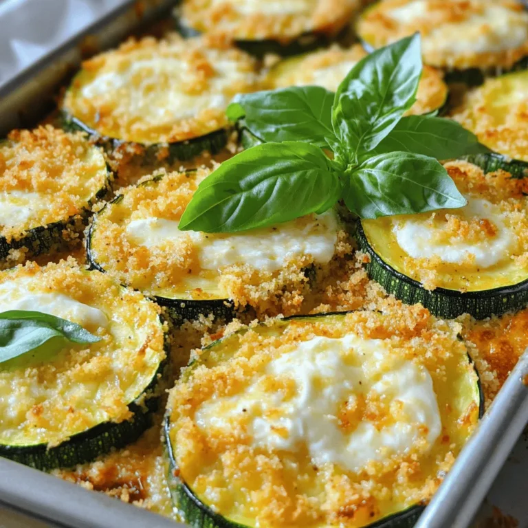 - 4 medium zucchinis - 1 cup breadcrumbs - 1/2 cup grated Parmesan cheese - 1 cup shredded mozzarella cheese - 2 large eggs - 1 teaspoon garlic powder - 1 teaspoon onion powder - 1 teaspoon dried oregano - Salt and pepper to taste - 2 tablespoons olive oil - Fresh basil leaves for garnish To make Baked Zucchini Parmesan, you need fresh and simple ingredients. Start with 4 medium zucchinis. Slice them into 1/4-inch rounds. They should be tender yet firm. You will also need 1 cup of breadcrumbs. Panko breadcrumbs give a great crunch, but regular ones work too. Next, grab 1/2 cup of grated Parmesan cheese. This cheese adds a salty flavor that everyone loves. You will also use 1 cup of shredded mozzarella cheese. Mozzarella melts beautifully, making your dish gooey and delicious. For binding, you'll need 2 large eggs. These help the coating stick to the zucchini slices. Now, let’s spice things up! Use 1 teaspoon of garlic powder for flavor. Add 1 teaspoon of onion powder for depth. Sprinkle in 1 teaspoon of dried oregano for that herby taste. Don’t forget to season with salt and pepper to taste. Finally, you’ll need 2 tablespoons of olive oil to make everything crispy. Fresh basil leaves are great for garnish. They add a pop of color and a fresh taste. You can find the full recipe to make this dish easily. - Preheat your oven to 400°F (200°C). - Prepare the baking sheet with parchment paper. Start by setting your oven to 400°F. This high heat helps the zucchini get crispy. While it warms up, line a baking sheet with parchment paper. This step keeps the zucchini from sticking. - Combine breadcrumbs and seasoning. - Whisk the eggs in a separate bowl. - Dip and coat each zucchini slice. Next, grab a shallow bowl. In it, mix the breadcrumbs, grated Parmesan, garlic powder, onion powder, oregano, salt, and pepper. Stir well so every crumb is seasoned. In another bowl, whisk the eggs until they look smooth. Now, take each zucchini slice. Dip it into the egg, letting the extra drip off. Then, coat it in the breadcrumb mix. Press down gently so the crumbs stick. This coating gives the zucchini its crunch. - Arrange the coated zucchini on the baking sheet. - Drizzle with olive oil. - Bake and add mozzarella cheese. Place the coated slices on the prepared baking sheet. Make sure they are not touching. This helps them cook evenly. Drizzle a little olive oil over them. This oil helps with crispiness. Now, bake in the preheated oven for 20-25 minutes. Flip the slices halfway through for even cooking. You want them golden brown and tender. After baking, take them out and sprinkle mozzarella on top. Return to the oven for another 5 minutes. This melts the cheese, making it bubbly and delicious. For full details, check the Full Recipe. To make your Baked Zucchini Parmesan super crunchy, use panko breadcrumbs. They add great texture. Spread the zucchini slices out evenly on the baking sheet. This helps them cook nicely and prevents sogginess. You can change the spice level to fit your taste. If you like heat, add some red pepper flakes. For more flavor, toss in extra herbs like thyme or basil. Fresh herbs can really elevate the dish. Make your dish look fresh by garnishing with basil leaves. They add a nice pop of color. Serve your zucchini with a side of marinara sauce for dipping or a fresh salad for balance. These simple touches make the meal more inviting. {{image_2}} You can switch up the cheese in this dish. Instead of Parmesan, try using Cheddar for a sharper flavor. Gouda melts well and adds a creamy texture. If you prefer vegan options, use cashew cheese or nutritional yeast. These alternatives keep the taste rich while meeting dietary needs. Want to spice things up? Add paprika or cayenne for a kick of heat. You can also mix in other vegetables. Diced bell peppers or mushrooms work great for a colorful medley. This not only boosts flavor but also adds more nutrients. Looking for a quick way to cook? Try an air fryer. It gives a similar crunch without the wait. You can also grill the zucchini for a smoky flavor. Just brush the slices with olive oil and place them on the grill. Both methods keep your dish tasty and fun. For the full recipe, check out the detailed steps. To store your baked zucchini parmesan, let it cool completely. Place it in an airtight container. This will keep the dish fresh. Use parchment paper between layers to avoid sticking. In the fridge, it will last for 3 to 5 days. You can also freeze baked zucchini parmesan for later. First, let it cool down. Then, wrap each piece tightly in plastic wrap. Place the wrapped pieces in a freezer bag. This method helps keep the flavor intact. It will stay good for about 2 to 3 months. To use, thaw it overnight in the fridge before reheating. When reheating, choose the oven for the best results. Preheat it to 350°F (175°C). Place the zucchini on a baking sheet and cover it with foil. This keeps it moist. Bake for about 15 minutes, or until heated through. If you use a microwave, heat in short intervals. This can make it soggy, so be careful. For crispiness, you can finish it in a hot oven for a few minutes. Yes, you can use yellow squash. Yellow squash has a similar taste and texture to zucchini. Both have a mild flavor that lets the spices shine. However, yellow squash is a bit sweeter. You may notice a slight difference in crunch. Use the same slicing method for even cooking. Both options will make a delicious dish! This recipe is not gluten-free due to the breadcrumbs. However, you can easily make it gluten-free. Simply replace regular breadcrumbs with gluten-free ones. Look for brands that use rice flour or cornmeal. These options give great crunch and flavor. You won’t miss the gluten at all! Baked Zucchini Parmesan pairs well with many dishes. You can serve it with a fresh salad. A simple Caesar or mixed green salad works great. Pasta is another good choice. Try serving it with marinara sauce for added flavor. Grilled chicken or fish also complements this dish nicely. For a light meal, enjoy it with a side of roasted vegetables. The options are endless! For the complete recipe, check out the Full Recipe. This blog post covered the delicious Baked Zucchini Parmesan recipe. We shared the main ingredients, step-by-step instructions, and tips for perfect results. You also learned about fun variations and storage methods. In closing, this dish is easy to make and tasty to eat. Try customizing it to your taste. Enjoy creating your own version and share it with friends!
