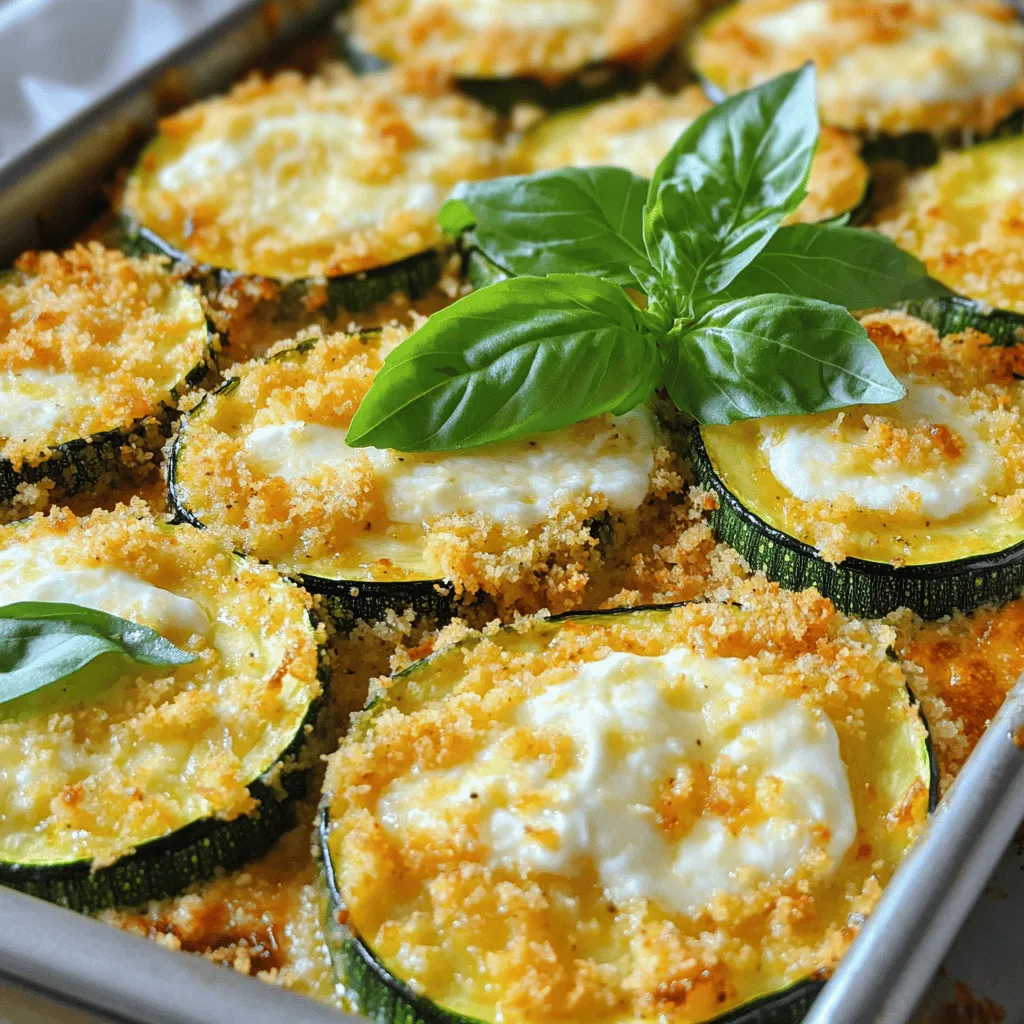- 4 medium zucchinis - 1 cup breadcrumbs - 1/2 cup grated Parmesan cheese - 1 cup shredded mozzarella cheese - 2 large eggs - 1 teaspoon garlic powder - 1 teaspoon onion powder - 1 teaspoon dried oregano - Salt and pepper to taste - 2 tablespoons olive oil - Fresh basil leaves for garnish To make Baked Zucchini Parmesan, you need fresh and simple ingredients. Start with 4 medium zucchinis. Slice them into 1/4-inch rounds. They should be tender yet firm. You will also need 1 cup of breadcrumbs. Panko breadcrumbs give a great crunch, but regular ones work too. Next, grab 1/2 cup of grated Parmesan cheese. This cheese adds a salty flavor that everyone loves. You will also use 1 cup of shredded mozzarella cheese. Mozzarella melts beautifully, making your dish gooey and delicious. For binding, you'll need 2 large eggs. These help the coating stick to the zucchini slices. Now, let’s spice things up! Use 1 teaspoon of garlic powder for flavor. Add 1 teaspoon of onion powder for depth. Sprinkle in 1 teaspoon of dried oregano for that herby taste. Don’t forget to season with salt and pepper to taste. Finally, you’ll need 2 tablespoons of olive oil to make everything crispy. Fresh basil leaves are great for garnish. They add a pop of color and a fresh taste. You can find the full recipe to make this dish easily. - Preheat your oven to 400°F (200°C). - Prepare the baking sheet with parchment paper. Start by setting your oven to 400°F. This high heat helps the zucchini get crispy. While it warms up, line a baking sheet with parchment paper. This step keeps the zucchini from sticking. - Combine breadcrumbs and seasoning. - Whisk the eggs in a separate bowl. - Dip and coat each zucchini slice. Next, grab a shallow bowl. In it, mix the breadcrumbs, grated Parmesan, garlic powder, onion powder, oregano, salt, and pepper. Stir well so every crumb is seasoned. In another bowl, whisk the eggs until they look smooth. Now, take each zucchini slice. Dip it into the egg, letting the extra drip off. Then, coat it in the breadcrumb mix. Press down gently so the crumbs stick. This coating gives the zucchini its crunch. - Arrange the coated zucchini on the baking sheet. - Drizzle with olive oil. - Bake and add mozzarella cheese. Place the coated slices on the prepared baking sheet. Make sure they are not touching. This helps them cook evenly. Drizzle a little olive oil over them. This oil helps with crispiness. Now, bake in the preheated oven for 20-25 minutes. Flip the slices halfway through for even cooking. You want them golden brown and tender. After baking, take them out and sprinkle mozzarella on top. Return to the oven for another 5 minutes. This melts the cheese, making it bubbly and delicious. For full details, check the Full Recipe. To make your Baked Zucchini Parmesan super crunchy, use panko breadcrumbs. They add great texture. Spread the zucchini slices out evenly on the baking sheet. This helps them cook nicely and prevents sogginess. You can change the spice level to fit your taste. If you like heat, add some red pepper flakes. For more flavor, toss in extra herbs like thyme or basil. Fresh herbs can really elevate the dish. Make your dish look fresh by garnishing with basil leaves. They add a nice pop of color. Serve your zucchini with a side of marinara sauce for dipping or a fresh salad for balance. These simple touches make the meal more inviting. {{image_2}} You can switch up the cheese in this dish. Instead of Parmesan, try using Cheddar for a sharper flavor. Gouda melts well and adds a creamy texture. If you prefer vegan options, use cashew cheese or nutritional yeast. These alternatives keep the taste rich while meeting dietary needs. Want to spice things up? Add paprika or cayenne for a kick of heat. You can also mix in other vegetables. Diced bell peppers or mushrooms work great for a colorful medley. This not only boosts flavor but also adds more nutrients. Looking for a quick way to cook? Try an air fryer. It gives a similar crunch without the wait. You can also grill the zucchini for a smoky flavor. Just brush the slices with olive oil and place them on the grill. Both methods keep your dish tasty and fun. For the full recipe, check out the detailed steps. To store your baked zucchini parmesan, let it cool completely. Place it in an airtight container. This will keep the dish fresh. Use parchment paper between layers to avoid sticking. In the fridge, it will last for 3 to 5 days. You can also freeze baked zucchini parmesan for later. First, let it cool down. Then, wrap each piece tightly in plastic wrap. Place the wrapped pieces in a freezer bag. This method helps keep the flavor intact. It will stay good for about 2 to 3 months. To use, thaw it overnight in the fridge before reheating. When reheating, choose the oven for the best results. Preheat it to 350°F (175°C). Place the zucchini on a baking sheet and cover it with foil. This keeps it moist. Bake for about 15 minutes, or until heated through. If you use a microwave, heat in short intervals. This can make it soggy, so be careful. For crispiness, you can finish it in a hot oven for a few minutes. Yes, you can use yellow squash. Yellow squash has a similar taste and texture to zucchini. Both have a mild flavor that lets the spices shine. However, yellow squash is a bit sweeter. You may notice a slight difference in crunch. Use the same slicing method for even cooking. Both options will make a delicious dish! This recipe is not gluten-free due to the breadcrumbs. However, you can easily make it gluten-free. Simply replace regular breadcrumbs with gluten-free ones. Look for brands that use rice flour or cornmeal. These options give great crunch and flavor. You won’t miss the gluten at all! Baked Zucchini Parmesan pairs well with many dishes. You can serve it with a fresh salad. A simple Caesar or mixed green salad works great. Pasta is another good choice. Try serving it with marinara sauce for added flavor. Grilled chicken or fish also complements this dish nicely. For a light meal, enjoy it with a side of roasted vegetables. The options are endless! For the complete recipe, check out the Full Recipe. This blog post covered the delicious Baked Zucchini Parmesan recipe. We shared the main ingredients, step-by-step instructions, and tips for perfect results. You also learned about fun variations and storage methods. In closing, this dish is easy to make and tasty to eat. Try customizing it to your taste. Enjoy creating your own version and share it with friends!