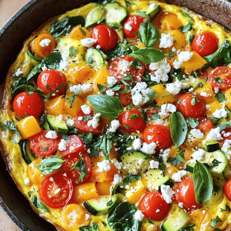 - 6 large eggs - 1/4 cup milk - 1 cup cherry tomatoes, halved - 1 cup fresh spinach - 1/2 cup diced bell peppers (red or yellow) - 1/2 cup diced zucchini - 1/2 cup finely chopped onion - 1/2 cup crumbled feta cheese - 1/4 cup chopped fresh basil - 1 teaspoon garlic powder - Salt and pepper to taste - 2 tablespoons olive oil - Additional cheese types (Parmesan, mozzarella) - Other vegetables (mushrooms, asparagus) - Meat options (bacon, sausage) To make a great frittata, you need a mix of fresh ingredients. The eggs form the base, while the milk adds a nice creaminess. I love using cherry tomatoes, as their sweetness brightens the dish. Fresh spinach offers color and nutrients. Bell peppers and zucchini add crunch and flavor. Feta cheese gives a salty kick. I often toss in fresh basil for an herbaceous note. Garlic powder enhances the overall taste. Use salt and pepper to balance flavors. Olive oil helps cook the veggies and prevents sticking. You can customize your frittata with more cheese or different veggies. Adding mushrooms or asparagus offers new tastes. If you want some meat, bacon or sausage works well too. All these options make each frittata unique and fun to create. Check out the Full Recipe for more details on how to prepare this delicious dish! Start by cracking 6 large eggs into a bowl. Next, pour in 1/4 cup of milk. This makes the frittata fluffy. Add a teaspoon of garlic powder, and sprinkle in salt and pepper to taste. Whisk all these ingredients together until smooth and well combined. In a large oven-safe skillet, heat 2 tablespoons of olive oil over medium heat. Once hot, add 1/2 cup of finely chopped onion and 1/2 cup of diced bell peppers. Sauté these for about 5 minutes. You want them softened and fragrant. Now, stir in 1/2 cup of diced zucchini and 1 cup of halved cherry tomatoes. Cook these for another 3-4 minutes until the tomatoes begin to soften. Then, add 1 cup of fresh spinach. Cook until it wilts, which takes about 1-2 minutes. Finally, pour the egg mixture evenly over the sautéed veggies. Gently stir to mix them all together. Let the frittata cook on the stovetop for 2-3 minutes. Watch closely as the edges begin to set. After that, transfer the skillet to a preheated oven at 375°F (190°C). Bake for 15-20 minutes. You’ll know it’s done when the frittata is fully set in the center and lightly golden on top. Enjoy your delicious creation! To make a great frittata, use fresh ingredients. Fresh spinach and ripe tomatoes shine in flavor. They bring your dish to life. The next step is cooking time. On the stovetop, gently cook the veggies until soft. This usually takes about 5-8 minutes. Then, bake it in the oven at 375°F (190°C) for 15-20 minutes. This ensures a fluffy texture. One common mistake is overcooking the frittata. This can make it dry. Watch it closely as it bakes. You want it set but still moist. Another mistake is slicing too soon. Let it cool for a few minutes after baking. This helps the frittata hold its shape. For sides, a fresh salad pairs well. You can also serve it with crusty bread. A light beverage, like sparkling water or white wine, complements it nicely. These sides enhance your meal and make it more satisfying. Explore different options to find your favorite! For the full recipe, check here. {{image_2}} You can boost your frittata flavor by adding herbs and spices. Fresh herbs like thyme or oregano bring a nice touch. They add depth and freshness to your dish. Using spices like paprika or cayenne can also spice things up. These ingredients create layers of flavor that make each bite exciting. Frittatas are great for mixing and matching fillings. You can choose meat or go vegetarian. Try adding cooked bacon or sausage for a hearty meal. For a lighter option, use seasonal veggies like asparagus or broccoli. These swaps add color and nutrition. Feel free to get creative with your favorite ingredients. Be careful with high-water content vegetables. Ingredients like cucumbers or mushrooms can make your frittata soggy. You should also avoid overly salty additions like certain cheeses or cured meats. Balancing the salt helps keep your frittata tasty without overpowering it. For a full recipe, check out the Italian Garden Frittata! To keep your frittata fresh, let it cool first. After cooling, slice it into pieces. Place the slices in an airtight container. This helps keep moisture in and air out. Use glass or plastic containers that seal well. Label the container with the date. This way, you know how long it has been stored. You can reheat your frittata in two ways: the microwave or the oven. For the microwave, place a slice on a microwave-safe plate. Heat it for about 30 seconds. Check if it’s warm. If not, heat for another 10 seconds. For the oven, preheat it to 350°F (175°C). Place the frittata slice on a baking sheet. Heat for about 10-15 minutes. This method helps keep the texture nice. Avoid overheating to keep it from drying out. Enjoy your delicious frittata again! A frittata is a thick Italian egg dish. It is similar to an omelet but has a few key differences. Unlike an omelet, a frittata cooks slowly and blends ingredients throughout. Frittatas often include vegetables, cheese, and meats mixed into the eggs. Differences between frittata and quiche: - Crust: Quiche has a pastry crust, while a frittata does not. - Texture: Quiches are creamy and custard-like, while frittatas are denser and fluffier. - Cooking method: Frittatas cook on the stovetop and finish in the oven. Quiches bake entirely in the oven. Yes, you can make frittata ahead of time. This dish holds well in the fridge. To prepare in advance, cook the frittata as normal and let it cool. Once cooled, slice it and wrap it tightly in plastic wrap. Store it in the fridge for up to three days. Tips on preparing frittata in advance: - Use fresh ingredients for the best flavor. - Cool completely before wrapping to avoid sogginess. - Reheat slices in the oven or microwave for a quick meal. To check if the frittata is done, look for a few signs. The edges will pull away from the skillet. The top should look set and slightly golden. A toothpick inserted in the center should come out clean. Signs of doneness for an Italian frittata: - Firm and set edges. - No liquid egg visible in the center. - Lightly browned top. Yes, you can freeze frittata. It freezes well and makes for a quick meal later. Best practices for freezing and thawing: - Wrap individual slices tightly in plastic wrap or foil. - Place wrapped slices in a freezer-safe bag or container. - Thaw overnight in the fridge before reheating. - Reheat in the oven or microwave until hot. For more details, check the Full Recipe for Italian Garden Frittata. In this article, we covered how to make a tasty frittata. You learned about the necessary ingredients, step-by-step instructions, and helpful tips. I shared common mistakes to avoid and ways to customize your dish. Frittatas are versatile, allowing for different flavors and ingredients. Remember, using fresh produce and not overcooking makes a big difference. Enjoy your frittata as a meal or snack. Happy cooking!