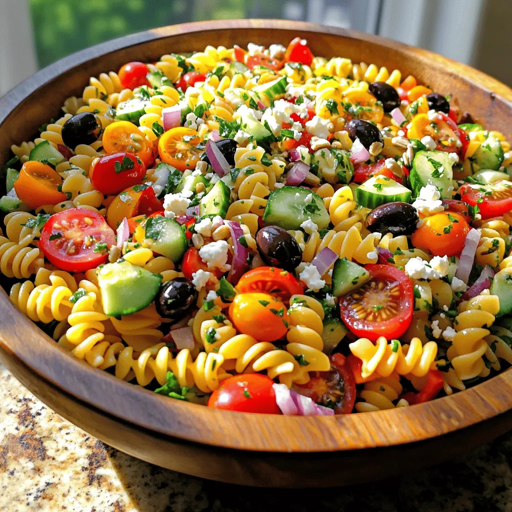 To make the best California Pasta Salad, you need a few key items: - 8 oz (about 2 cups) tri-color rotini pasta - 1 cup cherry tomatoes, halved - 1 cup cucumber, diced - 1 cup bell peppers (mixed colors), diced - 1/2 cup red onion, finely chopped - 1/2 cup black olives, sliced - 1/4 cup fresh parsley, chopped - 1/4 cup feta cheese, crumbled - 1/4 cup sunflower seeds - 1/4 cup olive oil - 3 tablespoons apple cider vinegar - 1 teaspoon garlic powder - 1 teaspoon dried oregano - Salt and pepper to taste These ingredients create a colorful and tasty salad. You can customize your salad with these fun add-ins: - Cheese options like mozzarella or goat cheese - Seeds like pumpkin or sesame for crunch - Protein options such as grilled chicken or canned tuna Adding these can make the salad more filling and flavorful. You will need some basic kitchen tools: - A cooking pot for boiling the pasta - Mixing bowls for combining ingredients - A whisk for making the dressing These items make the process easy and fun. For the full recipe, check out the details above. Enjoy making your California Pasta Salad! To start, boil a pot of water. Add a pinch of salt to the water. This helps flavor the pasta. Once the water is boiling, add 8 oz of tri-color rotini pasta. Cook it per the package instructions, usually about 8 to 10 minutes. Stir occasionally to keep it from sticking. After cooking, drain the pasta in a colander. Rinse it under cold water. This stops the cooking process and cools the pasta down. Make sure to rinse well to remove excess starch. This helps the pasta stay firm in the salad. Now, let’s prep the salad ingredients. Grab a large mixing bowl. Add the cooled pasta first. Next, slice 1 cup of cherry tomatoes in half and toss them in. Dice 1 cup of cucumber and add that too. Then, chop mixed bell peppers and finely chop 1/2 cup of red onion. Toss all these into the bowl. Next, slice 1/2 cup of black olives. Add them along with 1/4 cup of chopped fresh parsley. Mix all the ingredients gently. You want everything to be evenly distributed for great flavor in every bite. In a small bowl, whisk together the dressing. Combine 1/4 cup of olive oil and 3 tablespoons of apple cider vinegar. Then, add 1 teaspoon of garlic powder and 1 teaspoon of dried oregano. Season with salt and pepper to taste. Whisk until the dressing is well mixed. Pour the dressing over the pasta and vegetable mix. Gently toss everything together. Ensure the pasta and veggies are well coated. Lastly, fold in 1/4 cup of crumbled feta cheese and 1/4 cup of sunflower seeds. This adds a nice crunch. Let the salad chill in the refrigerator for at least 30 minutes. This helps the flavors blend better. For the full recipe, check out the instructions again. To boost the flavor of your California Pasta Salad, think about your seasonings. Start with salt and pepper. They help bring out the fresh taste of your veggies. You can also add garlic powder for a nice kick. If you want, sprinkle in a bit of red pepper flakes for heat. For a zesty twist, try a squeeze of lemon juice. This adds brightness that pairs well with the salad. Fresh herbs can take your salad to the next level. I love using parsley, but you can try basil or cilantro too. Just chop them finely and mix them in. They add a burst of flavor that makes each bite special. Prep work helps save time when making this salad. You can chop your veggies ahead of time. Store them in the fridge until you’re ready to mix. This way, you can whip up the salad quickly when you need it. You can also make the salad a day ahead. Just keep it in the fridge. The flavors will blend nicely overnight. Just remember to add the feta cheese and sunflower seeds right before serving to keep them fresh. California Pasta Salad pairs well with many sides. Grilled chicken or shrimp complements the flavors perfectly. You can also serve it with fresh bread or garlic bread for a hearty meal. For a great presentation, use a large, colorful bowl. Layer the salad to show off the vibrant colors of the veggies. Add some extra parsley on top for a pop of green. This makes the dish look inviting and appetizing. For the full recipe, check out the California Dreamin' Pasta Salad. {{image_2}} To give California pasta salad a Mediterranean twist, you can add different vegetables. Try artichoke hearts, sun-dried tomatoes, or zucchini for extra flavor. These veggies can change the taste and texture. You can also use alternative proteins. Chickpeas or grilled shrimp can boost the protein content. Both options add a unique taste and make the salad more filling. If you want a vegan or vegetarian version, simply remove dairy products. Skip the feta cheese and replace it with diced avocado for creaminess. You can also use nutritional yeast for a cheesy flavor without dairy. For plant-based protein suggestions, consider adding lentils or tofu. Both options add protein and fiber while keeping the salad light. California pasta salad can change with the seasons. In spring, add fresh peas or asparagus. In summer, use ripe tomatoes and sweet corn. Fall brings options like roasted butternut squash or Brussels sprouts. Winter can include hearty greens like kale. Make adjustments based on availability. Use what you have on hand. This makes the salad fresh and exciting each time you make it, and it helps you avoid waste. For the full recipe, check out California Dreamin' Pasta Salad. To keep your pasta salad fresh, use airtight containers. Glass or plastic containers work well. Make sure the lid fits tightly. This helps keep moisture in and air out. Store the salad in the fridge right after serving. This way, you preserve its great taste and crunch. Can you freeze pasta salad? Yes, you can freeze it, but it may change texture. Freezing can make the vegetables mushy. If you still want to freeze it, place the salad in a freezer-safe container. Make sure to leave some space at the top for expansion. To thaw, move the container to the fridge for several hours. If you want it quick, use the microwave on low power. After thawing, stir the salad and check the taste. You may need to add more dressing or seasoning. How long does pasta salad last in the fridge? It stays fresh for about 3 to 5 days. Keep an eye on it to ensure it stays tasty. Look for signs that it has spoiled. If the salad smells sour or looks slimy, it’s best to throw it away. Always trust your senses when it comes to food safety. For the full recipe, check out California Dreamin' Pasta Salad. Yes, you can make California Pasta Salad ahead of time. This dish tastes even better after sitting in the fridge. I suggest making it a few hours before serving. If you want the best flavor, chill it overnight. Just remember to keep it in a sealed container. California Pasta Salad stands out due to its bright colors and fresh flavors. The key ingredients that define it include: - Tri-color rotini pasta - Cherry tomatoes - Crunchy cucumbers - Mixed bell peppers - Black olives - Feta cheese - Fresh parsley These ingredients give it a fun, vibrant look and a tasty mix of textures. To make California Pasta Salad gluten-free, you can use gluten-free pasta. Many brands offer options like brown rice or quinoa pasta. Both work well and keep the same great taste. Just cook them according to the package instructions. This way, everyone can enjoy your salad! This blog post covered all you need for a tasty California pasta salad. We explored the essential ingredients and possible add-ins, along with clear instructions for cooking and mixing. I shared tips for flavor, time-saving, and serving ideas. You also learned about variations and how to store your salad. With these easy steps, you can create a fresh and delicious salad any time. Enjoy making it your own and share it with friends and family!