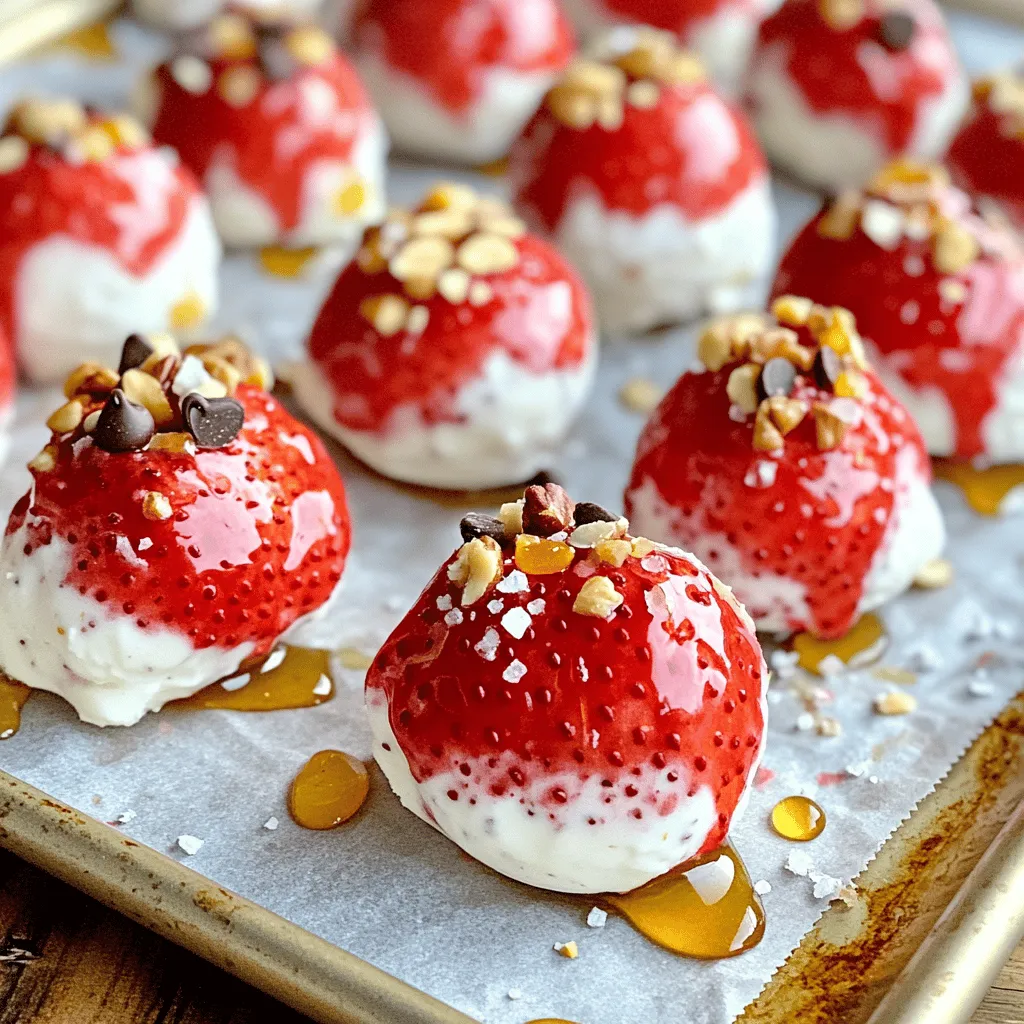 - 2 cups fresh strawberries - 1 cup Greek yogurt - 2 tablespoons honey or maple syrup - 1 teaspoon vanilla extract - Pinch of sea salt - Optional toppings The ingredients are simple and easy to find. I love using fresh strawberries because they add great flavor and color. Greek yogurt gives these clusters a creamy texture, while honey or maple syrup adds just the right sweetness. A touch of vanilla extract boosts the taste. The sea salt balances the sweetness. You can even add toppings like crushed nuts or mini chocolate chips for extra fun! - Calories per serving: Approximately 90 calories - Breakdown of macronutrients: - Protein: 3g - Carbohydrates: 15g - Fat: 2g - Health benefits of ingredients: Fresh strawberries are packed with vitamins and antioxidants. Greek yogurt is rich in protein and probiotics, which are good for your gut. Honey or maple syrup provides a natural sweetness without refined sugars. This snack is not just tasty; it's also good for you! First, gather your ingredients. You need fresh strawberries, Greek yogurt, honey or maple syrup, vanilla, and a pinch of sea salt. In a medium bowl, mix the yogurt with the honey or maple syrup. Add the vanilla and salt. Stir until it is smooth and creamy. This step is important because it adds flavor to your snack. Next, gently fold in the halved strawberries. Make sure each piece gets a nice coating of the yogurt mix. This helps the strawberries freeze well and taste great. Now, it's time to arrange the clusters. Line a baking sheet with parchment paper to prevent sticking. Using a spoon, drop clusters of the strawberry-yogurt mixture onto the sheet. Leave space between each cluster. If you want, sprinkle crushed nuts, shredded coconut, or mini chocolate chips on top. Put the baking sheet in the freezer. Freeze the clusters for at least three hours. This allows the yogurt to set and harden properly. You’ll know they are ready when they feel solid to the touch. To serve your Frozen Strawberry Yogurt Clusters, simply remove them from the freezer. Let them sit for a minute to soften a bit before eating. They make a great snack on their own. For a complete snack, pair them with some granola or a piece of dark chocolate. You can also enjoy them with a glass of almond milk for a refreshing treat. These clusters are not just tasty; they are also healthy and fun to eat! For the full recipe, check out the details above. - Choosing the right strawberries: Select ripe strawberries for the best taste. Look for bright red berries with no bruises. They should feel firm and smell sweet. Fresh strawberries give a nice flavor and a fun texture. - Achieving the perfect yogurt consistency: Use Greek yogurt for a thick and creamy base. Mix it with honey or maple syrup to add sweetness. The yogurt should coat the strawberries well, not be too runny. Aim for a smooth and thick mix that holds onto the fruit. - What to do if clusters are too icy: If your clusters turn out too icy, you might have used too much yogurt or not mixed it well. Try using a bit less yogurt next time or ensure the yogurt is fully blended. Let them sit out for a minute before eating. This will help soften them a bit. - Ensuring even yogurt coating on strawberries: To get an even coat, fold the strawberries gently into the yogurt. Avoid smashing them. Use a spoon to scoop yogurt over each piece. This step makes sure every strawberry gets a nice layer of yogurt. {{image_2}} You can change the flavor of your Frozen Strawberry Yogurt Clusters easily. Try using different fruits like blueberries or raspberries. These berries add a nice twist. You can also mix in bananas or peaches for a fun change. Another option is to swap the yogurt. You can use dairy yogurt, like Greek or regular. If you prefer a non-dairy option, try coconut or almond yogurt. Each type adds its own flavor and texture. The choice you make will change your clusters in a tasty way. Exploring toppings can make your clusters even more fun. Try adding granola for crunch. Seeds like chia or flax can add healthy fats. A sprinkle of cinnamon or nutmeg can give a warm, spicy kick. You can also think about seasonal variations. For holidays, use festive toppings like crushed candy canes or colored sprinkles. This makes your clusters a special treat for any occasion. You can find more ideas in the Full Recipe section. To keep your Frozen Strawberry Yogurt Clusters fresh, store them in an airtight container. This helps prevent freezer burn and keeps the flavors intact. You can also use freezer bags. Just make sure to remove as much air as possible before sealing. Always label your containers with the date. This way, you’ll know when you made them. It helps to keep track of freshness. These delicious clusters can stay good in the freezer for up to one month. After this time, they may not taste as great. Look out for signs that the clusters may no longer be good. If you see ice crystals forming or if they have a strange smell, it’s best to toss them out. They might still be safe, but the taste won’t be as nice. Enjoy them while they’re fresh for the best flavor! Can I use frozen strawberries? Yes, you can use frozen strawberries. Just thaw them first and drain any excess water. This will help keep the yogurt clusters from becoming too watery. Is this recipe suitable for meal prep? Absolutely! Frozen Strawberry Yogurt Clusters are great for meal prep. You can make a big batch and store them in the freezer. They are ready for a quick snack anytime. How can I make it lower in sugar? To lower the sugar, use less honey or maple syrup. You can also try a sugar substitute like stevia. Greek yogurt is already low in sugar, so you’re off to a good start! Are Frozen Strawberry Yogurt Clusters healthy? Yes, they are healthy! They use fresh strawberries and Greek yogurt, both packed with vitamins and protein. They make a great snack or dessert without all the guilt. How long does it take to make this recipe? The prep time is just 15 minutes. However, remember to freeze them for at least 3 hours. So, plan ahead if you want to enjoy them later! For the full recipe, check the details above. You learned how to make tasty Frozen Strawberry Yogurt Clusters. We covered the key ingredients, their nutrition, and easy steps to prepare them. I shared tips for the best results and variations to try, along with storage advice. This treat is simple, healthy, and fun. It works well as a snack or dessert. Enjoy your clusters and get creative with flavors and toppings! With this guide, you can make delicious snacks any time.
