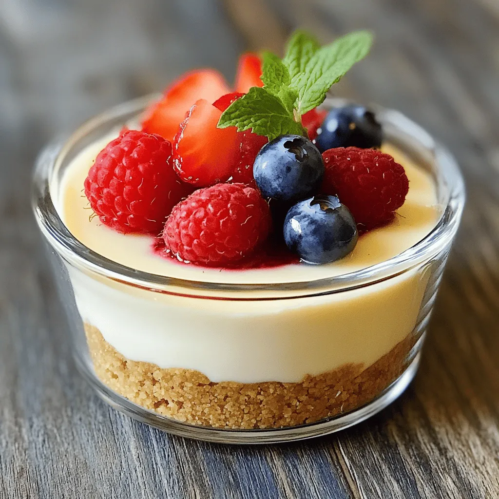 - Cream Cheese - Sugar - Sour Cream - Vanilla Extract - Heavy Cream - Crushed Cookies - Unsalted Butter - Fresh Berries - Mint Leaves Each ingredient plays a key role in making your cheesecake smooth and tasty. - Cream Cheese: This gives the cheesecake its rich and creamy base. Use softened cream cheese for easy mixing. - Sugar: This sweetens the cheesecake. Adjust it to match your taste. - Sour Cream: This adds a nice tang to balance the sweetness. - Vanilla Extract: This adds flavor depth. Use pure vanilla for the best taste. - Heavy Cream: This helps make the cheesecake light and fluffy. Whip it well. - Crushed Cookies: These form the crust. Graham crackers are a great choice. - Unsalted Butter: This binds the cookie crust together. Melt it before mixing. - Fresh Berries: These make a perfect topping. Use strawberries, blueberries, or raspberries. - Mint Leaves: These add a fresh touch to your dish. - Calories per serving: About 300 calories. - Macros breakdown: Approximately 22g fat, 30g carbs, and 4g protein. - Dietary considerations: This recipe is not gluten-free due to the cookies used. Substitute with gluten-free cookies if needed. You can find the full recipe [here](#). Enjoy making your delightful single-serve cheesecake! To start, gather your crushed cookies and melted butter. You can use any cookies you like, but I love Graham crackers for their classic taste. In a medium bowl, mix the crushed cookies and melted butter. Stir until the crumbs are coated and feel like wet sand. Next, grab a small serving glass or ramekin. Press the cookie mixture firmly into the bottom of the glass. Make sure it’s even and compact. For the best results, chill this in the freezer for about 10 minutes. This step helps the crust to set nicely. Now, let’s move on to the filling. Take your softened cream cheese and place it in a bowl. Beat it until it’s smooth and creamy. This step is key for a nice texture. Next, add in the granulated sugar, sour cream, and vanilla extract. Mix these together until they are well combined. In another small bowl, whip the heavy cream until it forms soft peaks. Gently fold this whipped cream into the cheesecake mixture. This helps to keep the filling light and fluffy. It’s time to put it all together! Spoon the cheesecake filling over the chilled crust in your glass. Use a spatula to smooth the top. After that, cover the glass with plastic wrap. Place it in the fridge for at least 2 hours. This chilling time is important for the cheesecake to set properly. When you’re ready to serve, add some fresh berries on top. Garnish with a sprig of mint for a pop of color and flavor. You can find the Full Recipe online for more details and tips! To make a smooth cheesecake, soften your cream cheese first. Cold cream cheese can make lumps. Let it sit at room temperature for about 30 minutes. This simple step makes a big difference. When adding whipped cream, use a gentle folding technique. Start by adding a small amount of whipped cream to the cheesecake mix. Stir just enough to combine. Then, fold in the rest slowly. This helps keep the mixture light and fluffy. One common mistake is overmixing the filling. Mixing too much can add air and change the texture. Mix just until everything blends well. Another mistake is not chilling the cheesecake long enough. You need to let it set for at least 2 hours. This helps the flavors develop and the cheesecake firm up. For a lovely look, serve the cheesecake in the glass. It gives a rustic vibe that is fun and easy. If you want something fancier, transfer it to a plate. Drizzle with berry compote for a touch of elegance. Garnish your cheesecake with fresh berries and a mint leaf. Berries add color and a burst of flavor. Mint brings a fresh note that complements the creaminess. {{image_2}} You can easily change the flavor of your cheesecake. Adding lemon zest brings a fresh, citrus twist. Just mix a teaspoon of lemon zest into the filling. It brightens the taste and adds a zing! You might also like to add chocolate or peanut butter. For chocolate, mix in two tablespoons of cocoa powder. For peanut butter, use two tablespoons of creamy peanut butter. Both options create a rich and delightful dessert. Try using different cookies for the crust. Oreos or vanilla wafers work great! Simply crush them the same way as Graham crackers. You can also make a no-bake crust using oats and melted coconut oil. This option gives a chewy texture. Just mix one cup of oats with two tablespoons of melted coconut oil. It’s simple and tasty! Seasonal fruits make great toppings. In spring, use fresh strawberries or blueberries. In summer, consider peaches or raspberries. In fall, try sliced apples or pumpkin puree. In winter, warm berry sauces add a cozy touch. You can also drizzle flavored syrups like caramel or chocolate over the top. These toppings not only look pretty but also enhance the flavor of your cheesecake. To keep your cheesecake fresh, store it in the fridge. Place it in an airtight container. If you used a glass, cover it with plastic wrap. This keeps the cheesecake from drying out and absorbing other smells. If you want to save some for later, you can freeze it. Wrap the cheesecake tightly in plastic wrap, then place it in a freezer bag. This helps prevent freezer burn. You can freeze it for up to two months. When you're ready to eat it, thaw it in the fridge overnight. In the fridge, your single serve cheesecake will stay fresh for about 3 to 5 days. After that, it may start to lose its taste and texture. To know if it’s no longer good, look for changes. If it smells off or has a strange texture, it’s best to throw it out. Always trust your senses! Enjoy your cheesecake while it’s fresh for the best taste. Yes, you can use low-fat cream cheese or sour cream. However, the texture may change. Low-fat options can make the cheesecake less creamy. The taste might also be less rich. If you want a lighter cheesecake, this is a good choice. Just expect some differences in flavor and feel. The ideal setting time is at least 2 hours. This allows the cheesecake to firm up perfectly. If you want a firmer texture, let it set longer, up to 4 hours. Remember to keep it in the fridge while it sets. This keeps it cool and tasty. Yes, you can make this cheesecake ahead of time. It stays fresh for about 2-3 days in the fridge. Cover it well to keep it from drying out. For the best taste, add toppings just before serving. This keeps the berries fresh and bright. You can find pre-made options at many grocery stores. Look for brands like Cheesecake Factory or individual bakery shops. These often come in fun flavors, like strawberry or chocolate. Check the frozen section too for more choices. Enjoying a store-bought cheesecake is great for quick treats! This cheesecake blog post covered the key ingredients, step-by-step instructions, and helpful tips to create a tasty treat. You saw how to prepare the crust, make the filling, and assemble everything perfectly. With variations and storage tips, you can customize this dessert for any occasion. Remember, the right texture and chilling time matter. You can enjoy this dessert with confidence, knowing it will impress your guests. So go ahead and make your own delicious single-serve cheesecake!