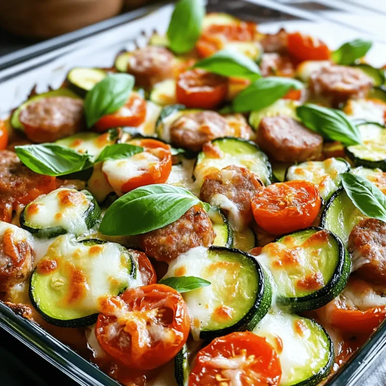 - 2 medium zucchinis, sliced - 1 pound Italian chicken sausage, casings removed - 1 cup cherry tomatoes, halved - 1 medium onion, diced - 3 cloves garlic, minced The main ingredients in this dish are fresh and full of flavor. Zucchini adds a nice texture and mild taste. The Italian chicken sausage packs a flavorful punch. Cherry tomatoes bring sweetness and color. Onions and garlic enhance the base of this meal, making it aromatic and hearty. - 1 cup shredded mozzarella cheese - 1 cup spinach, roughly chopped - 1 teaspoon dried oregano - 1 teaspoon dried basil - 2 tablespoons olive oil - Salt and pepper to taste The additional ingredients take this casserole to the next level. Mozzarella cheese melts beautifully on top, adding creaminess. Spinach gives a boost of nutrients and color. Dried oregano and basil add warmth and depth. Olive oil helps sauté the veggies and brings a rich flavor. Don't forget salt and pepper for seasoning! - 1/2 teaspoon red pepper flakes - Fresh basil for garnish For those who like a kick, add red pepper flakes. They spice things up without overpowering the dish. Fresh basil on top brings a lovely aroma and brightens the casserole. These simple enhancements make a big difference in taste. For the full recipe, check out the detailed instructions! 1. Preheat your oven to 375°F (190°C). This step ensures your casserole cooks evenly. 2. In a large skillet, heat 2 tablespoons of olive oil over medium heat. Once hot, add 1 medium diced onion. Sauté until it turns soft and clear, about 3-4 minutes. 3. Next, add 3 cloves of minced garlic. Stir for about 30 seconds until it smells great. 1. Now, add 1 pound of Italian chicken sausage to the skillet. Use a spatula to break it into small pieces. Cook until it turns brown and is fully cooked. 2. Stir in 2 medium sliced zucchinis, 1 cup of halved cherry tomatoes, and 1 cup of roughly chopped spinach. Add 1 teaspoon of dried oregano, 1 teaspoon of dried basil, and salt and pepper to taste. If you like it spicy, add 1/2 teaspoon of red pepper flakes. 3. Cook this mixture for about 5-7 minutes. You want the zucchinis to soften just a bit. 1. Transfer the sausage and vegetable mix into a greased 9x13 inch casserole dish. Make sure it spreads evenly. 2. Top the mixture with 1 cup of shredded mozzarella cheese. This will melt into a bubbly layer. 3. Bake in your preheated oven for 20-25 minutes. Look for the cheese to be golden brown and bubbly. 4. Once done, let it sit for about 5 minutes before serving. This helps the flavors settle. Garnish with fresh basil for added taste and color. For the complete recipe, check out the Full Recipe section. Enjoy your wholesome and savory meal! To cook sausage well, use medium heat. This helps it cook evenly. I like to break it into small pieces. This way, it browns nicely and adds flavor. For slicing zucchini evenly, use a sharp knife. Aim for slices about a quarter-inch thick. This helps them cook at the same time. If you have a mandoline, that works great too. Just be careful with your fingers! You can make a vegetarian version by using lentils or mushrooms instead of sausage. Both options add great texture and flavor. If you want alternative proteins, try turkey or pork sausage. Each gives a unique taste to the dish. For spices, I recommend using dried oregano and basil. They pair well with zucchini and sausage. If you like heat, add a pinch of red pepper flakes. Fresh herbs, like parsley or cilantro, can really brighten your casserole. Add them right before serving for the best flavor. {{image_2}} You can change the sausage to suit your taste. Try turkey or pork sausage for a different flavor. For a meat-free option, use plant-based sausage. Cheese is another area to explore. Swap mozzarella for cheddar or gouda. You can even try a vegan cheese for a dairy-free dish. Decide if you want a spicy or mild casserole. Add red pepper flakes if you like heat. You can also mix in fresh jalapeños for more spice. For a milder dish, skip the heat and focus on herbs. You can add more veggies too. Bell peppers, mushrooms, or squash make great additions. Let’s get creative with flavors! For Italian-style, add some diced bell peppers and fresh parsley. A sprinkle of Parmesan cheese on top will boost the Italian vibe. If you want Mediterranean flair, toss in olives or artichoke hearts. Use herbs like thyme or rosemary for an extra punch. Each twist makes the dish fun and new. For the complete cooking journey, check out the Full Recipe for Zucchini Sausage Casserole! For the best taste, cool your Zucchini Sausage Casserole before storing. Place it in an airtight container. This keeps it fresh and tasty. You can store leftovers in the fridge for up to four days. If you want to keep it longer, freezing is a great option. Wrap the casserole tightly in plastic wrap and then in aluminum foil to stop freezer burn. Reheating is easy! You can use the oven or microwave. For the oven, preheat it to 350°F (175°C). Place the casserole in a baking dish and cover it with foil. Heat for about 20 minutes. For the microwave, put your serving on a plate and heat for 1-2 minutes. Stir halfway through for even heating. Serve with a side salad for a full meal. In the fridge, your casserole lasts about four days. When frozen, it can last up to three months. After that, it may lose flavor and texture. Remember to label your containers with the date to keep track. Safe storage means more delicious meals! It takes about 45 minutes to cook Zucchini Sausage Casserole. You spend 15 minutes prepping and 25 minutes baking, plus a few minutes for cooling. This timing lets the flavors blend well. While it cooks, the cheese gets nice and bubbly. You can enjoy a warm, savory dish in no time. Yes, zucchini casserole is quite healthy. It contains fresh vegetables, lean protein, and good fats. Zucchini is low in calories and high in nutrients. Spinach adds vitamins and minerals. Using chicken sausage keeps the dish light but filling. This meal is a great choice for those looking to eat well. You can pair Zucchini Sausage Casserole with many sides. A simple green salad works well. You might also enjoy crusty bread or garlic bread. If you want something warm, serve it with a side of roasted veggies. Each option complements the casserole's flavors and adds variety to your meal. For the Full Recipe, check out the detailed instructions. To wrap up, we explored how to make a tasty Zucchini Sausage Casserole. We started with fresh ingredients like zucchini, sausage, and tomatoes. Then, we detailed the cooking steps and shared useful tips for flavor and storage. Remember, you can easily switch ingredients to match your taste. This dish is not just delicious; it’s also easy to prepare and customize. Enjoy your cooking adventure!