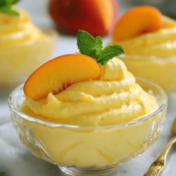 - 3 ripe peaches, peeled, pitted, and chopped - 1 tablespoon lemon juice - 1/4 cup sugar, adjust based on sweetness of peaches - 1 cup heavy cream - 1 teaspoon vanilla extract - 2 tablespoons gelatin powder - 1/4 cup cold water - 1/4 cup Greek yogurt, optional for extra creaminess - Fresh mint leaves for garnish Peach mousse requires fresh, ripe peaches. They give the best flavor and sweetness. You can find good peaches at your local market. Look for ones that are soft but not too mushy. The lemon juice helps keep the color bright. It adds a nice zing to the sweetness. Sugar is important, but you can adjust it. Taste the peach puree first. If the peaches are very sweet, you may need less sugar. Heavy cream creates a rich texture. Whipping it to soft peaks makes the mousse light and airy. Vanilla extract gives a warm flavor. You can use real vanilla beans for a more intense taste. Gelatin is key for setting the mousse. It makes the texture smooth. Dissolve it in cold water before adding it to the mix. This step is very important. Greek yogurt adds creaminess and a slight tang. It’s optional, but I love it for added depth. Finally, fresh mint leaves make a beautiful garnish. They add color and a fresh scent. - Variations with other fruits: You can mix in berries or mango for different flavors. - Sweetener alternatives for dietary needs: Try honey or agave syrup. They can replace sugar for a healthier option. This flexibility allows you to create a mousse that fits your taste. Play with textures and flavors to find your perfect mix! For the complete recipe, check out the Full Recipe section. To make the peach puree, start by blending the peaches with lemon juice. The lemon juice brightens the flavor and keeps the peaches fresh. Peel and pit three ripe peaches, then chop them. Place the chopped peaches and one tablespoon of lemon juice into a blender. Blend until the mixture is smooth. If the puree is too thick, you can add a little water to help it along. For a perfect puree, use ripe peaches. They should feel slightly soft when you press them. This ensures a sweet and juicy flavor. Blooming gelatin correctly is key to a smooth mousse. In a small bowl, sprinkle two tablespoons of gelatin powder over a quarter cup of cold water. Let it sit for about five minutes. This helps the gelatin absorb water and expand. After blooming, gently heat it in the microwave for ten seconds. Stir until it fully dissolves, but do not boil. Boiling can ruin the texture. Common mistakes include adding gelatin directly to hot liquids or not letting it bloom. Avoid these for the best results. Whipping cream is vital for a light texture. Use one cup of heavy cream for this recipe. Start by chilling your mixing bowl and beaters. Cold equipment helps achieve better volume. Whip the cream until you see soft peaks form. This means the cream holds some shape but still looks smooth. Next, add a quarter cup of sugar and one teaspoon of vanilla extract. Continue whipping until stiff peaks form. Stiff peaks hold their shape well and add airiness to the mousse. When combining ingredients, use a gentle folding technique. Start by adding the peach puree to the whipped cream. Use a spatula to fold them together gently. This keeps the mixture light and airy. If you want extra creaminess, fold in a quarter cup of Greek yogurt at this stage. This step is optional but adds a rich flavor. Be careful not to overmix. You want to maintain the whipped cream's volume for a fluffy mousse. Chilling the mousse is the final step. Pour the mixture into individual serving dishes or a large bowl. Chill it in the refrigerator for at least two hours. This allows the mousse to set properly. To check if it’s ready, gently shake the dish. If it wobbles slightly and holds its shape, it's set. The mousse should be smooth and creamy. For the best taste, serve it chilled with a slice of fresh peach and mint leaves on top. For the full recipe, refer to the earlier section. - Over-whipping the cream: When you whip cream, stop at stiff peaks. If you whip too long, it turns to butter. This ruins the smooth texture. - Not allowing gelatin to bloom properly: Blooming helps the gelatin dissolve evenly. If you skip this step, your mousse may not set well. Always let it sit in cold water for five minutes. - Presentation ideas for peach mousse: To impress guests, serve the mousse in clear cups. Garnish with a slice of fresh peach and a mint sprig. This adds color and freshness. - Pairing with other desserts or drinks: Peach mousse pairs well with light cakes or sorbets. For drinks, try it with a sparkling wine or iced tea. These choices enhance the fruity flavor. - Adjusting sweetness based on peach ripeness: Taste your peaches first. If they’re sweet, use less sugar. If they’re tart, add a bit more. This keeps your mousse balanced and delicious. - Adding spices or extracts for enhanced flavor: To elevate your mousse, think about adding cinnamon or nutmeg. A splash of almond extract can also bring depth. Just a little goes a long way! {{image_2}} To make a vegan peach mousse, you can use agar-agar instead of gelatin. Agar-agar is a seaweed-based thickener. It sets just like gelatin, but it is plant-based. You will need to dissolve it in boiling water. This creates a similar texture without any animal products. For the cream, use dairy-free alternatives. Coconut cream works well and adds a nice flavor. You can also try cashew cream for a lighter taste. Blending soaked cashews with water creates a smooth consistency. This combination gives you a creamy and delicious vegan mousse! If you want a lower-sugar option, consider natural sweeteners. Honey or maple syrup can replace refined sugar. These options add sweetness without too many calories. Adjust the amount based on your taste. You can also use stevia or erythritol for a diabetic-friendly choice. These sweeteners have little to no calories and won't spike blood sugar. Get creative with flavor variations! You can add other fruits like mango or raspberry. Mixing these fruits with peaches gives a fun twist. Try adding herbs or spices like mint or cinnamon. These can enhance the peach flavor and make your mousse unique. Experimenting with different flavors keeps the dessert fresh and exciting! For the complete recipe, check out the [Full Recipe]. To keep your peach mousse fresh, store it in the fridge. Use airtight containers to prevent odors and moisture from affecting the mousse. It stays good for 2 to 3 days in the fridge. Make sure to label your containers with the date. This helps you keep track of how long it's been stored. You can freeze peach mousse if you want to save it for later. Use a freezer-safe container to avoid freezer burn. Before freezing, leave some space at the top of the container. This allows the mousse to expand. It can last in the freezer for up to one month. For the best texture, avoid freezing if it has been garnished. To thaw, move it to the fridge for several hours or overnight. This helps it regain its creamy texture. You can also thaw it at room temperature for about 30 minutes. Avoid using a microwave, as it can change the texture. After you take the mousse out from the fridge or freezer, it may need some refreshing. Gently stir it to bring back the smoothness. If it's frozen, let it sit for a bit before stirring. For a beautiful presentation, use fresh peach slices and mint leaves. This adds color and freshness to your mousse. Serve it in clear cups or bowls to show off its lovely color. You can find the full recipe for this delightful dessert in the earlier sections. Peach mousse needs at least two hours in the fridge to set. If you serve it in smaller cups, it might set faster. Check after one hour for smaller servings. For best results, let it chill overnight. This helps all the flavors blend well. Yes, you can use frozen peaches! Just remember to thaw them first. Drain any excess water after thawing. This keeps your mousse from becoming too watery. Frozen peaches work well if fresh ones are not available. They still bring that sweet peach flavor. To reduce sweetness, you can cut back on sugar. Start with two tablespoons instead of a quarter cup. Taste the mixture as you mix. If it needs more sweetness, add a little sugar at a time. This way, you can control the sweetness to your liking. If you need a lighter option, try coconut cream or almond milk. These are good dairy-free choices. You can also use Greek yogurt for a creamier texture. Just remember, these may change the taste a bit. Experiment to find what you like best in your mousse. Peach mousse is simple and fun to make. You need ripe peaches, cream, and gelatin. You can add new fruits or adjust sugar for your taste. Follow the steps carefully to get the best texture. Chill it well and serve with mint for a lovely touch. Remember, practice makes perfect. Enjoy your peach mousse and get creative with flavors. It’s a treat you can easily share!