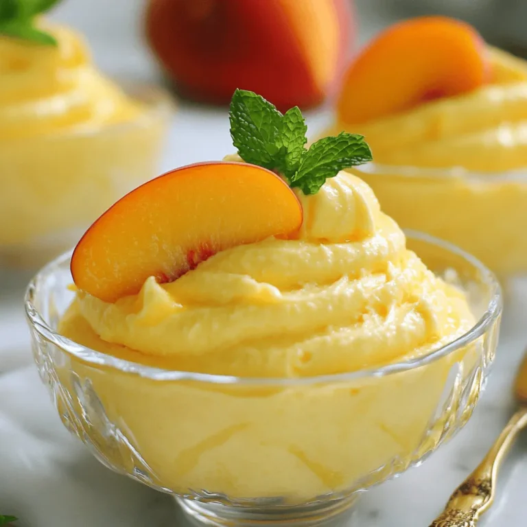 - 3 ripe peaches, peeled, pitted, and chopped - 1 tablespoon lemon juice - 1/4 cup sugar, adjust based on sweetness of peaches - 1 cup heavy cream - 1 teaspoon vanilla extract - 2 tablespoons gelatin powder - 1/4 cup cold water - 1/4 cup Greek yogurt, optional for extra creaminess - Fresh mint leaves for garnish Peach mousse requires fresh, ripe peaches. They give the best flavor and sweetness. You can find good peaches at your local market. Look for ones that are soft but not too mushy. The lemon juice helps keep the color bright. It adds a nice zing to the sweetness. Sugar is important, but you can adjust it. Taste the peach puree first. If the peaches are very sweet, you may need less sugar. Heavy cream creates a rich texture. Whipping it to soft peaks makes the mousse light and airy. Vanilla extract gives a warm flavor. You can use real vanilla beans for a more intense taste. Gelatin is key for setting the mousse. It makes the texture smooth. Dissolve it in cold water before adding it to the mix. This step is very important. Greek yogurt adds creaminess and a slight tang. It’s optional, but I love it for added depth. Finally, fresh mint leaves make a beautiful garnish. They add color and a fresh scent. - Variations with other fruits: You can mix in berries or mango for different flavors. - Sweetener alternatives for dietary needs: Try honey or agave syrup. They can replace sugar for a healthier option. This flexibility allows you to create a mousse that fits your taste. Play with textures and flavors to find your perfect mix! For the complete recipe, check out the Full Recipe section. To make the peach puree, start by blending the peaches with lemon juice. The lemon juice brightens the flavor and keeps the peaches fresh. Peel and pit three ripe peaches, then chop them. Place the chopped peaches and one tablespoon of lemon juice into a blender. Blend until the mixture is smooth. If the puree is too thick, you can add a little water to help it along. For a perfect puree, use ripe peaches. They should feel slightly soft when you press them. This ensures a sweet and juicy flavor. Blooming gelatin correctly is key to a smooth mousse. In a small bowl, sprinkle two tablespoons of gelatin powder over a quarter cup of cold water. Let it sit for about five minutes. This helps the gelatin absorb water and expand. After blooming, gently heat it in the microwave for ten seconds. Stir until it fully dissolves, but do not boil. Boiling can ruin the texture. Common mistakes include adding gelatin directly to hot liquids or not letting it bloom. Avoid these for the best results. Whipping cream is vital for a light texture. Use one cup of heavy cream for this recipe. Start by chilling your mixing bowl and beaters. Cold equipment helps achieve better volume. Whip the cream until you see soft peaks form. This means the cream holds some shape but still looks smooth. Next, add a quarter cup of sugar and one teaspoon of vanilla extract. Continue whipping until stiff peaks form. Stiff peaks hold their shape well and add airiness to the mousse. When combining ingredients, use a gentle folding technique. Start by adding the peach puree to the whipped cream. Use a spatula to fold them together gently. This keeps the mixture light and airy. If you want extra creaminess, fold in a quarter cup of Greek yogurt at this stage. This step is optional but adds a rich flavor. Be careful not to overmix. You want to maintain the whipped cream's volume for a fluffy mousse. Chilling the mousse is the final step. Pour the mixture into individual serving dishes or a large bowl. Chill it in the refrigerator for at least two hours. This allows the mousse to set properly. To check if it’s ready, gently shake the dish. If it wobbles slightly and holds its shape, it's set. The mousse should be smooth and creamy. For the best taste, serve it chilled with a slice of fresh peach and mint leaves on top. For the full recipe, refer to the earlier section. - Over-whipping the cream: When you whip cream, stop at stiff peaks. If you whip too long, it turns to butter. This ruins the smooth texture. - Not allowing gelatin to bloom properly: Blooming helps the gelatin dissolve evenly. If you skip this step, your mousse may not set well. Always let it sit in cold water for five minutes. - Presentation ideas for peach mousse: To impress guests, serve the mousse in clear cups. Garnish with a slice of fresh peach and a mint sprig. This adds color and freshness. - Pairing with other desserts or drinks: Peach mousse pairs well with light cakes or sorbets. For drinks, try it with a sparkling wine or iced tea. These choices enhance the fruity flavor. - Adjusting sweetness based on peach ripeness: Taste your peaches first. If they’re sweet, use less sugar. If they’re tart, add a bit more. This keeps your mousse balanced and delicious. - Adding spices or extracts for enhanced flavor: To elevate your mousse, think about adding cinnamon or nutmeg. A splash of almond extract can also bring depth. Just a little goes a long way! {{image_2}} To make a vegan peach mousse, you can use agar-agar instead of gelatin. Agar-agar is a seaweed-based thickener. It sets just like gelatin, but it is plant-based. You will need to dissolve it in boiling water. This creates a similar texture without any animal products. For the cream, use dairy-free alternatives. Coconut cream works well and adds a nice flavor. You can also try cashew cream for a lighter taste. Blending soaked cashews with water creates a smooth consistency. This combination gives you a creamy and delicious vegan mousse! If you want a lower-sugar option, consider natural sweeteners. Honey or maple syrup can replace refined sugar. These options add sweetness without too many calories. Adjust the amount based on your taste. You can also use stevia or erythritol for a diabetic-friendly choice. These sweeteners have little to no calories and won't spike blood sugar. Get creative with flavor variations! You can add other fruits like mango or raspberry. Mixing these fruits with peaches gives a fun twist. Try adding herbs or spices like mint or cinnamon. These can enhance the peach flavor and make your mousse unique. Experimenting with different flavors keeps the dessert fresh and exciting! For the complete recipe, check out the [Full Recipe]. To keep your peach mousse fresh, store it in the fridge. Use airtight containers to prevent odors and moisture from affecting the mousse. It stays good for 2 to 3 days in the fridge. Make sure to label your containers with the date. This helps you keep track of how long it's been stored. You can freeze peach mousse if you want to save it for later. Use a freezer-safe container to avoid freezer burn. Before freezing, leave some space at the top of the container. This allows the mousse to expand. It can last in the freezer for up to one month. For the best texture, avoid freezing if it has been garnished. To thaw, move it to the fridge for several hours or overnight. This helps it regain its creamy texture. You can also thaw it at room temperature for about 30 minutes. Avoid using a microwave, as it can change the texture. After you take the mousse out from the fridge or freezer, it may need some refreshing. Gently stir it to bring back the smoothness. If it's frozen, let it sit for a bit before stirring. For a beautiful presentation, use fresh peach slices and mint leaves. This adds color and freshness to your mousse. Serve it in clear cups or bowls to show off its lovely color. You can find the full recipe for this delightful dessert in the earlier sections. Peach mousse needs at least two hours in the fridge to set. If you serve it in smaller cups, it might set faster. Check after one hour for smaller servings. For best results, let it chill overnight. This helps all the flavors blend well. Yes, you can use frozen peaches! Just remember to thaw them first. Drain any excess water after thawing. This keeps your mousse from becoming too watery. Frozen peaches work well if fresh ones are not available. They still bring that sweet peach flavor. To reduce sweetness, you can cut back on sugar. Start with two tablespoons instead of a quarter cup. Taste the mixture as you mix. If it needs more sweetness, add a little sugar at a time. This way, you can control the sweetness to your liking. If you need a lighter option, try coconut cream or almond milk. These are good dairy-free choices. You can also use Greek yogurt for a creamier texture. Just remember, these may change the taste a bit. Experiment to find what you like best in your mousse. Peach mousse is simple and fun to make. You need ripe peaches, cream, and gelatin. You can add new fruits or adjust sugar for your taste. Follow the steps carefully to get the best texture. Chill it well and serve with mint for a lovely touch. Remember, practice makes perfect. Enjoy your peach mousse and get creative with flavors. It’s a treat you can easily share!