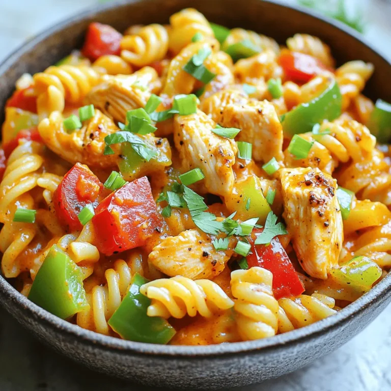 To make this dish, gather these key ingredients: - 2 tablespoons olive oil - 1 pound boneless, skinless chicken breast, cut into bite-sized pieces - 1 tablespoon Cajun seasoning - Salt and pepper to taste - 1 medium onion, diced - 3 cloves garlic, minced - 1 red bell pepper, diced - 1 green bell pepper, diced - 1 cup diced tomatoes (canned or fresh) - 2 cups chicken broth - 8 ounces penne pasta - 1 cup heavy cream - 1 cup shredded cheddar cheese - 1 green onion, sliced for garnish - Fresh parsley, chopped for garnish These ingredients blend together to create a rich flavor. The Cajun seasoning adds a spicy kick. The cream and cheese bring a smooth texture that makes each bite enjoyable. You can elevate the dish with these tasty add-ins: - 1 cup cooked shrimp for a seafood twist - 1 cup diced zucchini or squash for extra veggies - A handful of spinach for color and nutrients - A dash of hot sauce for those who love heat - Chopped bacon for a smoky flavor These options allow you to personalize your pasta. You can mix and match to suit your taste. If you have dietary needs or preferences, here are some swaps: - Use turkey or tofu instead of chicken for a lighter option. - Swap heavy cream for coconut milk for a dairy-free version. - Opt for gluten-free pasta for a gluten-free meal. - Use vegetable broth instead of chicken broth for a vegetarian option. Making these changes can help you enjoy this dish no matter your diet. You can still savor the rich flavors of One Pot Cajun Chicken Pasta. For the full recipe, check out the link. Start by heating 2 tablespoons of olive oil in a large pot over medium-high heat. Next, season 1 pound of chicken breast, cut into bite-sized pieces, with 1 tablespoon of Cajun seasoning, salt, and pepper. Cook the chicken in the pot until browned on all sides, about 5-7 minutes. Once browned, remove the chicken and set it aside. In the same pot, add a diced medium onion, 3 minced garlic cloves, and 1 each of diced red and green bell peppers. Sauté these for about 3-4 minutes until the veggies soften. Pour in 1 cup of diced tomatoes and mix well. Now, add 2 cups of chicken broth and bring it to a simmer. Stir in 8 ounces of penne pasta along with the browned chicken. Cover the pot and cook for 10-12 minutes. Stir occasionally until the pasta is al dente and has absorbed most of the liquid. To finish, lower the heat and stir in 1 cup of heavy cream and 1 cup of shredded cheddar cheese. Cook for another 2-3 minutes until the cheese melts and the sauce is creamy. Adjust the seasoning with salt and pepper if needed. If you use an Instant Pot, brown the chicken on the sauté setting. Then, follow the same steps but cook the pasta under high pressure for 4 minutes. Use a quick release method to finish. For slow cookers, brown the chicken first in a pan. Transfer everything to the slow cooker and cook on low for 4-6 hours. Add the cream and cheese in the last 30 minutes. To prevent overcooking, keep an eye on the pasta. Stir it occasionally to avoid sticking. Pasta should be al dente, which takes about 10-12 minutes. If you prefer softer pasta, you can cook it a bit longer. Just remember to check frequently! For the best results, let the dish sit for a few minutes after cooking. This allows it to thicken nicely. Enjoy your meal with a sprinkle of green onions and parsley for extra flair! When making One Pot Cajun Chicken Pasta, avoid overcooking the chicken. Cook it just until browned. If you overcook it, it can get dry and tough. Another mistake is under-seasoning the dish. Cajun seasoning is key, so don’t hold back. Make sure to stir the pasta often. This keeps it from sticking to the bottom of the pot. Also, remember to check the pasta for doneness. It should be al dente, which means it’s firm but not hard. Lastly, do not skip the heavy cream. It adds the creamy texture that makes this dish special. To kick up the heat, add more Cajun seasoning. You can also add diced jalapeños or a dash of hot sauce. If you prefer it milder, reduce the Cajun seasoning by half. Using less can help keep the flavors without the heat. You can also replace the cheddar cheese with a milder cheese like mozzarella. This will make the dish creamy but less spicy. Taste as you go to find the right balance for you. One Pot Cajun Chicken Pasta pairs well with a light salad. A simple green salad with vinaigrette will balance the rich flavors. You can also serve it with garlic bread. The bread is perfect for soaking up the creamy sauce. For a heartier meal, add roasted vegetables on the side. Roasting brings out their natural sweetness. If you want a refreshing drink, pair it with iced tea or lemonade. These drinks will complement the spices nicely. For the full recipe, check out the One Pot Cajun Chicken Pasta. {{image_2}} To make a vegetarian version, skip the chicken. Use hearty veggies like mushrooms, zucchini, and spinach. These add texture and flavor. You can still use the same spices. The Cajun seasoning brings a nice kick. Cook the veggies in olive oil until soft. Then, follow the same steps as the original recipe. The pasta will soak up all those great flavors. If you love seafood, add shrimp or scallops. Start by cooking the seafood in olive oil. Remove it once it’s cooked. Follow the main recipe, adding seafood back at the end. This way, the seafood stays tender. You can also use crab or crawfish for a unique twist. Just adjust the cooking time to make sure it cooks perfectly. For a creamy Cajun pasta bake, make the dish as usual. After mixing in the cheese, transfer it to a baking dish. Top with more cheese and breadcrumbs for a crunchy top. Bake at 350°F for 20 minutes. This gives you a crispy layer and creamy inside. Serve it hot for a comforting meal. You can find the full recipe for more details. To store your One Pot Cajun Chicken Pasta, let it cool first. Place it in an airtight container. Make sure to press out the air before sealing. This helps keep it fresh. You can store it in the fridge for up to three days. When you're ready to eat, you can reheat the pasta on the stove or microwave. If using the stove, add a splash of chicken broth to help it stay moist. Stir frequently over low heat until warm. If using a microwave, cover the bowl with a lid or plastic wrap. Heat in short bursts, stirring in between, until hot. If you want to freeze your pasta, do it as soon as it cools. Use freezer-safe containers or bags. Label them with the date. This dish can last up to three months in the freezer. To thaw, move it to the fridge overnight before reheating. Cajun seasoning is a mix of spices. It often includes paprika, garlic powder, and cayenne pepper. This blend gives dishes a bold and spicy flavor. It comes from Louisiana cooking. You can buy it pre-made or mix your own at home. Yes, you can use other pasta shapes. Bowtie, fusilli, or even spaghetti work well. Just make sure to adjust the cooking time. Each pasta shape has a different cooking time. Always check the package for directions. You can prepare the dish in advance. Cook everything, but leave out the cream and cheese. Store it in the fridge for up to three days. When ready, heat it up and add the cream and cheese. This keeps the sauce fresh and creamy. You can serve this dish with a simple salad. A green salad with a light dressing works well. Garlic bread is also a great side. It complements the pasta's rich flavors. Yes, this dish is great for meal prep. It stores well in containers for lunch or dinner. Just remember to cool it before sealing. Reheat it in the microwave or on the stove. Enjoy a tasty meal any day! For the full recipe, refer to the One Pot Cajun Chicken Pasta. In this article, we explored how to make One Pot Cajun Chicken Pasta. We covered essential ingredients, cooking steps, and helpful tips to perfect your dish. You can tweak flavors and even adapt it for dietary needs. Whether you want a creamy bake or a veggie option, there's a recipe for you. With proper storage and reheating tips, you can enjoy this meal multiple times. Dive into your kitchen and make this flavorful dish today!