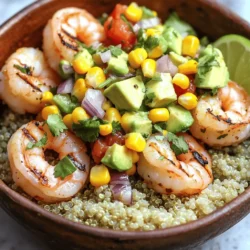 - 1 pound large shrimp, peeled and deveined - 2 tablespoons olive oil - 2 teaspoons smoked paprika - 1 teaspoon garlic powder - Salt and pepper to taste The main stars of the dish are the large shrimp. They are meaty and take on flavor well. You want to peel and devein them to make eating easy. Olive oil is key for keeping the shrimp moist and adds a nice flavor. For spices, smoked paprika gives a great depth. Garlic powder brings in a tasty kick. Don’t forget to add salt and pepper to round out the flavors. - 1 avocado, diced - 1 cup fresh corn kernels (or canned, drained) - 1 small red onion, finely chopped - 1 medium tomato, diced - 1 lime, juiced Next, we have the salsa. The avocado adds a creamy texture. You can use fresh corn for a sweet crunch or canned corn if that's what you have. Red onion gives a nice bite, while the tomato adds freshness. A squeeze of lime juice brightens everything up. This salsa is not just tasty; it also adds color and texture. - 1 cup cooked quinoa - Fresh cilantro, chopped (for garnish) For the base, cooked quinoa gives a nutty flavor and is full of protein. It holds the bowl together and makes it filling. You can top your dish with fresh cilantro. It adds a burst of flavor and makes the bowl look amazing. This dish is perfect for a healthy meal that feels special. If you want the full recipe, check out the details above. Prepping the grill Start by preheating your grill to medium-high heat. If you use wooden skewers, soak them in water for thirty minutes. This step helps stop them from burning on the grill. Marinating the shrimp In a big bowl, mix the shrimp with olive oil, smoked paprika, garlic powder, salt, and pepper. Toss the shrimp well so they get coated evenly. This marinade adds flavor and keeps the shrimp juicy. Grilling shrimp perfectly Once your grill is hot, it's time to grill the shrimp. If you want, thread the shrimp onto skewers. Grill each side for about two to three minutes. The shrimp will turn pink and opaque when done. Take them off the grill and set them aside. Making the avocado and corn salsa In a separate bowl, mix diced avocado, corn, red onion, tomato, and lime juice. Stir well and season with salt and pepper. This salsa adds a fresh and tasty crunch to your bowl. Layering ingredients for the bowl To build your bowl, start with a scoop of cooked quinoa at the bottom. Next, add the grilled shrimp on top. Finally, load it with a generous scoop of the avocado and corn salsa. Garnishing suggestions For the final touch, sprinkle freshly chopped cilantro on top. This adds a pop of color and flavor to your dish. Enjoy your Grilled Shrimp Bowl with Avocado and Corn Salsa! For the complete recipe, check [Full Recipe]. Grilling shrimp is easy, but a few tips help. First, make sure your grill is hot. The heat helps create a nice sear. Use a bit of oil on the grill grates to prevent sticking. Avoid overcooking shrimp. They cook fast, usually in 2-3 minutes per side. When they turn pink and opaque, they’re done. If you cook them too long, they get tough and rubbery. To enhance the flavor of your salsa, use fresh ingredients. Fresh lime juice adds a bright taste. You can also add a pinch of cumin for warmth. If you don’t have fresh corn, canned corn works well. If you want a twist, add diced mango or jalapeño for sweetness or heat. Make your dish pop with color. Start with a bed of quinoa in a bowl. Arrange the grilled shrimp on top. Add the avocado and corn salsa generously. For a final touch, sprinkle fresh cilantro on top. You can also serve with lime wedges on the side. This adds a fresh look and extra flavor. For the full recipe, check out the recipe section. {{image_2}} You can switch the shrimp for chicken or tofu. Chicken thighs work great. Just cut them into bite-sized pieces. Marinate them the same way as the shrimp. Grill until they reach 165°F. For tofu, choose firm tofu. Press it to remove excess water, then cut it into cubes. Toss with the same oil and spices. Grill until golden brown. Both options offer tasty and satisfying protein. Want to change the flavor? You can add spices like cumin or chili powder. These spices give the dish a nice kick. You can also use fresh herbs like basil or parsley for a twist. Adding different veggies can make it special. Try bell peppers, zucchini, or snap peas. Chop them small and mix them into the salsa for a colorful touch. Instead of quinoa, you can use rice or lettuce wraps. Brown rice adds a nutty flavor, while white rice keeps it light. For lettuce wraps, use large leaves, like romaine. Fill them with the shrimp and salsa for fun finger food. You can also serve the bowl with sides like black beans or a simple green salad for extra nutrition. For the full recipe, check out the instructions above to get started on your own grilled shrimp bowl with avocado and corn salsa! To keep your grilled shrimp fresh, store it in an airtight container. Place it in the fridge. Use it within 2 days for the best taste. Make sure the shrimp cools before you store it. For the salsa, transfer it to a separate airtight container. The salsa will stay fresh for up to 3 days. To prevent browning, add a little extra lime juice on top. To reheat shrimp, the best method is using the stovetop. Heat a skillet over medium heat. Add a splash of olive oil and warm the shrimp for about 2-3 minutes. Stir gently to avoid overcooking. For salsa, do not heat it. Serve it cold for the best flavor. If it sits too long, the flavors may change. Just mix it up before serving. You can prep ingredients a day ahead. Clean and devein shrimp then store it with seasoning in the fridge. It will save time during cooking. For the salsa, chop the veggies and mix them in a bowl. Store the salsa mix in the fridge. Keep the avocado separate until serving to keep it fresh. You should grill shrimp for about 2-3 minutes on each side. They cook quickly and will turn pink and opaque when done. Overcooking shrimp makes them tough. Keep an eye on them while grilling for the best texture. Yes, you can make the avocado and corn salsa in advance. However, it’s best to add the avocado right before serving. This keeps it fresh and green. Prepare the corn, onion, tomato, and lime juice ahead. Mix them, then add avocado later. If you want a substitute for quinoa, try brown rice or farro. Both work well and add great texture. You can also use cauliflower rice for a low-carb option. Each of these choices gives a nice base for your grilled shrimp bowl. For the full recipe, check out the Grilled Shrimp Bowl with Avocado and Corn Salsa ! This blog post outlined a delicious shrimp bowl you can easily make. You learned about the main ingredients, including shrimp and fresh salsa with avocado and corn. I shared step-by-step instructions to grill the shrimp and assemble the bowl. Helpful tips showed how to avoid common mistakes and make your dish shine. You can even switch proteins or bases for variety. With these guiding points, you'll create a tasty and vibrant meal. Enjoy experimenting and making this bowl your own!
