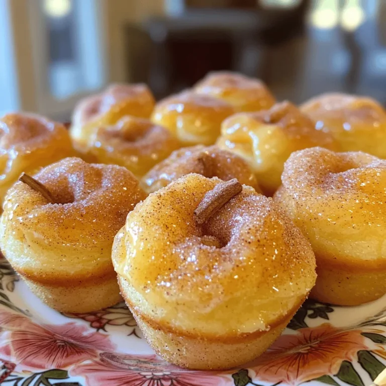 When making Cinnamon Sugar Donut Muffins, you need a handful of simple ingredients. Here’s what you will use: - 1 ½ cups all-purpose flour - ½ cup granulated sugar - 2 teaspoons baking powder - ½ teaspoon baking soda - ½ teaspoon salt - 1 teaspoon ground cinnamon (plus extra for topping) - 1 large egg - ½ cup buttermilk (or milk with 1 teaspoon vinegar) - ⅓ cup vegetable oil - 1 teaspoon vanilla extract - ¼ cup unsalted butter, melted (for coating) - ½ cup sugar mixed with 1 tablespoon ground cinnamon (for coating) These ingredients create a lovely mix. They blend well to give you soft, sweet muffins with a crunchy, cinnamon-sugar topping. The buttermilk adds richness, while the baking powder and baking soda help the muffins rise perfectly. You’ll love the aroma of cinnamon as you bake. For a full exploration of how to make these delightful treats, check out the Full Recipe. - Preheat your oven to 350°F (175°C). - Grease a muffin tin or line it with muffin liners. - In a medium bowl, whisk together: - 1 ½ cups all-purpose flour - ½ cup granulated sugar - 2 teaspoons baking powder - ½ teaspoon baking soda - ½ teaspoon salt - 1 teaspoon ground cinnamon Mix until all the dry ingredients are well combined. This step builds the base for our muffins. - In another bowl, beat one large egg. - Then add: - ½ cup buttermilk (or milk mixed with 1 teaspoon vinegar) - ⅓ cup vegetable oil - 1 teaspoon vanilla extract Stir until everything is smooth and blended. This creates a rich, flavorful mix. - Pour the wet ingredients into the dry ingredients. - Mix until combined. Be careful not to overmix; some lumps are just fine. This keeps your muffins light and fluffy. - Divide the batter among the muffin cups. - Fill each cup about two-thirds full. This lets the muffins rise nicely without spilling over. - Bake in the preheated oven for 15-18 minutes. - Check doneness by inserting a toothpick into the center. If it comes out clean, the muffins are ready. - While the muffins cool for five minutes, prepare a cinnamon-sugar mix. - In a small bowl, combine: - ½ cup sugar - 1 tablespoon ground cinnamon - Dip the tops of each muffin in melted butter. - Roll them in the cinnamon-sugar mixture to coat. This gives each muffin that irresistible sweet crunch. For the full recipe, check out the details above! To make your muffins great, avoid overmixing the batter. Overmixing makes muffins tough. Mix until just combined, and it's okay if some lumps remain. Also, check your oven temperature. Use an oven thermometer to confirm it’s accurate. A wrong temperature can lead to uneven baking. These muffins shine when paired with coffee or milk. They make a perfect snack at any time. For serving, use decorative plates to add a special touch. A sprinkle of extra cinnamon sugar on top looks inviting and tasty. For a healthier twist, consider using whole wheat flour. This option adds fiber and nutrients. You can also reduce the sugar slightly. It's a simple way to enjoy your muffins while still keeping them delicious. {{image_2}} You can make these muffins even more fun! Here are a few ideas: - Add chocolate chips: This gives a sweet and rich twist. Dark or milk chocolate works well. - Incorporate nuts: Try adding chopped pecans or walnuts for a crunchy texture. They add flavor and a nice bite. Want to change things up for dietary needs? Here are two great options: - Substitute buttermilk: Use plant-based milk for a dairy-free version. Almond or oat milk can work perfectly. - Use coconut oil: Swap vegetable oil with coconut oil. This adds a hint of coconut flavor and richness to your muffins. These simple variations allow you to customize your cinnamon sugar donut muffins. Check out the Full Recipe for all the details! You can keep your muffins fresh by storing them in an airtight container. They will stay good at room temperature for up to 3 days. This way, they remain soft and tasty, ready for your next snack. For longer storage, freeze your muffins in a freezer-safe bag. They will last for up to 3 months. When you're ready to enjoy one, simply reheat it in the microwave or oven. This makes it easy to have a warm muffin anytime you crave a sweet treat. You can make these muffins healthier by using whole grain flour. This adds fiber and nutrients. Another option is to reduce the sugar content. You can cut the sugar by a third without losing flavor. Yes, you can substitute several ingredients in this recipe. For example, use plant-based milk instead of buttermilk. You can also use coconut oil instead of vegetable oil. These swaps keep the muffins tasty and fun. Yes, you can transform this muffin recipe into mini donuts. Just adjust the baking time to about 10-12 minutes. A mini donut pan will help you shape them perfectly. If your donuts turn out dry, first check your baking times. Overbaking can dry them out. Ensure you measure your wet ingredients accurately. A little extra buttermilk can help add moisture, too. This blog covered how to make delicious cinnamon sugar donut muffins. We looked at key ingredients, step-by-step instructions, and storage tips. Adding extras like chocolate or nuts can make them unique. Remember, the right baking time and avoiding overmixing are crucial. These muffins are great with coffee or milk. Try different twists to suit your taste. Enjoy fresh or stored muffins for a delicious treat!