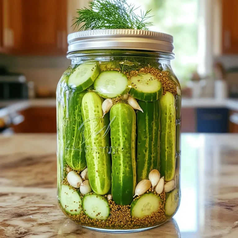 - 4 medium cucumbers - 4 cloves of garlic - 1 cup water - 1 cup distilled white vinegar - 1 tablespoon sugar - 1 tablespoon salt - 1 teaspoon mustard seeds - 1 teaspoon black peppercorns - 1 teaspoon dill seeds or fresh dill - Red pepper flakes for heat - Fresh herbs like thyme or cilantro for added flavor Garlic Dill Refrigerator Pickles are easy to make. Start with fresh cucumbers. You can slice them into spears or rounds. I like to use medium-sized cucumbers because they hold their crunch well. The garlic adds a strong flavor that pairs nicely with dill. Next, gather your spices. Mustard seeds and black peppercorns add depth. The sugar balances the tang from the vinegar. Using both white vinegar and water helps create the brine. It’s important to measure these ingredients for the best taste. If you like a kick, consider adding red pepper flakes. For a twist, try fresh herbs like thyme or cilantro. These add unique flavors that make your pickles stand out. For the full recipe, refer to the above details. Prepare to enjoy your homemade pickles as a great snack or side dish! Start by washing the cucumbers well under cold water. It is key to remove any dirt. After washing, slice the cucumbers into either spears or rounds. Spear cuts give a crunchy bite, while rounds offer a classic look. Choose the shape you like best. Grab a clean glass jar, at least one quart in size. Place the peeled and crushed garlic cloves at the bottom. Next, add the mustard seeds, black peppercorns, dill seeds, and salt. Layering these spices adds depth. Now, pack the cucumber slices tightly into the jar over the spices. This helps the flavors mix well. In a medium saucepan, mix water, distilled white vinegar, and sugar. Stir the mixture and bring it to a gentle boil. Keep stirring until the sugar dissolves fully. Once it boils, remove it from heat and let it cool for a few minutes. This step is crucial for the right brine. Carefully pour the cooled pickling brine over the cucumbers in the jar. Make sure they are fully submerged. Press down on the cucumbers gently if needed. Seal the jar tightly. Allow it to cool to room temperature before putting it in the fridge. For the best flavor, chill the pickles for at least 24 hours. You can find the full recipe at the beginning of this article. To get the best crunch from your pickles, choose the right cucumber. I like to use Kirby cucumbers. They are small and firm, which makes them perfect for pickling. If you can’t find Kirbys, look for pickling cucumbers. They hold their shape well and taste great. Fresh ingredients are key. Use cucumbers that are crisp and firm. Check for blemishes or soft spots. Fresh garlic also adds a punch to the flavor. The better the ingredients, the better the pickles. Let your pickles chill for at least 24 hours. This time allows the flavors to blend well. The longer they sit, the better they taste. I often wait two or three days for the best flavor. You can add more herbs and spices to change the taste. Try fresh dill, red pepper flakes, or even bay leaves. Experiment and find what you like best! One mistake is overpacking the jar. If you stuff too many cucumbers in, they won’t soak up the brine. Keep them snug but not forced. This way, they will absorb the flavors well. Another common error is skipping the cooling step before refrigeration. Always let the brine cool to room temp. This helps the pickles stay crisp and tasty. If you put hot brine on the cucumbers, they may become soft. {{image_2}} To make your pickles spicy, you can add fresh chili peppers or a splash of hot sauce. Slice the peppers and add them with the garlic. You can also toss in black peppercorns for an extra kick. This will give your pickles a delightful heat that pairs well with sandwiches. If you want a sweeter flavor, adjust the sugar in your brine. Try adding two tablespoons instead of one. You can also switch up the vinegar. Using apple cider vinegar can create a different taste. This sweetness balances well with the garlic and dill. For a fresh twist, use thyme, bay leaves, or cilantro. Simply add the herbs to the jar with the cucumbers. You can try different fresh herbs to see what you like best. This adds layers of flavor to your pickles and makes them unique. Using a clean glass jar is key for storing your pickles. It keeps the pickles safe and fresh. Always wash the jar with hot, soapy water. Rinse it well to remove any soap. After packing your pickles, seal the jar tightly. This helps keep air out and flavor in. Garlic dill refrigerator pickles taste best within two weeks. They can last up to a month in the fridge. Look for signs of spoilage, like bubbles or a strange smell. If you see mold, throw them away right away. Always trust your senses when it comes to food safety. Freezing pickles is an option, but it changes texture. Frozen pickles may become soft and mushy when thawed. Refrigerating keeps them crunchy and fresh. Choose refrigeration for the best taste and texture. Save freezing for when you have too many cucumbers to use at once. Garlic dill refrigerator pickles last about two months in the fridge. Store them in a clean jar with a tight lid. Keep an eye on the pickles for signs of spoilage, such as mold or off smells. If you notice any, it's best to discard them. The taste may also change over time. The brine should stay clear, and the cucumbers should remain crunchy. You can reuse pickling brine, but be cautious. If you choose to reuse it, make sure it is still clear and smells fresh. Using old brine can lead to off flavors or spoilage. You can also add fresh spices and garlic for a new batch. Just remember, the brine will be less potent than the first use. Garlic dill refrigerator pickles are great with many meals. Serve them as a crunchy side with sandwiches or burgers. They add a nice contrast to rich dishes. You can also enjoy them as a snack on their own. For a fun twist, try adding pickles to a charcuterie board. They pair well with cheese, meats, and olives. To make your pickles less salty, reduce the salt in the brine. Start with half the amount and taste as you go. You can also soak the cucumber slices in water for an hour before pickling. This helps draw out some saltiness. Another option is to add more sugar to balance the flavors. You can easily make delicious garlic dill pickles at home. We covered all the key steps, from choosing fresh ingredients to storing your pickles for the best taste. Don't forget to experiment with different flavors and spices to find your perfect mix. Follow the tips for crunchy pickles and avoid common mistakes for great results. Enjoy your tasty treats as snacks or with meals. Now, go make your first batch of pickles and savor the fresh, tangy flavors. Happy pickling!