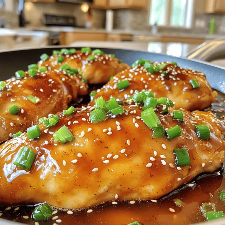 - 4 boneless, skinless chicken breasts - 1/2 cup honey - 4 cloves garlic, minced - 1 tablespoon soy sauce - 1 tablespoon apple cider vinegar - 1 teaspoon ground ginger - Salt and pepper to taste - 2 tablespoons olive oil - Chopped green onions for garnish - Sesame seeds for garnish When I make sweet honey garlic chicken, I love using fresh ingredients. Fresh garlic and honey truly boost the taste. If you need allergen-friendly options, you can swap soy sauce for coconut aminos. This swap keeps the umami flavor intact while being gluten-free. Using fresh chicken is also key. It gives a better texture and flavor. If you prefer chicken thighs, you can use them instead of breasts. They tend to be juicier and hold more flavor. Remember, the right ingredients make a big difference. They can elevate your meal from good to great. For the full recipe, check out the detailed instructions later in this article. 1. Preparation of marinade and chicken Start by making the marinade. In a bowl, whisk together honey, minced garlic, soy sauce, apple cider vinegar, ground ginger, salt, and pepper. Mix until all the ingredients blend well. Next, place the chicken breasts in a large zip-top bag or a shallow dish. Pour the honey garlic marinade over the chicken. Make sure each piece gets coated. Seal the bag or cover the dish and let it marinate in the fridge for at least 30 minutes. For more flavor, marinate for up to 4 hours. 2. Searing and baking the chicken Preheat your oven to 375°F (190°C). In an oven-safe skillet, heat olive oil over medium-high heat. Take the chicken out of the marinade but keep the marinade for later. Sear the chicken for about 3-4 minutes on each side until golden brown. This step locks in flavor and gives a nice crust. Once both sides are seared, pour the reserved marinade over the chicken. Transfer the skillet to the oven and bake for 20-25 minutes. Check that the chicken reaches an internal temperature of 165°F (75°C). 3. Final steps for serving After baking, take the skillet out of the oven. Let the chicken rest for 5 minutes before slicing. This resting time helps keep the chicken juicy. Serve the chicken with the thickened glaze from the pan. Top it with chopped green onions and sesame seeds for a pop of color and flavor. Enjoy your sweet honey garlic chicken breasts! For more details, check the Full Recipe. - Marinating time recommendations: I suggest marinating the chicken for at least 30 minutes. For a deeper flavor, let it sit for up to 4 hours. This gives the honey and garlic time to soak in. - Optimal cooking temperatures: Always preheat your oven to 375°F (190°C). This ensures even cooking and a nice, golden crust. - Ensuring moist and flavorful meat: To keep the chicken juicy, sear it first in a hot skillet. This step locks in the moisture. After searing, bake it until it reaches 165°F (75°C). This temperature guarantees safety and tenderness. Use these tips for a sweet and tasty dish. For the complete method, check out the Full Recipe. {{image_2}} You can easily switch up the sweet honey garlic chicken breasts to keep things fresh. Here are some fun ideas: - Different marinades and flavor profiles: Try adding fresh herbs like thyme or rosemary to the marinade. You can also swap honey for maple syrup for a different sweetness. Want some heat? Mix in chili flakes or Sriracha. - Alternative cooking methods: Grilling gives the chicken a smoky flavor. Just marinate as usual, then grill for 6-7 minutes per side. You can also use a slow cooker. Cook on low for 4-5 hours. The chicken will be super tender. - Suggested side dishes to enhance the meal: Serve the chicken with rice or quinoa. A side of steamed broccoli or green beans adds color and nutrition. For a fun twist, make a salad with mixed greens, avocado, and a light vinaigrette. Feel free to explore and make this recipe your own. I found that these variations keep me excited about cooking! For the complete recipe, check out the Full Recipe. To keep your sweet honey garlic chicken fresh, store it correctly. First, let the chicken cool to room temperature. Then, place it in an airtight container. This helps prevent any bad smells or flavors from mixing. For maximum freshness, refrigerate the chicken within two hours of cooking. It will last for about three to four days in the fridge. Make sure to label your container with the date. If you want to keep it longer, freezing is a great option. Wrap the chicken tightly in plastic wrap or aluminum foil. Then, place it in a freezer-safe bag. It can stay good in the freezer for up to three months. When you are ready to eat the chicken again, thaw it in the fridge overnight. You can also thaw it in the microwave if you are in a hurry. To reheat, place the chicken in a skillet over low heat. Add a splash of water or broth to keep it moist. Heat it slowly to maintain the flavor and texture. You can also use the oven. Preheat it to 350°F (175°C) and heat the chicken for about 15-20 minutes. Following these steps ensures your sweet honey garlic chicken remains tasty and safe to eat. For the full recipe, check out the [Full Recipe]. Can I make this recipe ahead of time? Yes, you can. Marinate the chicken in the honey garlic mix up to four hours in advance. This helps the flavors soak in. If you want to prepare it even earlier, you can freeze the marinated chicken. Thaw it in the fridge the night before you plan to cook. What can I serve with sweet honey garlic chicken? This dish pairs well with many sides. You can serve it with steamed rice, roasted veggies, or a fresh salad. For a fun twist, try it with quinoa or mashed potatoes. These sides will balance the sweet and savory flavors of the chicken. How do I know when the chicken is fully cooked? The best way to check is by using a meat thermometer. Insert it into the thickest part of the chicken. It should read 165°F (75°C). If you don’t have a thermometer, cut into the chicken. The juices should run clear, and there should be no pink inside. Can I use chicken thighs instead of breasts? Absolutely! Chicken thighs work great in this recipe. They stay moist and have rich flavor. Just adjust the cooking time. Thighs may need a little longer to cook through compared to breasts. Follow the same steps from the Full Recipe for best results. In this blog post, we explored the delicious sweet honey garlic chicken breasts. We discussed key ingredients, cooking steps, and tips for perfect results. Remember to use fresh ingredients for the best flavor. I shared variations and safe storage tips to keep your meal tasty. No matter your skill level, this dish can impress. Enjoy experimenting with marinades and side dishes. With practice, you will master this recipe. Happy cooking!