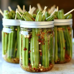 To make hot pickled okra, start with fresh okra. Look for bright green pods. They should feel firm and smooth. Choose okra that is small to medium in size. These pods taste better and stay crisp when pickled. You need key ingredients for the brine. Here is what you will need: - 1 pound fresh okra, stems trimmed - 2 cups distilled white vinegar - 1 cup water - 2 tablespoons kosher salt - 2 tablespoons sugar - 4 cloves garlic, smashed - 1 tablespoon black mustard seeds - 1 tablespoon coriander seeds - 1 teaspoon red pepper flakes (adjust to taste) - 1 teaspoon dill seeds - 1 bay leaf These ingredients create a tangy and flavorful brine. The vinegar provides sharpness, while the spices add depth. You can add fun flavors to your pickling. Try these options for extra zing: - Fresh herbs like dill or thyme - Additional spices such as cumin or turmeric - A touch of honey for sweetness Feel free to mix and match. The goal is to create a flavor that you love. For the full recipe, be sure to check the detailed instructions. Start by sterilizing your jars. This step is key to keep the okra fresh. Take two pint-sized canning jars and their lids. Boil them in water for 10 minutes. After that, let them cool on a clean towel. This helps prevent any unwanted germs. Next, we will blanch the okra. Bring a pot of water to a boil. Add your trimmed okra and let it cook for 2-3 minutes. You want the okra to turn bright green. Once done, drain the okra and place it in ice water. This stops the cooking process. After 5 minutes, drain the okra again. This will keep them crisp and bright. Now, it’s time to make the brine. In a saucepan, mix the distilled white vinegar, water, kosher salt, and sugar. Heat it over medium heat until the salt and sugar dissolve. This is when the magic begins! Add smashed garlic, mustard seeds, coriander seeds, red pepper flakes, dill seeds, and a bay leaf. Bring this mixture to a boil, then take it off the heat. Let it cool slightly before using. Once the brine is ready, it’s time to pack the jars. Stand the blanched okra upright in your sterilized jars. This looks nice and helps them absorb the brine. Carefully pour the warm pickling brine over the okra. Make sure they are completely submerged but leave about a half-inch of headspace at the top. Wipe the rims of the jars with a clean cloth. Then, place the lids on and screw on the bands until just fingertip-tight. Finally, let the jars cool to room temperature. Once cooled, place them in the refrigerator. After 24 hours, the okra will be ready to enjoy, but waiting 3-5 days will give them the best flavor. Enjoy your hot pickled okra! For more detailed steps, check the Full Recipe. To make safe pickled okra, start with clean jars. Boil your jars and lids for 10 minutes. This kills germs and keeps your pickles safe. After boiling, let them cool on a clean towel. Do not touch the insides with your hands. This keeps them germ-free. Want more heat? Add more red pepper flakes to the brine. If you prefer mild, use less. You can also swap in jalapeño slices for a different flavor. Taste the brine before pouring it over the okra. Adjust the spices to your liking. Everyone's taste is unique! To keep the okra crisp, blanch it for just 2-3 minutes. This brightens the color and helps maintain crunch. After blanching, quickly cool the okra in ice water. This stops the cooking. Pack the okra tightly in jars but don't squish them. This helps keep them crunchy. For a full recipe with detailed steps, check out the [Full Recipe]. Enjoy your pickled okra! {{image_2}} You can make sweet and spicy hot pickled okra by adjusting the sugar and spice levels. Start with the basic recipe, but add an extra tablespoon of sugar. This gives a nice sweet taste to balance the heat. You can also increase the red pepper flakes for more kick. The sweet and spicy combo adds a fun twist. Try it with sandwiches or as a snack. Garlic and herbs can elevate the flavor of your hot pickled okra. After you prepare the brine, add fresh herbs like thyme or oregano. Use more smashed garlic cloves for a stronger taste. This method creates a savory depth that pairs well with meats or salads. Enjoy the fresh aroma that fills your kitchen! You can pickle many other vegetables using the same brine. Carrots, green beans, and cauliflower work great. Just cut them into bite-sized pieces and blanch as you did with the okra. Each vegetable adds its own twist to the mix. Experiment with your favorites to find new flavor combinations. This way, you can create a colorful mix for parties or meals. For the full recipe, refer to the section on ingredients and instructions! Hot pickled okra lasts about 1 month in the fridge. If stored properly, it can stay tasty for up to 4 weeks. The flavors will deepen over time, making it even more delicious. However, it's best to eat it fresh for the best crunch and tang. To keep your pickled okra fresh, store it in the coldest part of your fridge. Always use a clean spoon when serving to prevent germs. Ensure the jars are tightly sealed to keep the brine from spoiling. Check for any changes in smell, color, or texture. If you see mold or the brine becomes cloudy, it's time to toss it. A sour smell that is different from the pickling spices also indicates spoilage. Always trust your senses; if it seems off, do not eat it. For the full recipe and tips on making this delightful snack, check out the Full Recipe above! You can enjoy hot pickled okra straight from the jar. It makes a great snack. Serve it in a small bowl with toothpicks. You can also use it as a garnish for cocktails. The bright color adds flair to any plate. Try adding it to salads for a tangy kick. Yes, you can can hot pickled okra. Follow proper canning steps to ensure safety. Make sure your jars are sterilized before use. If done right, pickled okra can last for a year. Store it in a cool, dark place. Always check for signs of spoilage before eating. You can find hot pickled okra in many grocery stores. Look in the pickle or condiment aisle. Local farmers' markets may also sell homemade versions. Some specialty food stores offer unique flavors. If you want a specific taste, consider making your own. Check out the Full Recipe for guidance. Okra is low in calories and high in fiber. It can help with digestion and weight control. It also contains vitamins A, C, and K. These vitamins support immune health and skin. Plus, okra has antioxidants that fight free radicals. This can help keep your body healthy. Yes, you can use frozen okra for pickling. Just make sure to thaw it first. Blanching the okra is still a must. This helps maintain its color and texture. Keep in mind, frozen okra may be softer than fresh. It still makes a tasty pickled treat! You now know how to make hot pickled okra. Use fresh okra and essential pickling ingredients to get the best taste. Remember to blanch properly and pack jars tightly for crispness. You can try different flavors and even add other veggies. Store them right to keep them tasty and safe. Hot pickled okra is a fun treat or snack. Enjoy experimenting with your new skills!