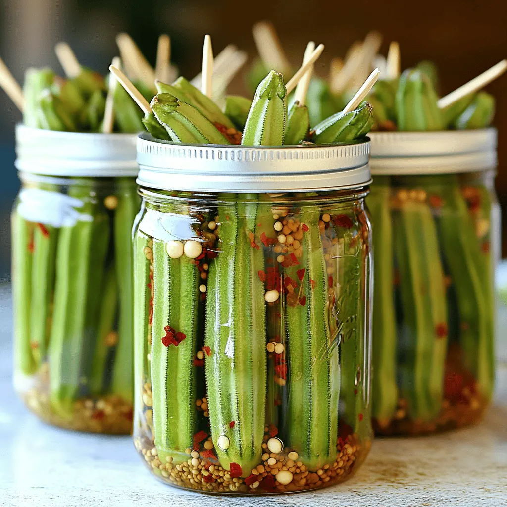 To make hot pickled okra, start with fresh okra. Look for bright green pods. They should feel firm and smooth. Choose okra that is small to medium in size. These pods taste better and stay crisp when pickled. You need key ingredients for the brine. Here is what you will need: - 1 pound fresh okra, stems trimmed - 2 cups distilled white vinegar - 1 cup water - 2 tablespoons kosher salt - 2 tablespoons sugar - 4 cloves garlic, smashed - 1 tablespoon black mustard seeds - 1 tablespoon coriander seeds - 1 teaspoon red pepper flakes (adjust to taste) - 1 teaspoon dill seeds - 1 bay leaf These ingredients create a tangy and flavorful brine. The vinegar provides sharpness, while the spices add depth. You can add fun flavors to your pickling. Try these options for extra zing: - Fresh herbs like dill or thyme - Additional spices such as cumin or turmeric - A touch of honey for sweetness Feel free to mix and match. The goal is to create a flavor that you love. For the full recipe, be sure to check the detailed instructions. Start by sterilizing your jars. This step is key to keep the okra fresh. Take two pint-sized canning jars and their lids. Boil them in water for 10 minutes. After that, let them cool on a clean towel. This helps prevent any unwanted germs. Next, we will blanch the okra. Bring a pot of water to a boil. Add your trimmed okra and let it cook for 2-3 minutes. You want the okra to turn bright green. Once done, drain the okra and place it in ice water. This stops the cooking process. After 5 minutes, drain the okra again. This will keep them crisp and bright. Now, it’s time to make the brine. In a saucepan, mix the distilled white vinegar, water, kosher salt, and sugar. Heat it over medium heat until the salt and sugar dissolve. This is when the magic begins! Add smashed garlic, mustard seeds, coriander seeds, red pepper flakes, dill seeds, and a bay leaf. Bring this mixture to a boil, then take it off the heat. Let it cool slightly before using. Once the brine is ready, it’s time to pack the jars. Stand the blanched okra upright in your sterilized jars. This looks nice and helps them absorb the brine. Carefully pour the warm pickling brine over the okra. Make sure they are completely submerged but leave about a half-inch of headspace at the top. Wipe the rims of the jars with a clean cloth. Then, place the lids on and screw on the bands until just fingertip-tight. Finally, let the jars cool to room temperature. Once cooled, place them in the refrigerator. After 24 hours, the okra will be ready to enjoy, but waiting 3-5 days will give them the best flavor. Enjoy your hot pickled okra! For more detailed steps, check the Full Recipe. To make safe pickled okra, start with clean jars. Boil your jars and lids for 10 minutes. This kills germs and keeps your pickles safe. After boiling, let them cool on a clean towel. Do not touch the insides with your hands. This keeps them germ-free. Want more heat? Add more red pepper flakes to the brine. If you prefer mild, use less. You can also swap in jalapeño slices for a different flavor. Taste the brine before pouring it over the okra. Adjust the spices to your liking. Everyone's taste is unique! To keep the okra crisp, blanch it for just 2-3 minutes. This brightens the color and helps maintain crunch. After blanching, quickly cool the okra in ice water. This stops the cooking. Pack the okra tightly in jars but don't squish them. This helps keep them crunchy. For a full recipe with detailed steps, check out the [Full Recipe]. Enjoy your pickled okra! {{image_2}} You can make sweet and spicy hot pickled okra by adjusting the sugar and spice levels. Start with the basic recipe, but add an extra tablespoon of sugar. This gives a nice sweet taste to balance the heat. You can also increase the red pepper flakes for more kick. The sweet and spicy combo adds a fun twist. Try it with sandwiches or as a snack. Garlic and herbs can elevate the flavor of your hot pickled okra. After you prepare the brine, add fresh herbs like thyme or oregano. Use more smashed garlic cloves for a stronger taste. This method creates a savory depth that pairs well with meats or salads. Enjoy the fresh aroma that fills your kitchen! You can pickle many other vegetables using the same brine. Carrots, green beans, and cauliflower work great. Just cut them into bite-sized pieces and blanch as you did with the okra. Each vegetable adds its own twist to the mix. Experiment with your favorites to find new flavor combinations. This way, you can create a colorful mix for parties or meals. For the full recipe, refer to the section on ingredients and instructions! Hot pickled okra lasts about 1 month in the fridge. If stored properly, it can stay tasty for up to 4 weeks. The flavors will deepen over time, making it even more delicious. However, it's best to eat it fresh for the best crunch and tang. To keep your pickled okra fresh, store it in the coldest part of your fridge. Always use a clean spoon when serving to prevent germs. Ensure the jars are tightly sealed to keep the brine from spoiling. Check for any changes in smell, color, or texture. If you see mold or the brine becomes cloudy, it's time to toss it. A sour smell that is different from the pickling spices also indicates spoilage. Always trust your senses; if it seems off, do not eat it. For the full recipe and tips on making this delightful snack, check out the Full Recipe above! You can enjoy hot pickled okra straight from the jar. It makes a great snack. Serve it in a small bowl with toothpicks. You can also use it as a garnish for cocktails. The bright color adds flair to any plate. Try adding it to salads for a tangy kick. Yes, you can can hot pickled okra. Follow proper canning steps to ensure safety. Make sure your jars are sterilized before use. If done right, pickled okra can last for a year. Store it in a cool, dark place. Always check for signs of spoilage before eating. You can find hot pickled okra in many grocery stores. Look in the pickle or condiment aisle. Local farmers' markets may also sell homemade versions. Some specialty food stores offer unique flavors. If you want a specific taste, consider making your own. Check out the Full Recipe for guidance. Okra is low in calories and high in fiber. It can help with digestion and weight control. It also contains vitamins A, C, and K. These vitamins support immune health and skin. Plus, okra has antioxidants that fight free radicals. This can help keep your body healthy. Yes, you can use frozen okra for pickling. Just make sure to thaw it first. Blanching the okra is still a must. This helps maintain its color and texture. Keep in mind, frozen okra may be softer than fresh. It still makes a tasty pickled treat! You now know how to make hot pickled okra. Use fresh okra and essential pickling ingredients to get the best taste. Remember to blanch properly and pack jars tightly for crispness. You can try different flavors and even add other veggies. Store them right to keep them tasty and safe. Hot pickled okra is a fun treat or snack. Enjoy experimenting with your new skills!