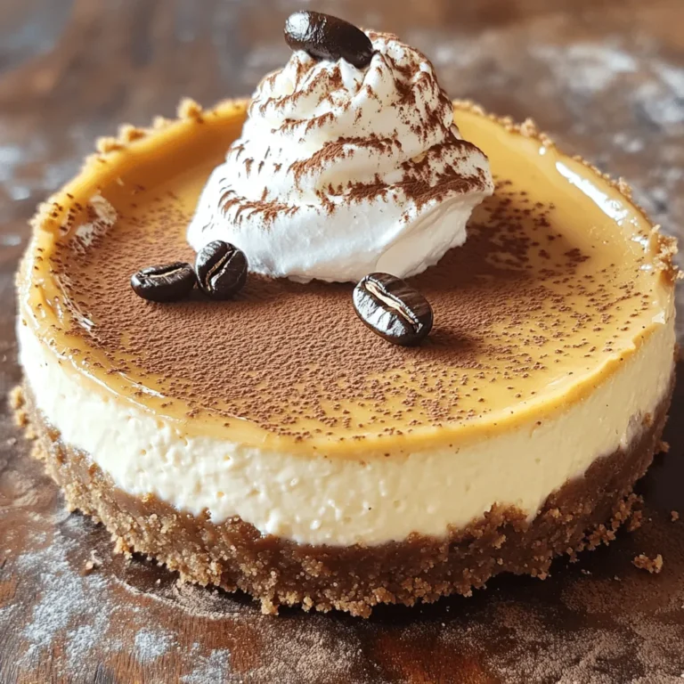 To make a Baked Coffee Cheesecake, you need the right ingredients. Here’s a breakdown: - 1 ½ cups graham cracker crumbs - ½ cup unsalted butter, melted - 2 tablespoons sugar - 3 (8 oz) packages cream cheese, softened - 1 cup sugar - 3 large eggs - 1 tablespoon vanilla extract - ½ cup strong brewed coffee, cooled - 1 tablespoon instant coffee granules - 1 cup sour cream - 2 tablespoons all-purpose flour - Pinch of salt Each ingredient plays a key role. The graham cracker crumbs give a nice base. The cream cheese makes it rich and creamy. The coffee adds that perfect flavor. If you want to make swaps, you can use Greek yogurt instead of cream cheese. It still gives a creamy texture. You can also swap sour cream for plain yogurt. For sweeteners, you can use brown sugar or maple syrup. These give a different flavor and depth. If you want a crust with a twist, try using crushed nuts or cookies instead of graham crackers. These options let you customize your cheesecake to match your taste. You can find the full recipe [Full Recipe]. Enjoy making your own creamy coffee delight! First, preheat your oven to 325°F (160°C). This step is key for even baking. Next, grab a 9-inch springform pan. Grease it with butter or cooking spray. Now, let’s make the graham cracker crust. In a medium bowl, combine 1 ½ cups of graham cracker crumbs, ½ cup of melted unsalted butter, and 2 tablespoons of sugar. Mix it well until the crumbs are coated. Press this mixture into the bottom of your pan. Make sure it forms an even layer. Bake the crust for 10 minutes, then take it out of the oven and let it cool. Next, we will mix the cheesecake filling. In a large bowl, beat 3 packages of softened cream cheese until it’s smooth. Gradually mix in 1 cup of sugar until it’s fully combined. Add 3 large eggs one at a time. Mix well after each egg. Then, stir in 1 tablespoon of vanilla extract, ½ cup of cooled brewed coffee, and 1 tablespoon of instant coffee granules. Blend until it’s smooth. In another bowl, mix 1 cup of sour cream, 2 tablespoons of flour, and a pinch of salt. Once combined, slowly fold this into your cream cheese mixture. Make sure there are no lumps left. Pour this filling over your cooled crust. Smooth the top with a spatula. Now it’s time to bake! Place your cheesecake in the preheated oven for 50-60 minutes. You want the edges to be set but the center should still jiggle slightly. To ensure a smooth texture, avoid over-mixing the filling. This helps prevent air bubbles, which can cause cracks. Cooling matters a lot for your cheesecake. After baking, turn off the oven and leave the cheesecake inside with the door slightly ajar. Let it cool for about 1 hour. This gradual cooling helps prevent cracks. Once it cools, take it out and let it reach room temperature. Then, chill it in the refrigerator for at least 4 hours. For the best flavor, chill it overnight before serving. Enjoy your baked coffee cheesecake! To prevent cracks in your cheesecake, follow these simple steps: - Mix slowly: Be gentle when mixing the cream cheese. Avoid overmixing. - Room temperature ingredients: Use cream cheese and eggs at room temperature. This helps them blend smoothly. - Cool slowly: After baking, turn off the oven and leave the cheesecake inside. This lets it cool gradually. Using a water bath also helps create a creamy texture. Here’s how: - Wrap the pan: Use aluminum foil to wrap the bottom of your springform pan. This stops water from leaking in. - Add water: Place the wrapped pan in a larger pan filled with hot water. Bake as usual. The steam keeps the cheesecake moist. For garnishing your coffee cheesecake, consider these tasty options: - Whipped cream: A dollop of fresh whipped cream adds lightness. - Cocoa powder: Dust cocoa powder on top for a rich touch. - Chocolate shavings: Sprinkle chocolate shavings for extra flair. When it comes to drinks, pair your cheesecake with: - Coffee: A nice cup of coffee enhances the coffee flavor. - Espresso: Serve with a shot of espresso for a bold taste. - Dessert wine: A sweet wine can balance the cheesecake's richness. Explore the full recipe for more details on making this delightful dessert! {{image_2}} You can make your baked coffee cheesecake even better. Try adding chocolate or caramel to the filling. These flavors mix well with coffee. Use melted chocolate or caramel sauce and swirl it into the batter just before baking. This adds a rich taste and fun texture. You can also use different types of coffee grounds. Dark roast gives a bold flavor. Light roast adds a soft, fruity note. Experiment with flavored coffee, like hazelnut or vanilla, to give your cheesecake a twist. Want to make it gluten-free? Use gluten-free graham cracker crumbs for the crust. You can also replace cream cheese with cashew cream or a vegan cream cheese. This way, everyone can enjoy this treat. If you're looking for low-calorie or sugar-free options, use a sugar substitute like stevia or monk fruit. You can use Greek yogurt instead of sour cream to cut calories. These swaps keep the cheesecake tasty while fitting your diet. For the full recipe, check out the details provided earlier. To keep your baked coffee cheesecake fresh, follow these steps: - Refrigerate: After it cools, cover it tightly with plastic wrap or foil. This keeps moisture in and prevents odors from affecting the flavor. - Use an airtight container: If you have extra slices, store them in an airtight container. This helps maintain the texture and flavor for longer. For longer storage, you can freeze your baked coffee cheesecake: - Wrap well: Use plastic wrap to cover the cheesecake, then wrap it in aluminum foil. This helps prevent freezer burn. - Freeze: Place it in the freezer for up to three months. When you're ready to enjoy it, thaw it in the fridge overnight. Your cheesecake can last in the fridge for about five to seven days. Make sure to check for freshness before enjoying. Look for these signs that it has gone bad: - Odor: A sour or off smell indicates spoilage. - Texture: If it feels slimy or excessively dry, discard it. - Mold: Any visible mold means it’s time to throw it away. Storing your baked coffee cheesecake properly ensures you enjoy every delicious bite! How can I tell when the cheesecake is done? You can tell the cheesecake is done by looking at the edges. They should be set, while the center remains slightly jiggly. The cheesecake will firm up as it cools. Can I make this cheesecake ahead of time? Yes, you can make this cheesecake a day or two ahead. It tastes even better after chilling in the fridge. Just keep it covered to maintain its freshness. What can I serve with my baked coffee cheesecake? I love serving my cheesecake with whipped cream and a sprinkle of cocoa powder. You can also add chocolate shavings or coffee beans for a nice touch. What to do if the cheesecake cracks? If your cheesecake cracks, don’t worry! It happens to many. You can cover it with whipped cream or chocolate sauce. This hides any cracks and adds flavor. How to fix a runny cheesecake filling? A runny filling can happen if the batter is not mixed well. To fix this, add a bit more flour and mix gently. Bake it a bit longer, but keep an eye on it. In this article, we explored the ingredients for a delicious baked coffee cheesecake. We broke down each element, including helpful substitutions and variations. The step-by-step guide covered preparation, baking, and cooling, ensuring a smooth texture. I shared tips for perfecting your cheesecake and creative serving ideas. Additionally, we looked at variations, storage, and answered common questions. With these insights, you're set to impress with your cheesecake. Enjoy baking and sharing it with others!