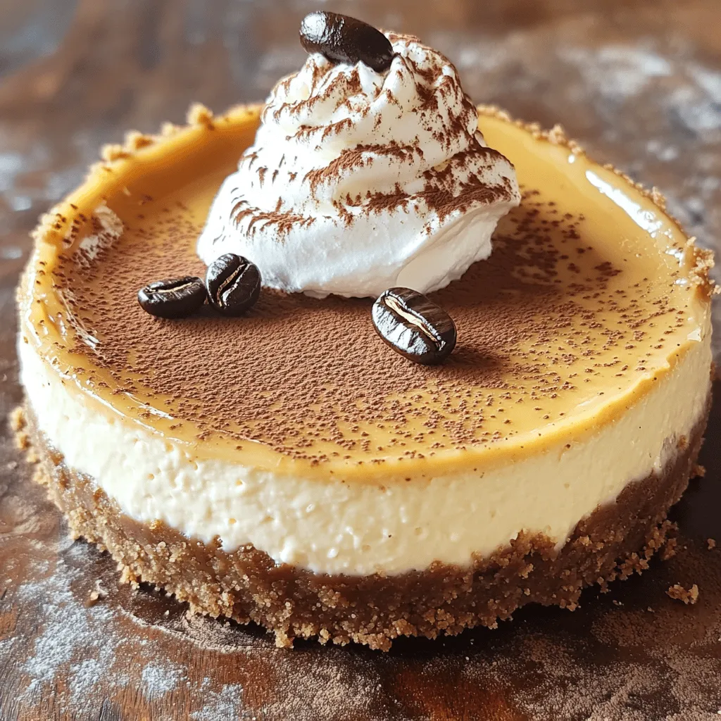 To make a Baked Coffee Cheesecake, you need the right ingredients. Here’s a breakdown: - 1 ½ cups graham cracker crumbs - ½ cup unsalted butter, melted - 2 tablespoons sugar - 3 (8 oz) packages cream cheese, softened - 1 cup sugar - 3 large eggs - 1 tablespoon vanilla extract - ½ cup strong brewed coffee, cooled - 1 tablespoon instant coffee granules - 1 cup sour cream - 2 tablespoons all-purpose flour - Pinch of salt Each ingredient plays a key role. The graham cracker crumbs give a nice base. The cream cheese makes it rich and creamy. The coffee adds that perfect flavor. If you want to make swaps, you can use Greek yogurt instead of cream cheese. It still gives a creamy texture. You can also swap sour cream for plain yogurt. For sweeteners, you can use brown sugar or maple syrup. These give a different flavor and depth. If you want a crust with a twist, try using crushed nuts or cookies instead of graham crackers. These options let you customize your cheesecake to match your taste. You can find the full recipe [Full Recipe]. Enjoy making your own creamy coffee delight! First, preheat your oven to 325°F (160°C). This step is key for even baking. Next, grab a 9-inch springform pan. Grease it with butter or cooking spray. Now, let’s make the graham cracker crust. In a medium bowl, combine 1 ½ cups of graham cracker crumbs, ½ cup of melted unsalted butter, and 2 tablespoons of sugar. Mix it well until the crumbs are coated. Press this mixture into the bottom of your pan. Make sure it forms an even layer. Bake the crust for 10 minutes, then take it out of the oven and let it cool. Next, we will mix the cheesecake filling. In a large bowl, beat 3 packages of softened cream cheese until it’s smooth. Gradually mix in 1 cup of sugar until it’s fully combined. Add 3 large eggs one at a time. Mix well after each egg. Then, stir in 1 tablespoon of vanilla extract, ½ cup of cooled brewed coffee, and 1 tablespoon of instant coffee granules. Blend until it’s smooth. In another bowl, mix 1 cup of sour cream, 2 tablespoons of flour, and a pinch of salt. Once combined, slowly fold this into your cream cheese mixture. Make sure there are no lumps left. Pour this filling over your cooled crust. Smooth the top with a spatula. Now it’s time to bake! Place your cheesecake in the preheated oven for 50-60 minutes. You want the edges to be set but the center should still jiggle slightly. To ensure a smooth texture, avoid over-mixing the filling. This helps prevent air bubbles, which can cause cracks. Cooling matters a lot for your cheesecake. After baking, turn off the oven and leave the cheesecake inside with the door slightly ajar. Let it cool for about 1 hour. This gradual cooling helps prevent cracks. Once it cools, take it out and let it reach room temperature. Then, chill it in the refrigerator for at least 4 hours. For the best flavor, chill it overnight before serving. Enjoy your baked coffee cheesecake! To prevent cracks in your cheesecake, follow these simple steps: - Mix slowly: Be gentle when mixing the cream cheese. Avoid overmixing. - Room temperature ingredients: Use cream cheese and eggs at room temperature. This helps them blend smoothly. - Cool slowly: After baking, turn off the oven and leave the cheesecake inside. This lets it cool gradually. Using a water bath also helps create a creamy texture. Here’s how: - Wrap the pan: Use aluminum foil to wrap the bottom of your springform pan. This stops water from leaking in. - Add water: Place the wrapped pan in a larger pan filled with hot water. Bake as usual. The steam keeps the cheesecake moist. For garnishing your coffee cheesecake, consider these tasty options: - Whipped cream: A dollop of fresh whipped cream adds lightness. - Cocoa powder: Dust cocoa powder on top for a rich touch. - Chocolate shavings: Sprinkle chocolate shavings for extra flair. When it comes to drinks, pair your cheesecake with: - Coffee: A nice cup of coffee enhances the coffee flavor. - Espresso: Serve with a shot of espresso for a bold taste. - Dessert wine: A sweet wine can balance the cheesecake's richness. Explore the full recipe for more details on making this delightful dessert! {{image_2}} You can make your baked coffee cheesecake even better. Try adding chocolate or caramel to the filling. These flavors mix well with coffee. Use melted chocolate or caramel sauce and swirl it into the batter just before baking. This adds a rich taste and fun texture. You can also use different types of coffee grounds. Dark roast gives a bold flavor. Light roast adds a soft, fruity note. Experiment with flavored coffee, like hazelnut or vanilla, to give your cheesecake a twist. Want to make it gluten-free? Use gluten-free graham cracker crumbs for the crust. You can also replace cream cheese with cashew cream or a vegan cream cheese. This way, everyone can enjoy this treat. If you're looking for low-calorie or sugar-free options, use a sugar substitute like stevia or monk fruit. You can use Greek yogurt instead of sour cream to cut calories. These swaps keep the cheesecake tasty while fitting your diet. For the full recipe, check out the details provided earlier. To keep your baked coffee cheesecake fresh, follow these steps: - Refrigerate: After it cools, cover it tightly with plastic wrap or foil. This keeps moisture in and prevents odors from affecting the flavor. - Use an airtight container: If you have extra slices, store them in an airtight container. This helps maintain the texture and flavor for longer. For longer storage, you can freeze your baked coffee cheesecake: - Wrap well: Use plastic wrap to cover the cheesecake, then wrap it in aluminum foil. This helps prevent freezer burn. - Freeze: Place it in the freezer for up to three months. When you're ready to enjoy it, thaw it in the fridge overnight. Your cheesecake can last in the fridge for about five to seven days. Make sure to check for freshness before enjoying. Look for these signs that it has gone bad: - Odor: A sour or off smell indicates spoilage. - Texture: If it feels slimy or excessively dry, discard it. - Mold: Any visible mold means it’s time to throw it away. Storing your baked coffee cheesecake properly ensures you enjoy every delicious bite! How can I tell when the cheesecake is done? You can tell the cheesecake is done by looking at the edges. They should be set, while the center remains slightly jiggly. The cheesecake will firm up as it cools. Can I make this cheesecake ahead of time? Yes, you can make this cheesecake a day or two ahead. It tastes even better after chilling in the fridge. Just keep it covered to maintain its freshness. What can I serve with my baked coffee cheesecake? I love serving my cheesecake with whipped cream and a sprinkle of cocoa powder. You can also add chocolate shavings or coffee beans for a nice touch. What to do if the cheesecake cracks? If your cheesecake cracks, don’t worry! It happens to many. You can cover it with whipped cream or chocolate sauce. This hides any cracks and adds flavor. How to fix a runny cheesecake filling? A runny filling can happen if the batter is not mixed well. To fix this, add a bit more flour and mix gently. Bake it a bit longer, but keep an eye on it. In this article, we explored the ingredients for a delicious baked coffee cheesecake. We broke down each element, including helpful substitutions and variations. The step-by-step guide covered preparation, baking, and cooling, ensuring a smooth texture. I shared tips for perfecting your cheesecake and creative serving ideas. Additionally, we looked at variations, storage, and answered common questions. With these insights, you're set to impress with your cheesecake. Enjoy baking and sharing it with others!