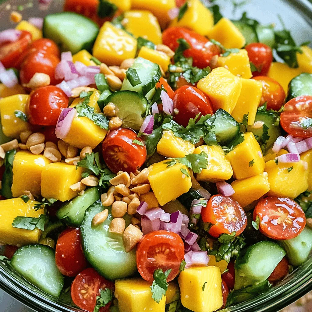 - 2 ripe mangoes, diced - 1 cup cherry tomatoes, halved - 1 cucumber, diced - 1/2 red onion, finely chopped - 1/4 cup fresh cilantro, chopped - 1 jalapeño, minced (optional, for spice) - 1/4 cup toasted peanuts, roughly chopped - 3 tablespoons lime juice - 2 tablespoons olive oil - Salt and pepper to taste To pick ripe mangoes, look for ones that feel slightly soft. They should have a sweet smell near the stem. Avoid mangoes with dark spots or wrinkled skin. If you want to switch things up, try adding avocado, bell peppers, or even some feta cheese. These can add new flavors and textures to your salad. For the Full Recipe, you will find precise steps to make this fresh dish. You can adjust the spice level by adding more or less jalapeño. Enjoy your cooking! To make a fresh mango salad, follow these simple steps. First, gather your ingredients. You need ripe mangoes, cherry tomatoes, cucumber, red onion, cilantro, jalapeño, peanuts, lime juice, olive oil, salt, and pepper. 1. Chop the Fruits and Veggies Start by dicing the mangoes into small pieces. Use a sharp knife for clean cuts. Next, halve the cherry tomatoes and dice the cucumber. Finely chop the red onion and cilantro. If you want some heat, mince the jalapeño. 2. Mix the Ingredients In a large bowl, combine the diced mangoes, halved cherry tomatoes, diced cucumber, and chopped red onion. This mix brings a burst of color. Gently fold in the chopped cilantro and peanuts. These add flavor and crunch. 3. Make the Dressing In a small bowl, whisk together lime juice, olive oil, salt, and pepper. This dressing adds a bright and tangy taste to the salad. 4. Combine Everything Pour the dressing over the salad mixture. Toss everything gently until well coated. This step ensures each bite is flavorful. 5. Let It Rest Allow the salad to sit for 10 minutes. This time lets the flavors meld together. 6. Serve it Up Serve the salad chilled or at room temperature. It pairs well with grilled meats or can be a stand-alone dish. This Tropical Mango Bliss Salad is not just tasty; it is healthy too! For the full recipe, check the section above. Enjoy your fresh and vibrant salad! To make the best mango salad, start with ripe mangoes. Look for mangoes that feel soft when you gently press them. This means they are ready to eat. Flavor combinations are key. The sweet mango pairs well with the tangy lime juice. Cherry tomatoes add a burst of flavor, while red onion gives a nice crunch. Mixing these flavors creates a delightful taste. Enhancing texture is easy. Add toasted peanuts for a satisfying crunch. You can also include diced cucumber for a refreshing bite. Fresh cilantro brings a burst of color and flavor. Common mistakes to avoid include using unripe mangoes. They will taste bland and hard. Don't skip the dressing; it ties all the flavors together. Lastly, be gentle when mixing. You want to keep the mango chunks intact. For a complete guide, check out the Full Recipe. {{image_2}} You can enjoy mango salad in different ways. Each version brings unique flavors. Here are a few ideas: - Spicy Mango Salad: To make it spicy, add minced jalapeño. This gives a nice kick. You can also toss in some red pepper flakes for extra heat. Adjust the spice to your taste. - Thai-style Mango Salad: For a Thai twist, use fish sauce instead of salt. Add some chopped peanuts for crunch. You can also mix in shredded carrots and bell peppers for more color and flavor. Fresh mint or basil can brighten it up. - Creative Add-ins: Consider adding fruits like avocado or pineapple for a tropical feel. You can also use nuts like cashews or almonds for crunch. If you want a protein boost, grilled shrimp or chicken works well too. These variations keep the salad fresh and exciting. Feel free to mix and match. Make it your own! If you want to try a full recipe, check out the Tropical Mango Bliss Salad. To keep your mango salad fresh, store it in an airtight container. This helps keep moisture in and air out. Place it in the fridge right after serving. Look for signs of spoilage before eating. If the salad smells sour or the mango becomes mushy, it’s best to toss it. Wilting cilantro or browning peanuts are also signs of age. If you want to revive leftover salad, try adding a splash of lime juice. This brings back some freshness. You can also mix in a little new cilantro or peanuts for extra crunch. For more details, check the Full Recipe. Enjoy your mango salad! What are the health benefits of mango salad? Mango salad offers many health benefits. Mangoes are rich in vitamins A and C. They boost your immune system and promote healthy skin. The fresh veggies add fiber, which helps digestion. Olive oil provides healthy fats that support heart health. Together, these ingredients make a tasty and nutritious dish. Can I make mango salad in advance? Yes, you can make mango salad in advance. However, I recommend adding the dressing just before serving. This keeps the salad fresh and crisp. You can prepare the chopped ingredients a few hours ahead. Store them in the fridge until you’re ready to mix. Is mango salad suitable for meal prep? Mango salad is great for meal prep. It stores well and stays fresh for a couple of days. Just remember to keep the dressing separate until serving. This way, your salad remains crunchy and full of flavor. For a full recipe, check out the Tropical Mango Bliss Salad. Mango salad is a tasty, refreshing dish that is easy to make. We explored its ingredients, prep steps, and best practices. You learned how to make it your own with fun variations. Remember to store leftovers well to keep them fresh. This salad offers health perks and fits into meal prep. Try different takes to keep things exciting. Enjoy this flavorful treat as a healthy addition to your meals. Your mango salad journey starts now!