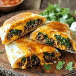 - 1 pound ground beef - 1 small onion, diced - 2 cloves garlic, minced - 1 teaspoon chili powder - 1 teaspoon cumin - ½ teaspoon paprika - Salt and pepper to taste - 1 cup shredded cheddar cheese - 1 cup fresh spinach, chopped - 4 large flour tortillas - ½ cup sour cream - ½ cup salsa - Fresh cilantro for garnish To make Cheesy Beef Taco-Stuffed Tortilla Pockets, you’ll need a few key tools. A large skillet is essential for cooking the beef mixture. A spatula will help you mix and flip the pockets easily. You might also want a cutting board and knife for chopping the onion and garlic. For the best flavor, I recommend using freshly grated cheddar cheese. It melts better than pre-shredded cheese. If you want to try different flavors, consider using pepper jack cheese for a spicy kick. These simple ingredients and tools make it easy to create a tasty meal. You can find the full recipe above for detailed steps and tips. First, gather your ingredients. You need ground beef, onion, garlic, and spices. I start by heating a large skillet over medium heat. Add the ground beef, diced onion, and minced garlic. Cook this mix until the beef is browned, about 5-7 minutes. Stir often to avoid burning the garlic. Next, add chili powder, cumin, paprika, salt, and pepper. Cook for 2 more minutes. This helps the spices release their flavors. Now, remove the skillet from heat. Stir in shredded cheddar cheese and chopped spinach. The cheese should melt while the spinach wilts. This creamy mix is the heart of your taco pockets. Now, it's time to fold the tortillas. Lay one tortilla flat on your work surface. Spoon a generous amount of the beef mixture into the center. Fold the bottom of the tortilla up over the filling. Next, fold in the sides. Carefully roll it up to create a pocket. Make sure it is tight to hold the filling inside. Repeat this for all tortillas. Check each pocket for any open sides. Press the edges to seal them well. This step is important to keep the delicious filling from spilling out during cooking. For cooking, I recommend pan-frying. Heat a little oil in the same skillet over medium heat. Place each filled tortilla pocket seam-side down in the skillet. Cook for about 2-3 minutes on each side. You want them golden brown and crispy. This gives the pockets a nice texture. To ensure even browning, avoid overcrowding the pan. Cook in batches if needed. This way, each pocket gets the attention it deserves. For the full recipe, check out the complete guide. To make your taco-stuffed tortilla pockets shine, adjust the spice levels. If you like heat, add more chili powder or some diced jalapeños. For a milder taste, cut back on the spices. You can also add other ingredients for depth. Beans, black or pinto, add protein and texture. Fresh jalapeños give a nice crunch and spice. Try adding corn for a sweet bite. These small changes can really transform your dish. For the perfect melt of cheese, watch your heat. Too high, and you risk burning the tortilla. Keep it medium to low. This helps the cheese melt evenly without overcooking. If you find it hard to get a good melt, cover the pan for a minute. It traps the heat and speeds up the melting. Always check your heat settings. Finding the right balance is key for golden, crispy pockets. Pair your cheesy beef taco-stuffed tortilla pockets with sour cream and salsa. These add creaminess and a fresh kick. You can also serve them with a side of guacamole for a rich flavor. For a colorful plate, use fresh cilantro as a garnish. When serving, cut each pocket in half to show off the cheesy filling. Lay them on a wooden platter for a rustic feel. Drizzle salsa and sour cream on top for a vibrant look. These simple touches make your meal more appealing and fun. {{image_2}} You can easily make these taco pockets vegetarian. Try using black beans or lentils instead of beef. They add protein and flavor. For cheese lovers, switch up the cheese! Use pepper jack for a spicy kick or mozzarella for a milder taste. Experimenting with different cheeses makes the dish fun and unique. Baking is a great option if you want a healthier meal. Preheat your oven to 400°F (200°C). Place the filled pockets on a baking sheet. Bake for about 15-20 minutes until golden brown. If you prefer frying, just follow the original steps. For a quick, healthy version, use an air fryer. Set it to 375°F (190°C) and cook for about 10 minutes, flipping halfway through. Want to spice things up? Try adding different seasonings. A bit of taco seasoning or cayenne pepper gives a bold flavor. You can also mix in sauces like hot sauce or barbecue sauce for new tastes. Top your taco pockets with fresh toppings like diced tomatoes, jalapeños, or guacamole to enhance the flavor even more. Each change brings a new twist to the cheesy beef taco-stuffed tortilla pockets delight! To keep your leftover cheesy beef taco-stuffed tortilla pockets fresh, refrigerate them right away. Place them in airtight containers. This helps prevent moisture loss. You can also wrap them in plastic wrap or foil. Use them within three days for the best taste. You can freeze the stuffed pockets for future meals. First, let them cool completely. Then, wrap each pocket in plastic wrap. Place the wrapped pockets in a freezer bag. Squeeze out as much air as you can before sealing. They can last in the freezer for up to three months. When you're ready to eat, thaw them in the fridge overnight. To reheat your tortilla pockets, the oven is best. Preheat your oven to 350°F. Place the pockets on a baking sheet. Heat them for about 15-20 minutes. This keeps the outside crispy. If you're in a hurry, you can use the microwave. Heat on high for about 1-2 minutes. This method may make them slightly softer. Enjoy your cheesy beef taco-stuffed tortilla pockets from the [Full Recipe]! Yes, you can make these tasty pockets ahead of time. Prepare the beef filling and let it cool. Store it in an airtight container in the fridge for up to three days. You can also assemble the tortilla pockets and wrap them tightly in plastic wrap. Place them in the fridge for up to two days. When you're ready to eat, just cook them as directed. This way, you save time and still enjoy a warm meal. To make these pockets dairy-free, swap the cheese with a plant-based alternative. Look for dairy-free cheddar or mozzarella. For sour cream, use a non-dairy yogurt or cashew cream. You can also make your own cashew cream by blending soaked cashews with lemon juice and a bit of water. This gives you a creamy texture without dairy. These tortilla pockets go great with many sides. Consider serving them with: - Fresh guacamole - Crunchy tortilla chips - A colorful salad with lime dressing - Spicy salsa or pico de gallo - Creamy ranch or yogurt dip These sides add flavor and fun to your meal. Enjoy mixing and matching! For the full recipe, check out the complete guide. This blog post covered how to make Cheesy Beef Taco-Stuffed Tortilla Pockets. We discussed ingredients, cooking steps, and tips for the best flavor. You learned how to assemble and cook these pockets for crispy edges. Try different flavors and cooking methods to find your favorite. These tasty pockets are easy to make and perfect for sharing or enjoying alone. Keep leftovers in the fridge or freezer for quick meals later. Enjoy your cooking journey!