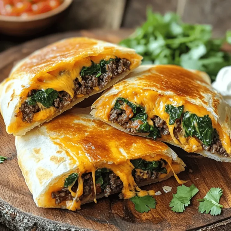 - 1 pound ground beef - 1 small onion, diced - 2 cloves garlic, minced - 1 teaspoon chili powder - 1 teaspoon cumin - ½ teaspoon paprika - Salt and pepper to taste - 1 cup shredded cheddar cheese - 1 cup fresh spinach, chopped - 4 large flour tortillas - ½ cup sour cream - ½ cup salsa - Fresh cilantro for garnish To make Cheesy Beef Taco-Stuffed Tortilla Pockets, you’ll need a few key tools. A large skillet is essential for cooking the beef mixture. A spatula will help you mix and flip the pockets easily. You might also want a cutting board and knife for chopping the onion and garlic. For the best flavor, I recommend using freshly grated cheddar cheese. It melts better than pre-shredded cheese. If you want to try different flavors, consider using pepper jack cheese for a spicy kick. These simple ingredients and tools make it easy to create a tasty meal. You can find the full recipe above for detailed steps and tips. First, gather your ingredients. You need ground beef, onion, garlic, and spices. I start by heating a large skillet over medium heat. Add the ground beef, diced onion, and minced garlic. Cook this mix until the beef is browned, about 5-7 minutes. Stir often to avoid burning the garlic. Next, add chili powder, cumin, paprika, salt, and pepper. Cook for 2 more minutes. This helps the spices release their flavors. Now, remove the skillet from heat. Stir in shredded cheddar cheese and chopped spinach. The cheese should melt while the spinach wilts. This creamy mix is the heart of your taco pockets. Now, it's time to fold the tortillas. Lay one tortilla flat on your work surface. Spoon a generous amount of the beef mixture into the center. Fold the bottom of the tortilla up over the filling. Next, fold in the sides. Carefully roll it up to create a pocket. Make sure it is tight to hold the filling inside. Repeat this for all tortillas. Check each pocket for any open sides. Press the edges to seal them well. This step is important to keep the delicious filling from spilling out during cooking. For cooking, I recommend pan-frying. Heat a little oil in the same skillet over medium heat. Place each filled tortilla pocket seam-side down in the skillet. Cook for about 2-3 minutes on each side. You want them golden brown and crispy. This gives the pockets a nice texture. To ensure even browning, avoid overcrowding the pan. Cook in batches if needed. This way, each pocket gets the attention it deserves. For the full recipe, check out the complete guide. To make your taco-stuffed tortilla pockets shine, adjust the spice levels. If you like heat, add more chili powder or some diced jalapeños. For a milder taste, cut back on the spices. You can also add other ingredients for depth. Beans, black or pinto, add protein and texture. Fresh jalapeños give a nice crunch and spice. Try adding corn for a sweet bite. These small changes can really transform your dish. For the perfect melt of cheese, watch your heat. Too high, and you risk burning the tortilla. Keep it medium to low. This helps the cheese melt evenly without overcooking. If you find it hard to get a good melt, cover the pan for a minute. It traps the heat and speeds up the melting. Always check your heat settings. Finding the right balance is key for golden, crispy pockets. Pair your cheesy beef taco-stuffed tortilla pockets with sour cream and salsa. These add creaminess and a fresh kick. You can also serve them with a side of guacamole for a rich flavor. For a colorful plate, use fresh cilantro as a garnish. When serving, cut each pocket in half to show off the cheesy filling. Lay them on a wooden platter for a rustic feel. Drizzle salsa and sour cream on top for a vibrant look. These simple touches make your meal more appealing and fun. {{image_2}} You can easily make these taco pockets vegetarian. Try using black beans or lentils instead of beef. They add protein and flavor. For cheese lovers, switch up the cheese! Use pepper jack for a spicy kick or mozzarella for a milder taste. Experimenting with different cheeses makes the dish fun and unique. Baking is a great option if you want a healthier meal. Preheat your oven to 400°F (200°C). Place the filled pockets on a baking sheet. Bake for about 15-20 minutes until golden brown. If you prefer frying, just follow the original steps. For a quick, healthy version, use an air fryer. Set it to 375°F (190°C) and cook for about 10 minutes, flipping halfway through. Want to spice things up? Try adding different seasonings. A bit of taco seasoning or cayenne pepper gives a bold flavor. You can also mix in sauces like hot sauce or barbecue sauce for new tastes. Top your taco pockets with fresh toppings like diced tomatoes, jalapeños, or guacamole to enhance the flavor even more. Each change brings a new twist to the cheesy beef taco-stuffed tortilla pockets delight! To keep your leftover cheesy beef taco-stuffed tortilla pockets fresh, refrigerate them right away. Place them in airtight containers. This helps prevent moisture loss. You can also wrap them in plastic wrap or foil. Use them within three days for the best taste. You can freeze the stuffed pockets for future meals. First, let them cool completely. Then, wrap each pocket in plastic wrap. Place the wrapped pockets in a freezer bag. Squeeze out as much air as you can before sealing. They can last in the freezer for up to three months. When you're ready to eat, thaw them in the fridge overnight. To reheat your tortilla pockets, the oven is best. Preheat your oven to 350°F. Place the pockets on a baking sheet. Heat them for about 15-20 minutes. This keeps the outside crispy. If you're in a hurry, you can use the microwave. Heat on high for about 1-2 minutes. This method may make them slightly softer. Enjoy your cheesy beef taco-stuffed tortilla pockets from the [Full Recipe]! Yes, you can make these tasty pockets ahead of time. Prepare the beef filling and let it cool. Store it in an airtight container in the fridge for up to three days. You can also assemble the tortilla pockets and wrap them tightly in plastic wrap. Place them in the fridge for up to two days. When you're ready to eat, just cook them as directed. This way, you save time and still enjoy a warm meal. To make these pockets dairy-free, swap the cheese with a plant-based alternative. Look for dairy-free cheddar or mozzarella. For sour cream, use a non-dairy yogurt or cashew cream. You can also make your own cashew cream by blending soaked cashews with lemon juice and a bit of water. This gives you a creamy texture without dairy. These tortilla pockets go great with many sides. Consider serving them with: - Fresh guacamole - Crunchy tortilla chips - A colorful salad with lime dressing - Spicy salsa or pico de gallo - Creamy ranch or yogurt dip These sides add flavor and fun to your meal. Enjoy mixing and matching! For the full recipe, check out the complete guide. This blog post covered how to make Cheesy Beef Taco-Stuffed Tortilla Pockets. We discussed ingredients, cooking steps, and tips for the best flavor. You learned how to assemble and cook these pockets for crispy edges. Try different flavors and cooking methods to find your favorite. These tasty pockets are easy to make and perfect for sharing or enjoying alone. Keep leftovers in the fridge or freezer for quick meals later. Enjoy your cooking journey!