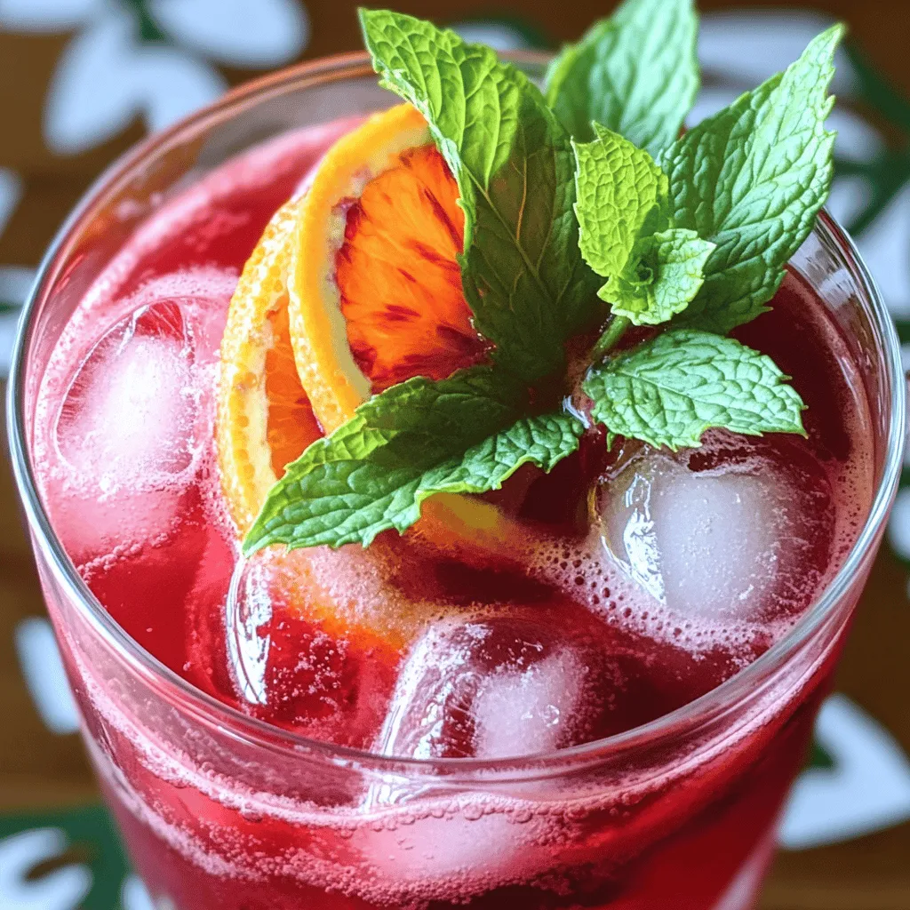 - 1 cup fresh blood orange juice - 2 tablespoons dried hibiscus flowers - Fresh mint leaves for garnish - 2 cups water - 1 tablespoon honey or agave syrup - 1 cup sparkling water or club soda - Ice cubes To make a great Blood Orange Hibiscus Fizz, you need a mix of fresh and pantry ingredients. First, for the fresh ingredients, I love using blood oranges. They give a rich, sweet flavor and a vibrant color to the drink. You need about four or five blood oranges to get one cup of juice. The dried hibiscus flowers add a floral note that balances the sweetness. Finally, fresh mint leaves add a burst of freshness on top. Now, let’s talk about pantry items. You start with two cups of water to brew the hibiscus flowers. Honey or agave syrup sweetens the drink. You can adjust the amount based on your taste. For the fizz, you need one cup of sparkling water or club soda. Don’t forget the ice cubes! They keep your drink cold and refreshing. For the full recipe, check the section above. First, I take a small pot and add 2 tablespoons of dried hibiscus flowers. I pour in 2 cups of water. I bring the mixture to a boil over medium heat. As it heats, I stir occasionally to mix the flowers. Once it boils, I reduce the heat and let it steep for about 10 minutes. This step deepens the color and flavor. After 10 minutes, I remove it from heat and strain the liquid into a bowl. This removes the hibiscus flowers. While the syrup is still warm, I add 1 tablespoon of honey or agave syrup and stir well. Then, I let it cool to room temperature. Next, I grab a large pitcher. I mix the cooled hibiscus syrup with 1 cup of fresh blood orange juice. This juice usually comes from about 4-5 blood oranges. I stir the mixture well to combine the flavors. Now, I prepare glasses with ice cubes. I fill each glass about two-thirds full with the hibiscus and blood orange mixture. To finish, I top each drink with sparkling water or club soda. This adds a fizzy and refreshing twist. I stir gently to mix the bubbles in. Finally, I garnish each drink with a few fresh mint leaves. This adds a nice touch and a pop of color. Now, my Blood Orange Hibiscus Fizz is ready to enjoy! For the complete recipe, check out the Full Recipe. When you pick blood oranges, look for a bright color and firmness. The skin should be smooth and free of blemishes. A good blood orange feels heavy for its size. This means it has lots of juice inside. The more vibrant the color, the sweeter the juice will likely be. Always choose organic if you can. You want the best flavor without harmful sprays. You can change the sweetness to fit your taste. If you like it sweet, add more honey or agave syrup. Start with one tablespoon and taste as you go. It’s easy to add more, but hard to take it out. If you prefer less sweetness, use less honey. This drink can still taste great with less sugar. You can also try maple syrup for a new flavor twist. This drink pairs wonderfully with light snacks. Think of fresh fruits, cheese platters, or simple crackers. It also goes great with spicy foods. The fizz and tartness balance out spicy flavors well. Serve it at a summer gathering or a cozy brunch. You can even make it a fun party drink with some fruit slices on top. Check out the Full Recipe for ideas on how to make this drink shine at your next event. {{image_2}} You can easily make this drink with a kick. Just add a shot of vodka or gin to your glass. The spirit blends well with the tartness of the blood orange and hibiscus. This twist adds depth to the flavors, making it a fun choice for parties or gatherings. Want to mix things up? Try adding other fruits. Fresh berries, like strawberries or raspberries, work great. You can also use sliced peaches or mango. These fruits add sweetness and color. Just muddle them in your glass before adding the hibiscus mixture for a fruity explosion. For a fresh twist, add herbs like basil or rosemary. Muddle a few leaves at the bottom of your glass. This will release their oils and enhance the drink's aroma. Basil gives a sweet, savory note, while rosemary adds an earthy flavor. Both pair well with the citrusy notes in the drink. These fun variations make your Blood Orange Hibiscus Fizz even more exciting. You can explore different flavors and find your favorite mix. For the full recipe, check out the complete guide. To store hibiscus syrup, pour it into a clean jar. Make sure to seal it tightly. Keep it in the fridge. This helps keep the syrup fresh and tasty. Use it within a week for the best flavor. If you have leftover Blood Orange Hibiscus Fizz, store it in the fridge. Just remember, the fizz may go flat over time. Hibiscus syrup lasts about one week in the fridge. Fresh blood orange juice should also be used within a few days. After that, it may lose its bright taste and color. Sparkling water or club soda lasts for months if unopened. Once opened, use it within a few days for the best fizz. You can use leftover blood orange juice in many ways. Try mixing it into smoothies or salad dressings. The hibiscus syrup can add a sweet twist to yogurt or pancakes. You can even make a simple tea by mixing it with hot water. Creativity is key when repurposing these ingredients! A blood orange is a sweet citrus fruit. It has a dark red or purple flesh. This color comes from antioxidants called anthocyanins. Blood oranges taste sweeter and less acidic than regular oranges. They add a unique twist to drinks and dishes. You can find them in winter and early spring. Their juice gives vibrant color and flavor to your Blood Orange Hibiscus Fizz. To make hibiscus tea, follow these simple steps: 1. Take 2 tablespoons of dried hibiscus flowers. 2. Boil 2 cups of water in a small pot. 3. Add the dried hibiscus flowers to the boiling water. 4. Let the mix steep for about 10 minutes. 5. Strain the liquid into a bowl to remove flowers. This tea has a tart flavor and a deep red color. You can sweeten it with honey or agave syrup. Use it in your Blood Orange Hibiscus Fizz for a refreshing taste. Yes, you can use fresh hibiscus flowers! They provide a lovely flavor. However, they can be harder to find than dried flowers. If you use fresh hibiscus, you will need more flowers for the same flavor. You can use about 1 cup of fresh flowers. Just boil them in water like you would dried flowers. Make sure to strain them well. Both fresh and dried hibiscus work great in drinks! This drink recipe combines fresh blood orange juice and fragrant hibiscus. You learned how to prepare a tasty hibiscus syrup and mix it with sparkling water. I shared tips on making the drink sweeter and serving it with snacks. You can also try fun variations with fruits or spirits. Enjoy this refreshing drink and share it with friends. Experiment with the recipe, and make it your own!