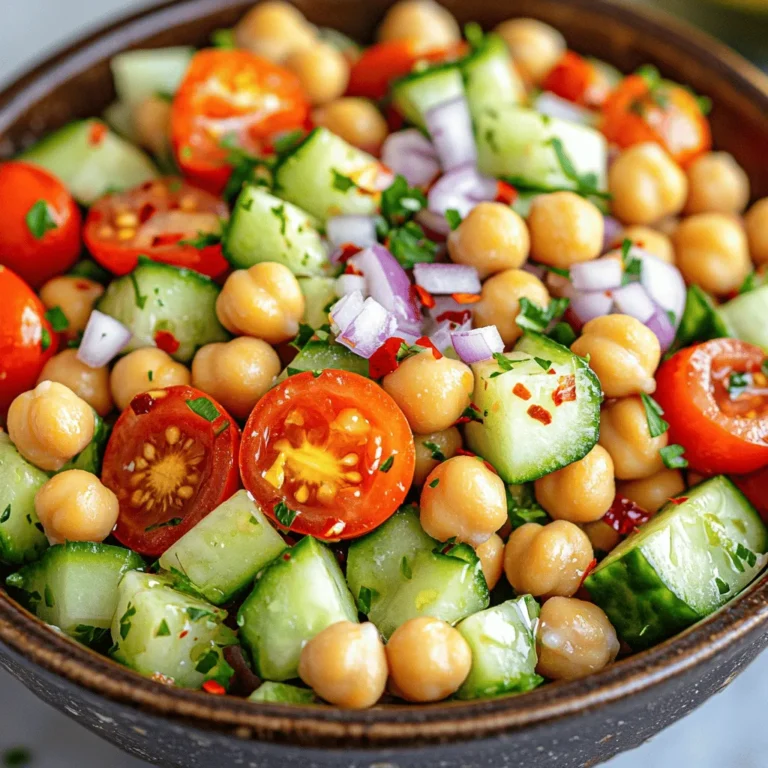 - 2 cups canned chickpeas, rinsed and drained - 1 cup cherry tomatoes, halved - 1 cucumber, diced - 1 red bell pepper, diced - 1 small red onion, finely chopped - 1/2 cup parsley, finely chopped The main ingredients for this salad are simple yet fresh. Canned chickpeas give a great base. They are soft and creamy. Fresh vegetables bring color and crunch. Cherry tomatoes add sweetness, while cucumber adds crispness. Red bell pepper gives a nice crunch and sweetness. The red onion offers a bit of bite. Finally, parsley adds a fresh herbal note. - 1/4 cup lemon juice - 3 tablespoons extra virgin olive oil - 1 teaspoon ground cumin - Salt and pepper to taste - 1/4 teaspoon chili flakes (optional) The dressing is where the magic happens. Lemon juice adds a bright tang. Extra virgin olive oil gives richness and flavor. Ground cumin adds a warm, earthy taste. Salt and pepper bring everything together. Chili flakes can add a little heat if you like spice. This salad is not only tasty but also nutritious. One serving has about 200 calories. You get protein from chickpeas, fiber from vegetables, and healthy fats from olive oil. The fresh veggies also add vitamins and minerals. This makes the salad a healthy choice for lunch or a side dish. For the full recipe, check out the details above. To start making your Turkish chickpea salad, gather your ingredients. First, rinse and drain 2 cups of canned chickpeas. This step helps remove extra sodium. Next, prepare your fresh vegetables. Dice one cucumber and one red bell pepper. Halve one cup of cherry tomatoes. Finally, finely chop one small red onion and 1/2 cup of parsley. Now, it's time to mix the ingredients. In a large mixing bowl, add the chickpeas as your base. Then, add the diced cucumber, diced red bell pepper, halved cherry tomatoes, and chopped red onion. Gently fold in the parsley. This ensures every bite is filled with fresh flavor. Next, let's prepare the dressing. In a small bowl, whisk together 1/4 cup of lemon juice and 3 tablespoons of extra virgin olive oil. Add 1 teaspoon of ground cumin, salt, and pepper to taste. If you like a bit of heat, include 1/4 teaspoon of chili flakes. Whisk until the mixture is smooth and well combined. Pour the dressing over the salad mixture. Toss everything together until it is well mixed. This ensures that every ingredient gets a taste of the dressing. After tossing, taste the salad. Adjust the seasoning if needed by adding more salt, pepper, or lemon juice. Let the salad sit for about 15 minutes. This allows the flavors to meld together beautifully. Enjoy your Turkish chickpea salad! For a full recipe, check the Full Recipe link. To boost the taste of your Turkish Chickpea Salad, try adjusting the seasonings. Adding more lemon juice brightens the dish. A pinch of salt can also enhance the flavors. If you like spice, increase the chili flakes for extra kick. When it comes to proportions, use equal parts of veggies and chickpeas. This keeps the salad balanced and fresh. This salad pairs well with grilled meats or pita bread. You can serve it as a side dish or a light meal. For a pretty presentation, layer the salad in a clear bowl. This way, you showcase the vibrant colors. You might also sprinkle extra parsley on top for a pop of green. To avoid a soggy salad, don’t dress it too early. Wait until just before serving. If you prepare it ahead of time, keep the dressing separate. For flavor balance, taste before serving. Adjust salt, pepper, or lemon juice as needed. This ensures every bite is full of flavor. {{image_2}} You can make this salad your own by adding different veggies or legumes. Try spinach, kale, or even corn for some crunch. Black beans or lentils can also work well. They add protein and a different flavor. For the dressing, you can swap lemon juice for lime juice for a zesty twist. Apple cider vinegar adds a nice tang too. If you're short on olive oil, avocado oil is a great alternative that keeps the flavors fresh. If you want a vegan salad, this recipe is already perfect! It contains no animal products. To make it gluten-free, ensure your dressing ingredients are gluten-free. Most oils and vinegars are safe. For a low-sodium version, skip the added salt. Rely on fresh herbs and spices to boost flavor. You can replace regular chickpeas with low-sodium canned ones for a healthier option. In Turkey, this salad can change based on where you are. In the south, you might find it with pomegranate seeds or walnuts. They add sweetness and crunch. In the east, spicy peppers or sumac are common for a kick. Each region has its unique twist, so feel free to explore! Try different add-ins, and you will discover exciting new flavors. To keep your Turkish chickpea salad fresh, place it in the fridge. Use an airtight container to seal it well. This helps lock in flavors and keeps your salad crisp. Glass containers work best, as they do not stain or hold odors. Always cool the salad before storing it. This prevents moisture build-up and keeps the ingredients fresh. You can freeze parts of the salad, but not the whole dish. Chickpeas freeze well and can last for about three months. However, avoid freezing fresh veggies like tomatoes and cucumbers. They lose their crunch. To refresh your salad, let it thaw in the fridge overnight. Add fresh herbs and a splash of lemon juice before serving. This brightens the flavors after freezing. In the fridge, your salad stays fresh for about three to five days. After that, it may lose texture and flavor. Look for signs of spoilage, like a sour smell or mushy veggies. If you see mold or discoloration, it’s time to toss it. Always use your senses to check for freshness. Enjoy your Turkish chickpea salad at its best! For the full recipe, check out the detailed instructions above. Yes, you can prepare this salad ahead of time. I suggest making it up to one day before serving. This allows the flavors to mix well. Just store it in the fridge in an airtight container. When you're ready to eat, give it a quick stir. If it seems dry, add a bit more olive oil or lemon juice. If you want to swap chickpeas, try using black beans or kidney beans. You can also use lentils for a different taste. These options provide a nice texture and flavor. Just make sure to rinse them well if using canned versions. This recipe includes common allergens like chickpeas and olive oil. Some people may be allergic to legumes. If you have nut allergies, this salad is safe. Always check the labels on ingredients to be sure. To recap, this article covered the main ingredients for a flavorful Turkish Chickpea Salad, from canned chickpeas and fresh veggies to a zesty dressing. I shared tips on preparation, serving suggestions, and common mistakes to avoid. You learned about variations to fit your taste and diet, as well as how to store your salad properly. Embrace these ideas in your kitchen. You can enjoy a fresh, healthy salad that excites your palate and fuels your body. Happy cooking!
