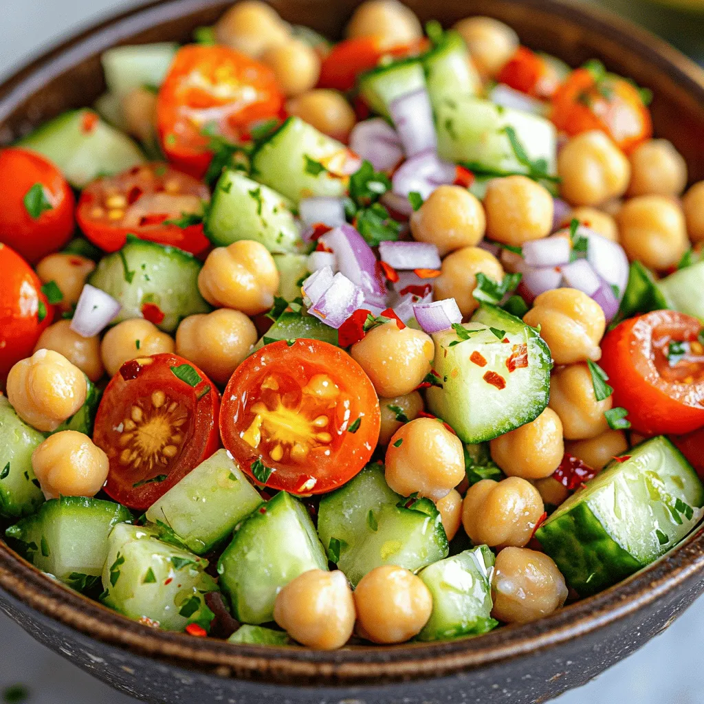 - 2 cups canned chickpeas, rinsed and drained - 1 cup cherry tomatoes, halved - 1 cucumber, diced - 1 red bell pepper, diced - 1 small red onion, finely chopped - 1/2 cup parsley, finely chopped The main ingredients for this salad are simple yet fresh. Canned chickpeas give a great base. They are soft and creamy. Fresh vegetables bring color and crunch. Cherry tomatoes add sweetness, while cucumber adds crispness. Red bell pepper gives a nice crunch and sweetness. The red onion offers a bit of bite. Finally, parsley adds a fresh herbal note. - 1/4 cup lemon juice - 3 tablespoons extra virgin olive oil - 1 teaspoon ground cumin - Salt and pepper to taste - 1/4 teaspoon chili flakes (optional) The dressing is where the magic happens. Lemon juice adds a bright tang. Extra virgin olive oil gives richness and flavor. Ground cumin adds a warm, earthy taste. Salt and pepper bring everything together. Chili flakes can add a little heat if you like spice. This salad is not only tasty but also nutritious. One serving has about 200 calories. You get protein from chickpeas, fiber from vegetables, and healthy fats from olive oil. The fresh veggies also add vitamins and minerals. This makes the salad a healthy choice for lunch or a side dish. For the full recipe, check out the details above. To start making your Turkish chickpea salad, gather your ingredients. First, rinse and drain 2 cups of canned chickpeas. This step helps remove extra sodium. Next, prepare your fresh vegetables. Dice one cucumber and one red bell pepper. Halve one cup of cherry tomatoes. Finally, finely chop one small red onion and 1/2 cup of parsley. Now, it's time to mix the ingredients. In a large mixing bowl, add the chickpeas as your base. Then, add the diced cucumber, diced red bell pepper, halved cherry tomatoes, and chopped red onion. Gently fold in the parsley. This ensures every bite is filled with fresh flavor. Next, let's prepare the dressing. In a small bowl, whisk together 1/4 cup of lemon juice and 3 tablespoons of extra virgin olive oil. Add 1 teaspoon of ground cumin, salt, and pepper to taste. If you like a bit of heat, include 1/4 teaspoon of chili flakes. Whisk until the mixture is smooth and well combined. Pour the dressing over the salad mixture. Toss everything together until it is well mixed. This ensures that every ingredient gets a taste of the dressing. After tossing, taste the salad. Adjust the seasoning if needed by adding more salt, pepper, or lemon juice. Let the salad sit for about 15 minutes. This allows the flavors to meld together beautifully. Enjoy your Turkish chickpea salad! For a full recipe, check the Full Recipe link. To boost the taste of your Turkish Chickpea Salad, try adjusting the seasonings. Adding more lemon juice brightens the dish. A pinch of salt can also enhance the flavors. If you like spice, increase the chili flakes for extra kick. When it comes to proportions, use equal parts of veggies and chickpeas. This keeps the salad balanced and fresh. This salad pairs well with grilled meats or pita bread. You can serve it as a side dish or a light meal. For a pretty presentation, layer the salad in a clear bowl. This way, you showcase the vibrant colors. You might also sprinkle extra parsley on top for a pop of green. To avoid a soggy salad, don’t dress it too early. Wait until just before serving. If you prepare it ahead of time, keep the dressing separate. For flavor balance, taste before serving. Adjust salt, pepper, or lemon juice as needed. This ensures every bite is full of flavor. {{image_2}} You can make this salad your own by adding different veggies or legumes. Try spinach, kale, or even corn for some crunch. Black beans or lentils can also work well. They add protein and a different flavor. For the dressing, you can swap lemon juice for lime juice for a zesty twist. Apple cider vinegar adds a nice tang too. If you're short on olive oil, avocado oil is a great alternative that keeps the flavors fresh. If you want a vegan salad, this recipe is already perfect! It contains no animal products. To make it gluten-free, ensure your dressing ingredients are gluten-free. Most oils and vinegars are safe. For a low-sodium version, skip the added salt. Rely on fresh herbs and spices to boost flavor. You can replace regular chickpeas with low-sodium canned ones for a healthier option. In Turkey, this salad can change based on where you are. In the south, you might find it with pomegranate seeds or walnuts. They add sweetness and crunch. In the east, spicy peppers or sumac are common for a kick. Each region has its unique twist, so feel free to explore! Try different add-ins, and you will discover exciting new flavors. To keep your Turkish chickpea salad fresh, place it in the fridge. Use an airtight container to seal it well. This helps lock in flavors and keeps your salad crisp. Glass containers work best, as they do not stain or hold odors. Always cool the salad before storing it. This prevents moisture build-up and keeps the ingredients fresh. You can freeze parts of the salad, but not the whole dish. Chickpeas freeze well and can last for about three months. However, avoid freezing fresh veggies like tomatoes and cucumbers. They lose their crunch. To refresh your salad, let it thaw in the fridge overnight. Add fresh herbs and a splash of lemon juice before serving. This brightens the flavors after freezing. In the fridge, your salad stays fresh for about three to five days. After that, it may lose texture and flavor. Look for signs of spoilage, like a sour smell or mushy veggies. If you see mold or discoloration, it’s time to toss it. Always use your senses to check for freshness. Enjoy your Turkish chickpea salad at its best! For the full recipe, check out the detailed instructions above. Yes, you can prepare this salad ahead of time. I suggest making it up to one day before serving. This allows the flavors to mix well. Just store it in the fridge in an airtight container. When you're ready to eat, give it a quick stir. If it seems dry, add a bit more olive oil or lemon juice. If you want to swap chickpeas, try using black beans or kidney beans. You can also use lentils for a different taste. These options provide a nice texture and flavor. Just make sure to rinse them well if using canned versions. This recipe includes common allergens like chickpeas and olive oil. Some people may be allergic to legumes. If you have nut allergies, this salad is safe. Always check the labels on ingredients to be sure. To recap, this article covered the main ingredients for a flavorful Turkish Chickpea Salad, from canned chickpeas and fresh veggies to a zesty dressing. I shared tips on preparation, serving suggestions, and common mistakes to avoid. You learned about variations to fit your taste and diet, as well as how to store your salad properly. Embrace these ideas in your kitchen. You can enjoy a fresh, healthy salad that excites your palate and fuels your body. Happy cooking!