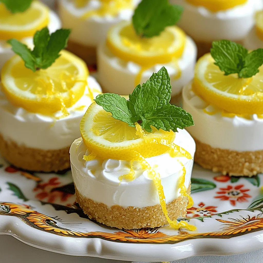 To make these tasty treats, you'll need: - 1 cup graham cracker crumbs - 4 tablespoons unsalted butter, melted - 2 cups cream cheese, softened - 1 cup powdered sugar - 1 cup fresh lemon juice (about 4-5 lemons) - Zest of 2 lemons - 1 teaspoon vanilla extract - 1 cup whipped cream (store-bought or homemade) These ingredients create a creamy and zesty filling, balanced by a sweet crust. The fresh lemon juice and zest give these cheesecakes a bright flavor that everyone loves. For added flavor and flair, consider these toppings: - Fresh mint leaves - Lemon slices - Extra lemon zest These garnishes not only look nice but also boost the lemony taste. They make each bite even more special. You can swap some ingredients to fit your needs: - Use gluten-free graham crackers for a gluten-free option. - Cream cheese can be replaced with Greek yogurt for a lighter option. - Store-bought whipped topping works if you’re short on time. Feel free to get creative with these swaps. Adjusting the ingredients can help you make the recipe your own while still keeping it delicious. For the full recipe, check out the detailed instructions. To start, gather your ingredients. You need graham cracker crumbs and melted butter. In a bowl, mix the crumbs and butter until you see a sandy texture. This will be the base for your cheesecakes. Take mini cupcake liners or small tart shells. Press the crumb mixture firmly into the bottoms. Make sure it covers the entire base. After that, place them in the fridge. This helps the crust become firm. Next, you’ll make the filling. In a clean bowl, add softened cream cheese. Beat it with a mixer until smooth and creamy. Then, you’ll slowly add powdered sugar. Mix until it blends well. Now, pour in fresh lemon juice. Don’t forget the lemon zest and vanilla extract! Mix again until you have a creamy filling. Finally, fold in the whipped cream gently. This step adds nice airiness to the filling. Now it’s time to assemble your cheesecakes! Take the crusts from the fridge. Spoon or pipe the cheesecake filling into each crust. Fill them just above the edge for a nice look. After that, you need to refrigerate them again. Let them chill for at least 4 hours. Once set, take them out. Garnish with fresh mint leaves and lemon slices. This adds color and flavor. For the full recipe, check the details above. To get a smooth and creamy texture, use softened cream cheese. Cold cream cheese will make lumps. Mixing the cream cheese first helps combine it well. When adding lemon juice, do it slowly. This keeps the filling from becoming too runny. Fold in the whipped cream gently. This adds air and lightness to your cheesecake. One common mistake is not measuring ingredients correctly. Use measuring cups and spoons for accuracy. Another mistake is not chilling the crust long enough. A firm crust holds the filling better. Lastly, don’t skip the lemon zest. It adds a fresh bite that brightens the flavor. Serve these mini cheesecakes chilled for the best taste. Use a decorative platter to show them off. Garnish with fresh mint leaves and lemon slices. Drizzle extra lemon zest over the top for flair. You can also add some colorful berries for a fun touch. For a personal twist, try adding different toppings like chocolate shavings or coconut flakes. Enjoy the process of making these treats as much as eating them! {{image_2}} You can switch up the flavor of these cheesecakes for fun. Try using lime juice instead of lemon for a zesty twist. You can also use orange juice and zest for a sweet, sunny flavor. If you love berries, add some mashed strawberries or blueberries into the filling. These changes keep the recipe fresh and exciting. If you need a gluten-free crust, it's easy to make. Substitute graham cracker crumbs with gluten-free cookies or almond flour. Mix these with melted butter just like the original recipe. Press the mixture into the cups. This way, everyone can enjoy the cheesecakes without worry. Want to make larger cheesecakes? You can! Just use a regular pie dish or springform pan. Adjust the cooking time accordingly. Keep an eye on the cheesecakes as they set. For bite-sized versions, use a mini muffin tin. This variation is great for parties or gatherings. Just remember to adjust the filling amounts based on your pan size. For the full recipe, check out the details above. Store your mini lemon cheesecakes in an airtight container. This keeps them fresh. You can place them in the fridge for easy access. It is best to keep them chilled until serving. Avoid stacking them to prevent crushing. These tasty cheesecakes last for about 5 days in the fridge. If you want to keep them longer, you can freeze them. For freezing, wrap each cheesecake in plastic wrap. Then place them in a freezer-safe bag. They can last up to 2 months in the freezer. To thaw frozen cheesecakes, move them to the fridge for a few hours. This gentle thawing keeps the texture smooth. You can also thaw them at room temperature for about 30 minutes. Just make sure not to leave them out too long. Enjoy your mini treats! Yes, you can use bottled lemon juice. However, fresh lemon juice tastes better. It has a bright flavor that enhances the cheesecake. Fresh lemons also add zest, giving your dessert a pop. For the best taste, I recommend using fresh juice when possible. The mini cheesecakes need to set for at least four hours. This time helps them firm up nicely. If you can, leave them overnight in the fridge. More time means a better texture and flavor. Yes, you can make these cheesecakes in advance. They keep well in the fridge for up to three days. Just make sure to cover them tightly. You can also freeze them for up to a month. Thaw them in the fridge before serving. For the full recipe, check out the previous section. No Bake Mini Lemon Cheesecakes are simple and fun to make. We covered ingredients, steps, and tips. You learned how to make the crust and fill them perfectly. Plus, you saw alternatives for flavors and gluten-free needs. With proper storage, these desserts stay fresh for longer. Now, you can create these tasty treats with ease. Enjoy making them for friends and family!