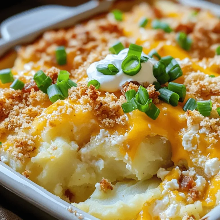 To make a great loaded baked potato casserole, you need a few key ingredients: - 4 large russet potatoes, peeled and diced - 1 cup sour cream - 1/2 cup cream cheese, softened - 1 cup shredded sharp cheddar cheese - 1/2 cup crumbled feta cheese - 1/2 cup cooked and crumbled turkey bacon (or plant-based bacon) - 1/4 cup green onions, sliced - 1 teaspoon garlic powder - 1 teaspoon onion powder - Salt and pepper to taste - 1/2 cup breadcrumbs (optional, for topping) - 2 tablespoons olive oil (or melted butter) These ingredients blend together to create a creamy and cheesy dish that everyone will love. The potatoes serve as the base, while the cheeses add richness. The toppings like bacon and green onions give it a fun twist. Feel free to get creative with your toppings! Here are a few ideas: - Bacon: Use regular bacon, turkey bacon, or even plant-based bacon. - Cheese: Try different cheeses like gouda or pepper jack for a kick. - Herbs: Add fresh herbs like chives or thyme for extra flavor. - Breadcrumbs: Mix in some spices or parmesan for a tasty topping. You can also swap the sour cream with Greek yogurt for a lighter option. Each change can make the dish your own. If you have dietary needs, this recipe can adapt easily: - Gluten-Free: Use gluten-free breadcrumbs or skip them altogether. - Vegan: Replace dairy with plant-based cream cheese and cheese. - Low-Carb: Substitute potatoes with cauliflower for a lighter version. This dish can cater to various diets while still being delicious. Just choose the ingredients that work best for you. For the full recipe, check out the details above. Start by gathering all your ingredients. You will need russet potatoes, sour cream, cream cheese, and cheeses. Don't forget the green onions and turkey bacon! Next, preheat your oven to 400°F (200°C). Lightly grease a 9x13 inch baking dish to prevent sticking. Now, peel and dice the potatoes into small cubes. In a large pot, boil these potatoes in salted water. Cook them until they are fork-tender, which takes about 15-20 minutes. Once done, drain the potatoes well and return them to the pot. Using a potato masher or fork, mash the warm potatoes until smooth. This texture will help the casserole hold together. Then, add the sour cream, cream cheese, half of the sharp cheddar cheese, feta cheese, and crumbled turkey bacon. Also, mix in the sliced green onions, garlic powder, onion powder, and season with salt and pepper. Stir until everything is well combined. Next, transfer the potato mixture into your prepared baking dish. Spread it out evenly to ensure even cooking. This step is important for a good bake. Now, sprinkle the remaining shredded cheddar cheese on top. If you want a crunchy topping, mix the breadcrumbs with olive oil. Then, sprinkle this on top of the cheese layer. Place the casserole in the preheated oven. Bake for 25-30 minutes or until the cheese bubbles and the top turns golden brown. This will give that perfect cheesy crust we all love. After baking, allow the casserole to cool for a few minutes before serving. For a beautiful presentation, garnish with extra sliced green onions and a dollop of sour cream. Enjoy your loaded baked potato casserole, a delicious comfort dish that warms the heart! If you want to know the full recipe, check out the [Full Recipe]. To get the best texture in your Loaded Baked Potato Casserole, start with russet potatoes. They are starchy and creamy when cooked. Boil them until fork-tender. This takes about 15-20 minutes. After draining, mash them while they are still warm. This helps create a smooth mix. Adding sour cream and cream cheese adds creaminess. Mix them well to avoid lumps. If you want a bit of crunch, sprinkle breadcrumbs on top before baking. If you have leftovers, store them in an airtight container. This keeps them fresh for up to four days in the fridge. Make sure to let the casserole cool down before sealing it. To reheat, place it in the oven at 350°F (175°C) until warmed through. You can also microwave portions, but the oven keeps the top crispy. If you want to keep it longer, freeze the casserole. It stays good for about three months. Just wrap it tightly in plastic wrap. Flavor is key in this dish. I love using garlic powder and onion powder for a savory boost. Adding salt and pepper to taste is important too. You can also experiment with other seasonings. Try smoked paprika for a hint of smokiness. Fresh herbs like parsley or chives can brighten the dish. For added zing, a bit of hot sauce can make it exciting. Mix and match seasonings to find your perfect flavor. For more ideas, check out the Full Recipe. {{image_2}} You can easily make this casserole vegetarian or vegan. For a vegetarian dish, skip the turkey bacon. Use plant-based bacon or extra cheese for flavor. To make it vegan, substitute sour cream and cream cheese with vegan versions. Nutritional yeast can add a cheesy taste. You can also use vegan cheese instead of regular cheese. Switching up ingredients can give this dish a new twist. Try using sweet potatoes for a sweeter taste. Instead of cheddar, you can use gouda or pepper jack for a kick. Add cooked broccoli or spinach for extra nutrients. If you want a smokier flavor, use smoked paprika. You can also mix in herbs like thyme or rosemary for added depth. This casserole pairs well with many sides. Serve it with a fresh green salad or roasted veggies. It also goes great with grilled chicken or steak. For a fun twist, try serving it in individual ramekins. Garnish with fresh herbs or a drizzle of olive oil. You can find the full recipe for this delicious comfort dish to explore even more ideas! After you make your Loaded Baked Potato Casserole, let it cool. Once cool, cover it with plastic wrap or a lid. Store it in the fridge for up to four days. This way, you keep the flavor and texture intact. If you want to keep it fresh longer, use an airtight container. You can freeze your casserole for later use. First, let it cool completely. Then, cut it into portions. Wrap each piece in plastic wrap and place them in a freezer bag. Be sure to remove as much air as possible. It can last in the freezer for up to three months. When you’re ready to eat, just thaw it in the fridge overnight before reheating. To reheat, you have two options: oven or microwave. For the oven, preheat it to 350°F (175°C). Place the casserole in an oven-safe dish and cover it with foil. Bake for about 20-30 minutes, or until hot. If you prefer the microwave, heat it in short bursts of 1-2 minutes. Stir in between to ensure even heating. Enjoy your delicious meal just like the first time! To make loaded baked potato casserole, start by peeling and dicing four large russet potatoes. Boil them in salted water until they are fork-tender. This usually takes about 15 to 20 minutes. Drain the potatoes and mash them until smooth. Next, mix in one cup of sour cream, half a cup of cream cheese, and one cup of shredded sharp cheddar cheese. Then, add half a cup of crumbled feta cheese, half a cup of cooked turkey bacon, and sliced green onions. Add one teaspoon each of garlic powder and onion powder. Don't forget to add salt and pepper to taste. Transfer the mixture to a greased baking dish, top with more cheddar cheese, and bake at 400°F for 25 to 30 minutes. For a nice crunch, you can add breadcrumbs mixed with olive oil. Yes, you can make this casserole in an Instant Pot or slow cooker. For the Instant Pot, cook the diced potatoes on high pressure for about 10 minutes. After cooking, mash the potatoes as usual and follow the same mixing steps. For a slow cooker, add the diced potatoes and other ingredients directly to the pot. Cook on low for 4 to 6 hours or until the potatoes are tender. You can still finish it in the oven for that lovely golden top, or serve it directly from the slow cooker. Absolutely! You can prepare the casserole ahead of time. Simply follow the recipe, but stop before baking. Cover it tightly with plastic wrap and store it in the fridge for up to 24 hours. When you're ready to cook, just remove the wrap and bake as directed. This makes it perfect for busy days or special events. For even longer storage, consider freezing it. Just make sure to let it cool fully before wrapping and freezing. This blog post covered everything you need for a loaded baked potato casserole. We talked about main ingredients, flavors, and dietary options. I walked you through simple steps for preparing and cooking this dish. We discussed tips for the best texture and storage methods for leftovers. You also learned about fun variations and how to reheat your casserole. Try making this dish, and enjoy its tasty goodness. Your family will love it!