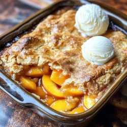 - 4 cups fresh peaches, peeled, pitted, and sliced - 1 cup granulated sugar (divided) - 1 cup all-purpose flour - 1 tablespoon baking powder - ½ teaspoon salt - 1 teaspoon ground cinnamon - 1 teaspoon vanilla extract - 1 tablespoon lemon juice - 1/2 cup unsalted butter, melted - 1 egg, beaten For this homemade peach cobbler, I love using fresh, juicy peaches. They bring the best flavor. Start by peeling, pitting, and slicing your peaches. Four cups make a great base for this dessert. You can use different peaches, like yellow or white, for variety. I divide the sugar into two parts. Half sweetens the peaches, and the other half goes in the batter. This balance helps to bring out the natural sweetness of the fruit. Next, we need pantry staples. All-purpose flour is key for a soft texture. Baking powder makes the batter rise, while salt enhances all the flavors. To make it even more delicious, I add flavor enhancers. Ground cinnamon gives warmth and depth. Vanilla extract adds a sweet aroma. Lemon juice brightens the flavors and keeps the peaches fresh. Finally, melted unsalted butter, a beaten egg, and milk come together to create a rich batter. These ingredients will make your cobbler fluffy and golden. For the full recipe, check the detailed steps to create this delightful dessert. To start, wash your fresh peaches. Then, peel and pit them. Slice the peaches into thin pieces. Aim for uniform slices to ensure even cooking. Next, place the sliced peaches in a large bowl. Add 1/2 cup of sugar, ground cinnamon, vanilla extract, and lemon juice. Stir well to combine. Let the mixture sit for about 10 minutes. This time allows the flavors to meld. You will notice the peaches release their juices, creating a sweet syrup. In a separate bowl, mix the dry ingredients. Combine 1 cup of all-purpose flour, 1/2 cup of granulated sugar, baking powder, and salt. Whisk them together until well blended. In another bowl, mix the wet ingredients. Combine 1 cup of milk, melted butter, and a beaten egg. Pour this wet mixture into the dry ingredients. Stir gently until just combined. Be careful not to overmix; a few lumps are okay. Now it's time to assemble your cobbler. First, pour the batter into a greased 9x13 inch baking dish. Spread it evenly across the bottom. Next, spoon the peach mixture over the batter. Make sure to distribute the peaches evenly without stirring. This layering helps create a delicious texture. Preheat your oven to 350°F (175°C) if you haven't already. Bake the cobbler for 40-45 minutes. Look for a golden brown top. A toothpick inserted in the center should come out clean. Once done, allow it to cool slightly before serving. Enjoy your homemade peach cobbler with a scoop of vanilla ice cream for a delightful treat. For the full recipe, check out the instructions above! To make the best peach cobbler, choose the right baking dish. A 9x13 inch dish works well. It gives the batter space to rise and the peaches room to bubble. Mixing is key, too. When you combine the wet and dry ingredients, don’t overmix. Stir until you see no dry bits. This helps keep your cobbler light and fluffy. When it comes to serving, pair your cobbler with vanilla ice cream. The cold ice cream melts into the warm cobbler, creating a yummy contrast. For presentation, serve it warm in individual bowls. Add a scoop of ice cream on top and a sprinkle of cinnamon. It makes your dish look like a restaurant treat. Watch out for overcooking. If you bake too long, the cobbler can dry out. Keep an eye on it. The top should be golden brown. Choosing the right peaches is also important. Use fresh, ripe peaches for the best flavor. Firm peaches work well, but avoid ones that are bruised or overripe. For the full recipe, check out the Peachy Paradise Cobbler. {{image_2}} You can switch up your peach cobbler with other fruits. Blueberries, apples, and blackberries all work well. For blueberries, use the same amount as peaches. For apples, slice them thinly so they cook well. Mix different fruits for a fun twist. A berry medley adds color and flavor. Just keep in mind the sweetness level of your fruit. You may want to adjust the sugar in your recipe. This way, you get a balance of flavors that tastes great. If you need a gluten-free option, you can use alternative flours. Almond flour or coconut flour are popular choices. These flours give your cobbler a nice texture. You may need to adjust the liquid in the recipe. Start with less milk and add more as needed. Another option is to use a gluten-free baking mix. This mix can replace regular flour easily. Always check the package for the right amounts. This way, you can enjoy a tasty cobbler without gluten. Add spices and extracts to enhance your cobbler's flavor. A pinch of nutmeg pairs well with cinnamon. Try adding ginger for a bit of warmth. Vanilla extract is a classic choice, but almond extract can also shine. You can even add a splash of bourbon for a unique touch. Mix and match these flavors to create your signature cobbler. Experimenting keeps the recipe fresh and exciting. Let your taste buds guide you as you create your perfect dish. You can find the full recipe for the classic peach cobbler above. To keep your peach cobbler fresh, let it cool first. Then, cover it tightly with plastic wrap or aluminum foil. This keeps moisture in and prevents it from drying out. Place the cobbler in the refrigerator. It can stay fresh for up to three days. If you want to enjoy it later, freezing is a great option. You can freeze peach cobbler before or after baking. If you freeze it before baking, wrap the dish well. Use plastic wrap and then foil to prevent freezer burn. When you're ready to bake, remove the wrap and bake it straight from the freezer. If you freeze it after baking, cool it first. Then, slice it into portions, wrap each piece well, and place them in a freezer bag. It can last up to three months in the freezer. To reheat your cobbler, the oven is the best choice. Preheat it to 350°F (175°C). Place the cobbler in an oven-safe dish. Cover it with foil to keep it moist. Warm it for about 15-20 minutes. If you like it warm and crispy, remove the foil for the last five minutes. You can also use the microwave, but it may not keep the crust as crisp. Heat it in short bursts, checking often. Enjoy your cobbler warm, and consider serving it with vanilla ice cream for a treat! Yes, you can use canned peaches. They are easy and quick. However, fresh peaches have a better taste and texture. Canned peaches often have added sugar and syrup, which can change the flavor. If you use canned peaches, rinse them to reduce some sugar. Fresh peaches give a brighter flavor. They also add a nice bite to the cobbler. To lower sugar, try using honey or maple syrup. These sweeteners bring a rich taste. You can also use stevia or erythritol for a low-calorie option. Start with half the amount of sugar in the recipe. Taste and add more if needed. Remember, sweeteners vary in strength, so adjust wisely. Peach cobbler has a soft, cake-like topping. It covers the peaches but stays moist. Peach crisp has a crunchy topping made with oats and butter. It gives a nice texture contrast with juicy peaches. Both are delicious, but they offer different bites and flavors. Cobblers are more cake-like, while crisps are crunchier. This blog post guides you through making a delicious peach cobbler. We explored fresh ingredients, pantry staples, and flavor enhancers that make this dish shine. I shared step-by-step instructions for preparing the peaches and making the batter, along with tips to avoid common mistakes. Embrace different fruit options and explore gluten-free adaptations to suit your taste. Remember, serving it warm with vanilla ice cream creates the perfect treat. Now, go ahead and enjoy crafting your own peach cobbler masterpiece!