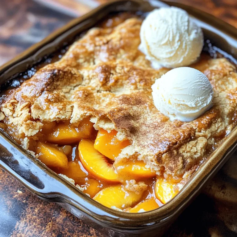 - 4 cups fresh peaches, peeled, pitted, and sliced - 1 cup granulated sugar (divided) - 1 cup all-purpose flour - 1 tablespoon baking powder - ½ teaspoon salt - 1 teaspoon ground cinnamon - 1 teaspoon vanilla extract - 1 tablespoon lemon juice - 1/2 cup unsalted butter, melted - 1 egg, beaten For this homemade peach cobbler, I love using fresh, juicy peaches. They bring the best flavor. Start by peeling, pitting, and slicing your peaches. Four cups make a great base for this dessert. You can use different peaches, like yellow or white, for variety. I divide the sugar into two parts. Half sweetens the peaches, and the other half goes in the batter. This balance helps to bring out the natural sweetness of the fruit. Next, we need pantry staples. All-purpose flour is key for a soft texture. Baking powder makes the batter rise, while salt enhances all the flavors. To make it even more delicious, I add flavor enhancers. Ground cinnamon gives warmth and depth. Vanilla extract adds a sweet aroma. Lemon juice brightens the flavors and keeps the peaches fresh. Finally, melted unsalted butter, a beaten egg, and milk come together to create a rich batter. These ingredients will make your cobbler fluffy and golden. For the full recipe, check the detailed steps to create this delightful dessert. To start, wash your fresh peaches. Then, peel and pit them. Slice the peaches into thin pieces. Aim for uniform slices to ensure even cooking. Next, place the sliced peaches in a large bowl. Add 1/2 cup of sugar, ground cinnamon, vanilla extract, and lemon juice. Stir well to combine. Let the mixture sit for about 10 minutes. This time allows the flavors to meld. You will notice the peaches release their juices, creating a sweet syrup. In a separate bowl, mix the dry ingredients. Combine 1 cup of all-purpose flour, 1/2 cup of granulated sugar, baking powder, and salt. Whisk them together until well blended. In another bowl, mix the wet ingredients. Combine 1 cup of milk, melted butter, and a beaten egg. Pour this wet mixture into the dry ingredients. Stir gently until just combined. Be careful not to overmix; a few lumps are okay. Now it's time to assemble your cobbler. First, pour the batter into a greased 9x13 inch baking dish. Spread it evenly across the bottom. Next, spoon the peach mixture over the batter. Make sure to distribute the peaches evenly without stirring. This layering helps create a delicious texture. Preheat your oven to 350°F (175°C) if you haven't already. Bake the cobbler for 40-45 minutes. Look for a golden brown top. A toothpick inserted in the center should come out clean. Once done, allow it to cool slightly before serving. Enjoy your homemade peach cobbler with a scoop of vanilla ice cream for a delightful treat. For the full recipe, check out the instructions above! To make the best peach cobbler, choose the right baking dish. A 9x13 inch dish works well. It gives the batter space to rise and the peaches room to bubble. Mixing is key, too. When you combine the wet and dry ingredients, don’t overmix. Stir until you see no dry bits. This helps keep your cobbler light and fluffy. When it comes to serving, pair your cobbler with vanilla ice cream. The cold ice cream melts into the warm cobbler, creating a yummy contrast. For presentation, serve it warm in individual bowls. Add a scoop of ice cream on top and a sprinkle of cinnamon. It makes your dish look like a restaurant treat. Watch out for overcooking. If you bake too long, the cobbler can dry out. Keep an eye on it. The top should be golden brown. Choosing the right peaches is also important. Use fresh, ripe peaches for the best flavor. Firm peaches work well, but avoid ones that are bruised or overripe. For the full recipe, check out the Peachy Paradise Cobbler. {{image_2}} You can switch up your peach cobbler with other fruits. Blueberries, apples, and blackberries all work well. For blueberries, use the same amount as peaches. For apples, slice them thinly so they cook well. Mix different fruits for a fun twist. A berry medley adds color and flavor. Just keep in mind the sweetness level of your fruit. You may want to adjust the sugar in your recipe. This way, you get a balance of flavors that tastes great. If you need a gluten-free option, you can use alternative flours. Almond flour or coconut flour are popular choices. These flours give your cobbler a nice texture. You may need to adjust the liquid in the recipe. Start with less milk and add more as needed. Another option is to use a gluten-free baking mix. This mix can replace regular flour easily. Always check the package for the right amounts. This way, you can enjoy a tasty cobbler without gluten. Add spices and extracts to enhance your cobbler's flavor. A pinch of nutmeg pairs well with cinnamon. Try adding ginger for a bit of warmth. Vanilla extract is a classic choice, but almond extract can also shine. You can even add a splash of bourbon for a unique touch. Mix and match these flavors to create your signature cobbler. Experimenting keeps the recipe fresh and exciting. Let your taste buds guide you as you create your perfect dish. You can find the full recipe for the classic peach cobbler above. To keep your peach cobbler fresh, let it cool first. Then, cover it tightly with plastic wrap or aluminum foil. This keeps moisture in and prevents it from drying out. Place the cobbler in the refrigerator. It can stay fresh for up to three days. If you want to enjoy it later, freezing is a great option. You can freeze peach cobbler before or after baking. If you freeze it before baking, wrap the dish well. Use plastic wrap and then foil to prevent freezer burn. When you're ready to bake, remove the wrap and bake it straight from the freezer. If you freeze it after baking, cool it first. Then, slice it into portions, wrap each piece well, and place them in a freezer bag. It can last up to three months in the freezer. To reheat your cobbler, the oven is the best choice. Preheat it to 350°F (175°C). Place the cobbler in an oven-safe dish. Cover it with foil to keep it moist. Warm it for about 15-20 minutes. If you like it warm and crispy, remove the foil for the last five minutes. You can also use the microwave, but it may not keep the crust as crisp. Heat it in short bursts, checking often. Enjoy your cobbler warm, and consider serving it with vanilla ice cream for a treat! Yes, you can use canned peaches. They are easy and quick. However, fresh peaches have a better taste and texture. Canned peaches often have added sugar and syrup, which can change the flavor. If you use canned peaches, rinse them to reduce some sugar. Fresh peaches give a brighter flavor. They also add a nice bite to the cobbler. To lower sugar, try using honey or maple syrup. These sweeteners bring a rich taste. You can also use stevia or erythritol for a low-calorie option. Start with half the amount of sugar in the recipe. Taste and add more if needed. Remember, sweeteners vary in strength, so adjust wisely. Peach cobbler has a soft, cake-like topping. It covers the peaches but stays moist. Peach crisp has a crunchy topping made with oats and butter. It gives a nice texture contrast with juicy peaches. Both are delicious, but they offer different bites and flavors. Cobblers are more cake-like, while crisps are crunchier. This blog post guides you through making a delicious peach cobbler. We explored fresh ingredients, pantry staples, and flavor enhancers that make this dish shine. I shared step-by-step instructions for preparing the peaches and making the batter, along with tips to avoid common mistakes. Embrace different fruit options and explore gluten-free adaptations to suit your taste. Remember, serving it warm with vanilla ice cream creates the perfect treat. Now, go ahead and enjoy crafting your own peach cobbler masterpiece!