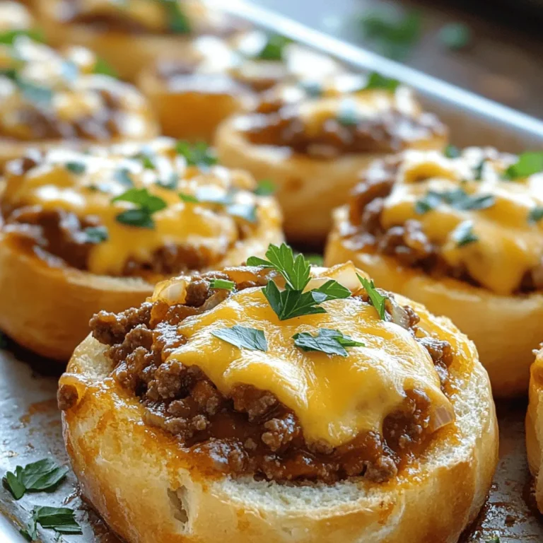 To create Cheesy Garlic Bread Sloppy Joes, gather these simple ingredients: - 1 lb ground beef or turkey - 1 small onion, finely chopped - 2 cloves garlic, minced - 1 cup shredded cheddar cheese - 1 cup marinara sauce - 1 tablespoon Worcestershire sauce - 1 teaspoon dried oregano - Salt and pepper to taste - 4 large garlic bread rolls (preferably with a sturdy texture) - 2 tablespoons butter, softened - Fresh parsley, chopped (for garnish) Each ingredient plays a key role in the flavor and texture of this dish. The ground beef or turkey adds protein, while the onion and garlic provide depth. Marinara sauce brings a sweet and tangy note. Worcestershire sauce adds umami, and oregano gives a hint of earthiness. The garlic bread rolls serve as a delicious base, holding all the goodness together. Softened butter on the rolls enhances the garlic flavor and helps achieve that perfect golden toast. Lastly, fresh parsley not only adds color but also a fresh taste that brightens the dish. For the full recipe, click [Full Recipe]. To start, take a large skillet and set it over medium heat. Add 1 pound of ground beef or turkey. Cook it until it’s browned, which usually takes about 5-7 minutes. Use a spatula to break the meat apart as it cooks. This helps it brown evenly. Next, add 1 small onion, finely chopped, and 2 cloves of minced garlic to the skillet. Sauté this mixture for about 3-4 minutes. You want the onion to turn translucent and smell good. This step adds great flavor to your sloppy joes. Now it’s time to add the marinara sauce. Pour in 1 cup of marinara sauce along with 1 tablespoon of Worcestershire sauce. Sprinkle in 1 teaspoon of dried oregano, and season with salt and pepper to taste. Mix everything well. Let the mixture simmer for about 10 minutes. This helps it thicken. While the meat mixture simmers, preheat your oven to 375°F (190°C). Take 4 large garlic bread rolls and cut them in half horizontally. Spread a thin layer of 2 tablespoons of softened butter on each half. This will give them a nice, rich flavor when toasted. Place the rolls on a baking sheet. Toast them in the preheated oven for about 5-7 minutes. You want the edges to turn golden brown. Once the rolls are toasted, remove them from the oven. Take a generous scoop of the meat mixture and place it on the bottom halves of the garlic bread. Now, sprinkle 1 cup of shredded cheddar cheese over the meat mixture. This cheese will melt beautifully. Return the loaded rolls to the oven for an additional 5 minutes. Wait until the cheese is melted and bubbly. Remove them from the oven, and sprinkle fresh chopped parsley on top. Serve immediately with the top halves of the garlic bread on the side. For the full recipe, check out the link above. To make the best Cheesy Garlic Bread Sloppy Joes, start with quality meat. Ground beef or turkey works well. I prefer using a leaner meat to cut down on grease. Brown it over medium heat until it’s nice and crispy. This adds flavor. Next, balance the sauce. Use marinara sauce for sweetness. The Worcestershire sauce adds depth. Salt and pepper enhance the taste. Don’t forget the oregano! It brings a lovely aroma. Let the sauce simmer to thicken. This makes the filling hearty and rich. When serving, think about drinks or sides. A cold soda or iced tea pairs well. You can also try a light salad on the side. It adds freshness to the meal. For plating, make it fun! Use a large plate. Place the cheesy sloppy joe on one side and a handful of chips on the other. You can sprinkle fresh parsley on top for color. This makes the dish pop and looks inviting. For full details on how to whip up these tasty bites, check out the Full Recipe. {{image_2}} You can switch up the meat by using ground chicken or plant-based meat. Ground chicken gives a lighter flavor. Plant-based meat offers a tasty, meat-free option. Both choices work well in this recipe. For cheese, you can try mozzarella, pepper jack, or even a blend. Each cheese adds a different taste. Mozzarella is creamy, while pepper jack brings heat. Experimenting with cheeses can make your sloppy joes even better. You can turn these sloppy joes into sliders. Use smaller rolls and serve them at parties. They are easy to hold and fun to eat. Another fun option is to transform them into a casserole. Layer the meat mixture and cheese in a baking dish. Top it with garlic bread pieces and bake until golden. This gives you a new way to enjoy the flavors. For the full recipe, check out the detailed instructions. To keep your Cheesy Garlic Bread Sloppy Joes fresh, follow these steps: - Cooling and packing properly: Allow the sloppy joe mixture to cool to room temperature. This step helps avoid condensation in your storage container. Once cooled, scoop the meat mixture into a clean, airtight container. Store the garlic bread rolls separately to keep them crispy. - Recommended storage containers: Use glass or BPA-free plastic containers. These types help keep your food safe. For best results, use containers that fit the amount you have left to minimize air exposure. Reheating your Cheesy Garlic Bread Sloppy Joes can be easy and fun: - Best methods to reheat without losing texture: The oven is your best friend here. Preheat it to 350°F (175°C). Place the stuffed bread on a baking sheet. Cover with foil to keep moisture in and heat for about 10 minutes. This way, the bread stays crisp, and the filling warms up nicely. - Tips for refreshing the toppings: If the cheese has hardened, add a sprinkle of fresh cheese before reheating. You can also add a little more chopped parsley for a fresh taste. Enjoy your meal just like it was fresh out of the oven! For more details, check the Full Recipe. Yes, you can make Cheesy Garlic Bread Sloppy Joes ahead. First, prepare the meat mixture. Store it in an airtight container in the fridge. It stays fresh for up to three days. When you're ready to eat, just reheat it in a skillet over medium heat. Add a splash of water if it looks dry. For the garlic bread, I recommend toasting it fresh. This keeps it crispy and tasty. You can serve many tasty sides with Cheesy Garlic Bread Sloppy Joes. Here are some great ideas: - Crispy potato fries - Fresh garden salad - Coleslaw with a tangy dressing - Sweet corn on the cob - Pickles for a crunchy bite These sides will complement the rich flavors of the sloppy joes. To make Cheesy Garlic Bread Sloppy Joes vegetarian or vegan, swap the meat. Use lentils, mushrooms, or plant-based meat. For the cheese, choose a vegan cheese or skip it altogether. You can also add more veggies, like bell peppers or zucchini, to enhance the flavor. These simple changes keep the dish tasty while meeting dietary needs. For full details on the Cheesy Garlic Bread Sloppy Joes recipe, check the Full Recipe link. Cheesy Garlic Bread Sloppy Joes blend bold flavors with fun, easy steps. I shared the key ingredients, simple instructions, and served-up tips to nail this dish. You can switch up ingredients and find ways to store leftovers, too. This meal is a crowd-pleaser that can fit any gathering. Don't hesitate to get creative with your choices and enjoy every bite. With this guide, you're ready to impress anyone at your table!