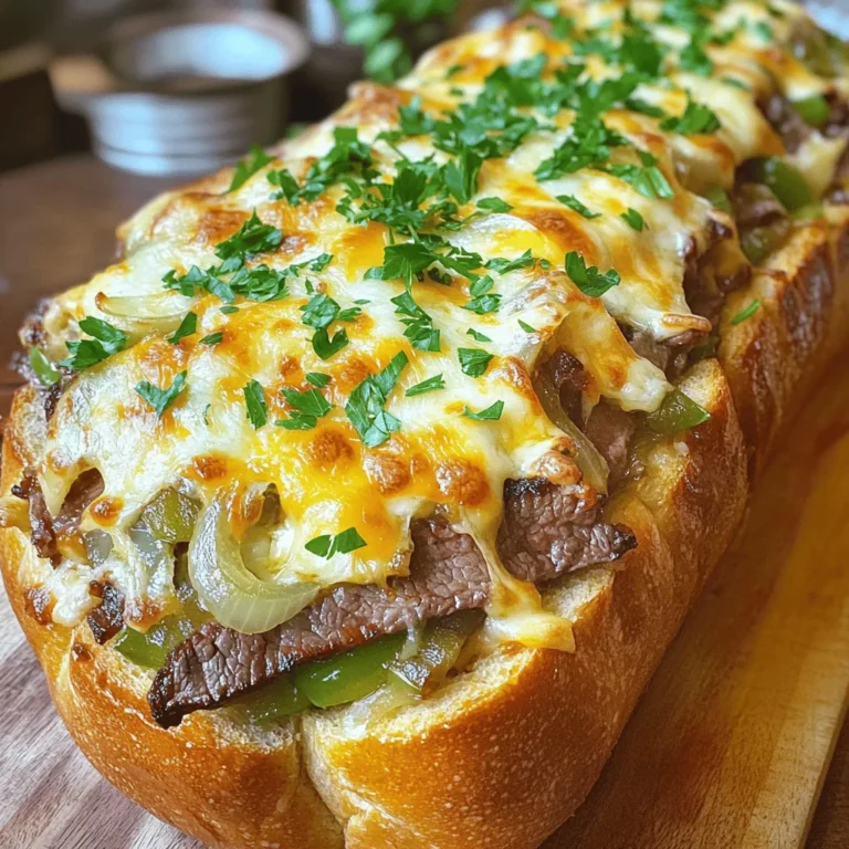 - 1 large loaf of French bread - 1 lb flank steak, thinly sliced - 1 tablespoon olive oil - 1 medium onion, thinly sliced - 1 green bell pepper, thinly sliced - 3 cloves garlic, minced - 1 teaspoon smoked paprika - Salt and pepper, to taste - 1 cup provolone cheese, shredded - 1 cup mozzarella cheese, shredded - Fresh parsley, chopped (for garnish) To make Cheesy Garlic Philly Cheesesteak Bread, gather all these ingredients. The flank steak gives a rich flavor. The onions and bell peppers add sweetness and crunch. Garlic brings a warm aroma, while smoked paprika adds depth. The provolone and mozzarella cheese create a gooey, satisfying topping. - Alternative proteins: You can use chicken or turkey instead of flank steak. For a plant-based option, try mushrooms or tempeh. - Cheese alternatives: If you prefer a dairy-free option, use almond or cashew cheese. Vegan cheese works well too. - Gluten-free options: Look for gluten-free French bread or use a gluten-free roll. This way, everyone can enjoy the dish. This recipe is flexible. Feel free to swap any ingredients to suit dietary needs or preferences. You can find the full recipe in the earlier section. Start by slicing the vegetables and steak. Use a sharp knife for clean cuts. Cut the onion into thin strips. Aim for about the same thickness as the pepper slices. For the green bell pepper, remove the seeds and slice it thinly too. Next, thinly slice the flank steak against the grain. This helps it stay tender. Keep your workspace neat to make cooking smooth. Gather all your ingredients close to you. This saves time and keeps you organized. Heat a large skillet over medium heat and add olive oil. Once hot, toss in the sliced onions and peppers. Sauté them for about 5 to 7 minutes. You want them soft and sweet. Add the minced garlic to the skillet. Cook for one more minute. Smell that? It's the garlic! Now, increase the heat to high. Add the thinly sliced flank steak next. Season it with smoked paprika, salt, and pepper. Cook until the steak is browned, about 3 to 5 minutes. Stir often to mix everything well. Grab your loaf of French bread. Slice it lengthwise. This creates a boat for your filling. If you want, hollow out some inside to fit more goodies. Spread the steak mixture evenly over the cut side of the bread. Make sure to cover every inch. Now, for the cheese! Layer provolone and mozzarella on top. Use a mix to get that gooey, melty goodness. Preheat your oven to 375°F (190°C). Place your filled bread on a baking sheet. Bake for 10 to 15 minutes. You’ll know it’s done when the cheese is melted and bubbly. Keep an eye on it to avoid burning. To make your Cheesy Garlic Philly Cheesesteak Bread truly shine, focus on your seasoning. Use smoked paprika for a unique touch. It adds a deep, warm flavor. Don’t shy away from salt and pepper; they bring out the taste of the steak and veggies. For extra kick, sprinkle some red pepper flakes or chili powder. This way, you can tailor the heat to your taste. You can prep this dish in advance. Slice the veggies and meat the night before. Store them in the fridge in airtight containers. This saves time on the day you plan to bake. You can also assemble the bread and place it in the oven just before serving. To reheat, wrap the bread in foil and place it in a preheated oven at 350°F (175°C) for about 15 minutes. This keeps it warm and the cheese melty. Pair this cheesy delight with easy side dishes. A fresh salad with tomatoes and cucumbers works well. You can also serve it with crispy fries or potato wedges. For extra flavor, try dips like ranch or a zesty garlic sauce. These add a nice touch to every bite. Enjoy the mix of flavors and textures! {{image_2}} For a tasty vegetarian version, swap the steak for mushrooms or tempeh. Mushrooms give a rich, meaty flavor. Tempeh is packed with protein and adds a nice bite. Try using these veggies for added taste: - Bell peppers - Spinach - Zucchini - Onions Each of these choices brings a fresh twist to your Cheesy Garlic Philly Cheesesteak Bread. Cheese is key in this recipe. While provolone and mozzarella work great, you can explore other blends. Gouda adds a smoky taste, while cheddar gives a sharp kick. Here are some fun cheese ideas: - Monterey Jack for creaminess - Blue cheese for a bold flavor - Feta for a tangy surprise Mix and match to find your favorite combo! If you love heat, try adding jalapeños or a splash of hot sauce. These can spice up your bread and make it exciting. Here are some tips to balance the heat: - Start with a small amount and taste as you go. - Pair spicy flavors with cooling ingredients like sour cream or avocado. - Add some sweet peppers to mellow out the heat. This way, your Cheesy Garlic Philly Cheesesteak Bread can be as spicy as you like! To keep your Cheesy Garlic Philly Cheesesteak Bread fresh, follow these tips: - Refrigeration: Wrap the leftovers tightly in foil or plastic wrap. This helps keep them moist. Store in the fridge for up to three days. - Prevent Sogginess: If you notice the bread getting too soft, consider storing the filling and bread separately. This way, the bread stays crisp longer. Freezing is a great option for longer storage. Here’s how to do it right: - Guidelines for Freezing: Wrap the entire loaf tightly in foil, then place it in a freezer bag. This keeps freezer burn at bay. You can freeze it for up to three months. - How to Reheat for Optimal Taste: To enjoy it again, thaw the loaf in the fridge overnight. Preheat your oven to 375°F (190°C) and bake for about 15-20 minutes. This brings back the melty cheese and soft bread. Making Cheesy Garlic Philly Cheesesteak Bread takes about 30 minutes in total. You will spend around 15 minutes prepping the ingredients. The cooking time will take about 15 minutes. This quick method makes it great for a tasty meal when you’re short on time. Yes, you can switch the bread! Here are some great options: - Ciabatta - Hoagie rolls - Italian bread These choices can add a new twist to your dish. Each type brings its own texture and flavor to the mix. Absolutely! This bread is perfect for meal prep. You can make it ahead and enjoy it all week. Just store it in the fridge after it cools. When you're ready to eat, heat it in the oven for a few minutes. This keeps it warm and tasty. Yes, you can prepare this bread in advance. To store it, keep the bread in an airtight container or wrap it well. You can refrigerate it for up to three days. For reheating, place it in the oven at 350°F (175°C) until warm. This will help keep the cheese melted and the bread nice. For the full experience, follow the Full Recipe. This blog post covers everything you need for Cheesy Garlic Philly Cheesesteak Bread. We discussed the required ingredients, offered substitutes, and shared step-by-step cooking instructions. I provided tips for perfect flavor and suggestions for variations. You can even make ahead and store leftovers properly. Enjoy making this dish that fits your taste and dietary needs. Now, gather your ingredients and start cooking! You’ll love the results.