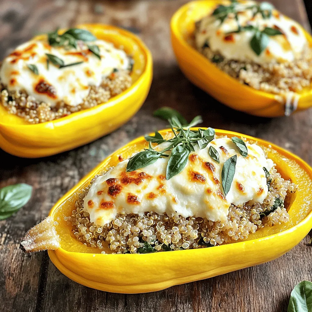 - 4 medium yellow squash - 1 cup cooked quinoa - 1 cup fresh spinach - 1/2 cup ricotta cheese - 1/2 cup shredded mozzarella cheese - 1/4 cup grated Parmesan cheese - 2 tablespoons fresh basil - 1 tablespoon fresh thyme - 2 cloves garlic - Salt and pepper to taste - 2 tablespoons olive oil - 1/4 teaspoon crushed red pepper flakes (optional) Gather these ingredients before starting your dish. The yellow squash serves as a tasty boat for the filling. Quinoa adds protein and texture. Spinach gives a fresh taste, while the cheeses bring creaminess and depth. Fresh herbs like basil and thyme add bright notes. Garlic enhances the flavor without being overpowering. Olive oil helps cook everything nicely. You might want to adjust the salt and pepper based on your taste. If you enjoy a little heat, add the crushed red pepper flakes. This recipe offers a great balance of flavors and nutrition. Plus, you can find the full recipe online for more cooking details. 1. Preheat the oven and prepare your ingredients Start by preheating your oven to 375°F (190°C). This step is key for even cooking. Next, gather all your ingredients. Having everything ready makes cooking easier. 2. Scoop out the flesh of each yellow squash Take your yellow squash and slice them in half lengthwise. Using a spoon, scoop out the soft inside, leaving about a 1/4-inch border. This space is perfect for holding your tasty filling. 3. Heat olive oil and sauté garlic In a skillet, pour in the olive oil and heat it over medium heat. Add the minced garlic and sauté it for about 1-2 minutes. You want to cook it just until it smells great, but don’t let it brown. 1. Combine reserved squash flesh with spinach Add the scooped-out squash flesh and chopped spinach to your skillet. Cook this mixture for about 3-4 minutes. You want the spinach to wilt and blend nicely with the squash. 2. Mix in other filling ingredients In a large bowl, combine your cooked quinoa, sautéed mixture, ricotta cheese, shredded mozzarella, grated Parmesan, chopped basil, thyme, and crushed red pepper flakes if you like a kick. Season with salt and pepper. Stir until everything is evenly mixed. 1. Stuff the squash and prepare for baking Take the filling and stuff it into the hollowed yellow squash halves. Fill them generously but don’t overflow. Place the stuffed squash on a baking sheet and cover them loosely with aluminum foil. 2. Bake times and temperature adjustments Bake the stuffed squash in your preheated oven for 25 minutes. After that, remove the foil and continue baking for another 10-15 minutes. You want the tops to turn golden and the squash to become tender. Now, you have a delicious and healthy dish ready to enjoy! For the full recipe, check out the detailed instructions above. Best practices for cooking quinoa: To cook quinoa well, rinse it first. This removes a bitter coating called saponin. Next, use a ratio of 2 parts water to 1 part quinoa. Bring it to a boil, then reduce heat and cover. Let it simmer for about 15 minutes. Turn off the heat and let it sit covered for 5 more minutes. Fluff it with a fork before using it in your stuffed squash. How to avoid overcooking the squash: When baking the squash, keep an eye on it. Overcooked squash can become mushy and lose its shape. Bake it until tender, but still firm. A fork should easily pierce the squash, but it should not fall apart. Check it at the 25-minute mark, then decide if it needs more time. Suggestions for additional herbs and spices: You can make your stuffed squash unique by adding different herbs. Try oregano or parsley for freshness. A dash of cumin can add warmth, while lemon zest brings brightness. Garlic powder or onion powder can also enhance the flavor without overpowering it. Ways to customize cheese blends: Mix and match your cheeses for a different taste. Use feta for a tangy punch or goat cheese for creaminess. You can also add a bit of cheddar for a sharp flavor. Blend different cheeses to find your favorite combo! How to tell when the squash is done: Check for a golden color on top. The squash should look slightly wrinkled. You can gently press it to see if it gives a bit. If it feels soft but holds its shape, it’s ready. Tips for presentation and serving: Serve your stuffed squash on a colorful plate. Garnish with fresh herbs for a pop of color. Drizzle a little olive oil or balsamic glaze on top for added flair. This makes your dish appealing and ready for dinner guests! {{image_2}} You can change up the protein in your stuffed yellow squash. Ground turkey or beef are great choices. They add flavor and richness. If you want a lighter option, try plant-based substitutes like lentils. Lentils pack protein and fiber without meat. Feel free to get creative with the filling. You can use other vegetables too. For example, bell peppers, mushrooms, or zucchini work well. These veggies add different textures and flavors. Mixing them in makes every bite exciting. Incorporating seasonal herbs and produce can elevate your dish. Fresh basil and thyme are always good, but try adding dill in summer. In fall, use sage or rosemary. These herbs bring out the best flavors. Using seasonal produce ensures freshness and taste. It also makes your meal more colorful and fun. To keep cooked stuffed squash fresh, place it in an airtight container. This will help to seal in the flavor. You can store it in the fridge for up to four days. When reheating, use the oven for the best taste. Preheat your oven to 350°F (175°C), then place the squash in a baking dish. Cover it with foil to prevent drying out. Heat for about 15-20 minutes, or until warm. If you want to freeze stuffed squash, let it cool first. Wrap each half tightly in plastic wrap. Then, place them in a freezer-safe bag or container. This helps to prevent freezer burn. You can freeze it for up to three months. To cook frozen squash, thaw it in the fridge overnight. Then, reheat in the oven as mentioned before. Stuffed squash can last about four days in the fridge. If you freeze it, the shelf life extends to about three months. After that, the taste and texture may change. Always check for spoilage before eating. If it looks or smells off, it’s best to throw it away. - How do I know when stuffed yellow squash is done? You know the squash is done when it is tender. The tops should be golden brown. Stick a fork in it to check for softness. - Can I prepare stuffed yellow squash ahead of time? Yes! You can prepare it up to a day in advance. Just stuff the squash and cover it in the fridge. Bake it fresh when ready to eat. - What is the best way to serve stuffed yellow squash? Serve it warm, directly from the oven. You can add a sprinkle of fresh herbs on top for a nice touch. - Is this recipe gluten-free? Yes, this recipe is gluten-free. Quinoa is a great alternative to grains that contain gluten. - Can I make it vegan? Absolutely! Replace the ricotta cheese with a vegan option. You can use tofu or a nut-based cheese. - What can I use instead of ricotta cheese? You can use cottage cheese or a dairy-free cream cheese. Both will work well in this recipe. - What are good substitutes for quinoa? Brown rice or farro can work well. You can also try using lentils for added protein. For the full details, check the [Full Recipe]. In this post, I shared a simple and tasty stuffed yellow squash recipe. We covered ingredients, step-by-step instructions, and handy tips. You learned about variations like adding protein or using seasonal veggies. I also explained how to store leftovers properly. Remember, this dish is easy to adapt for various diets. So, have fun in the kitchen and make it your own! Enjoy each bite of your delightful creation.
