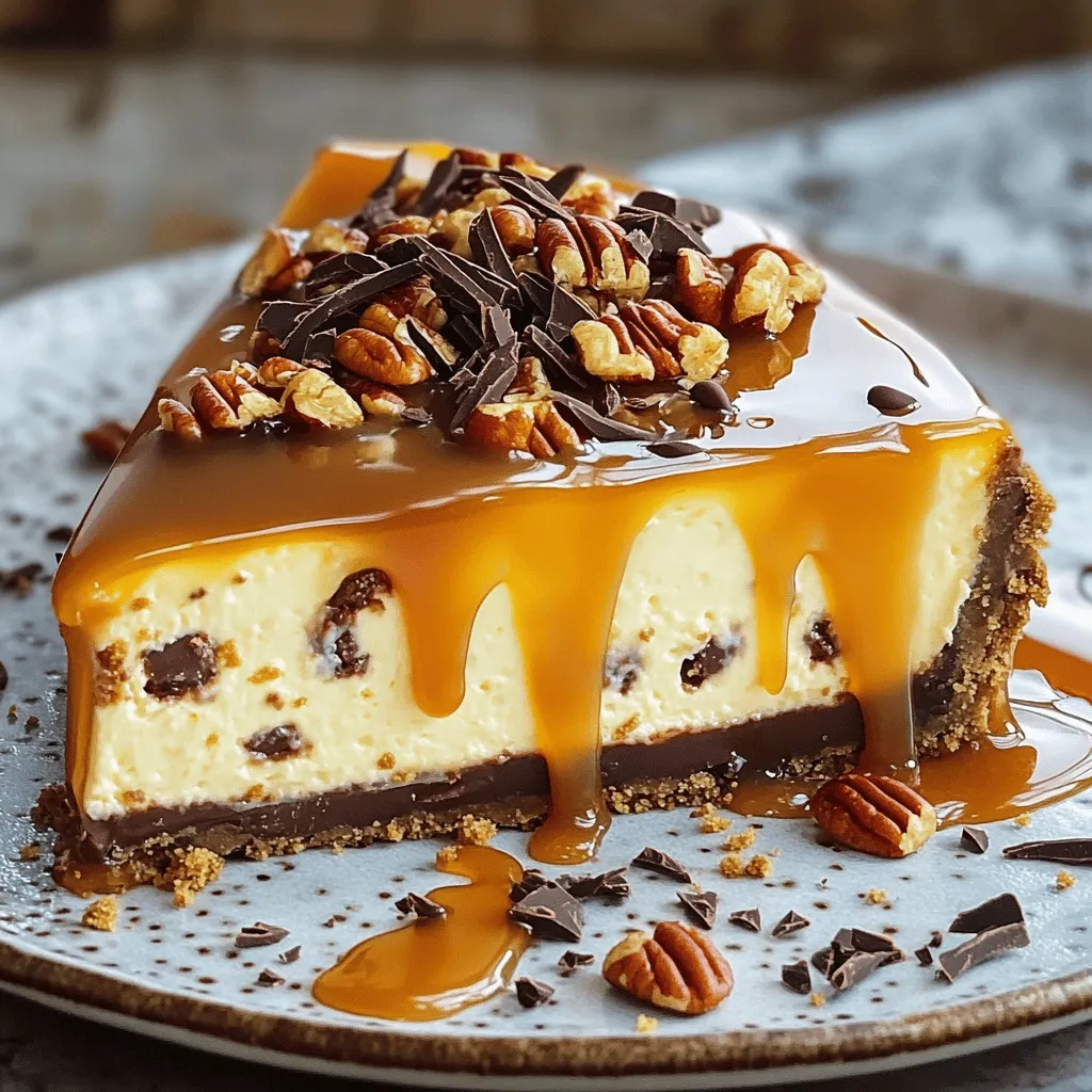 - 1 ½ cups graham cracker crumbs - ½ cup unsalted butter, melted - 1 cup granulated sugar, divided - 16 oz cream cheese, softened - 3 large eggs - 1 tsp vanilla extract - 1 cup sour cream - 1 cup semi-sweet chocolate chips, melted - 1 cup caramel sauce - ¼ cup chopped pecans Gathering the right ingredients is key to making a great turtle cheesecake. Each part plays a role in creating that rich, creamy taste. The graham cracker crumbs form a crunchy crust. The butter helps hold the crust together. I like to use unsalted butter for better control over the saltiness. You need granulated sugar to sweeten the cheesecake. Divide it into two parts: one for the crust and one for the filling. Cream cheese acts as the base. Make sure it’s softened to mix smoothly. Eggs add structure and help the cheesecake set. Vanilla extract brings warmth and depth to the flavor. Sour cream adds a nice tang, balancing the sweetness. Semi-sweet chocolate chips give that rich, chocolatey taste. Caramel sauce is the star topping, adding sweetness and a touch of gooeyness. Finally, chopped pecans provide a delightful crunch. - Alternative crust options: Use crushed Oreos or nut-based crusts for a twist. - Sugar substitutes for a healthier version: Try using coconut sugar or a sugar alternative like Stevia. - Dairy-free ingredients for cheesecake: Substitute cream cheese with cashew cream or coconut cream. These swaps can help cater to different diets or preferences. They can make your turtle cheesecake just as delicious while meeting your needs. - Preheat the oven: Set your oven to 325°F (160°C). This helps the crust bake evenly. - Mixing the crust ingredients: In a medium bowl, combine 1 ½ cups of graham cracker crumbs, ½ cup of melted unsalted butter, and ¼ cup of granulated sugar. Stir well until it looks like wet sand. - Baking the crust: Press the mixture firmly into the bottom of a 9-inch springform pan. Bake it for 10 minutes. After baking, let it cool while you prepare the filling. - Creaming the cream cheese: In a large bowl, use an electric mixer to beat 16 oz of softened cream cheese. Mix until it is creamy and smooth. - Adding eggs and flavorings: Gradually add ¾ cup of granulated sugar. Beat until well combined. Next, add 3 large eggs, one at a time. Mix well after each egg. Stir in 1 tsp of vanilla extract and 1 cup of sour cream until fully mixed. - Incorporating the chocolate: Gently fold in 1 cup of melted semi-sweet chocolate chips. Make sure the chocolate is evenly mixed into the filling. - Pouring filling over the crust: Carefully pour the cheesecake filling over the cooled crust in the springform pan. Tap the pan gently on the counter to remove any air bubbles. - Time and temperature for baking: Bake in the preheated oven for 55-60 minutes. The edges should be set, but the center should still jiggle slightly. - Cooling and chilling requirements: Take the cheesecake out of the oven and let it cool at room temperature for 1 hour. Then, refrigerate for at least 4 hours or overnight for the best texture. To get the best texture in your turtle cheesecake, use room temperature ingredients. Cold cream cheese can be lumpy and hard to mix. Let your cream cheese, eggs, and sour cream sit out for about an hour before you start. This small step makes a big difference in smoothing out the mix. Cracks can ruin the look of your cheesecake. To avoid them, do not overbake. Bake until the edges are set but the center jiggles slightly. After baking, let it cool slowly at room temperature. Then, chill it in the fridge. This will help keep it from cracking. Presentation matters! For a stunning dessert, slice the cheesecake neatly into wedges. Serve each slice on a plate. Add extra chocolate shavings and chopped pecans on top for an elegant touch. Pair this dessert with a dollop of whipped cream. It adds a creamy texture. You can also serve it with a warm cup of coffee. The flavors work well together, enhancing the taste of the cheesecake. Mixing too much can ruin your cheesecake. Overmixing adds too much air, which can cause cracks. Mix just until combined, and stop. Timing and temperature are key. If your oven runs hot or cold, it can change the baking time. Always check for doneness by looking for the slight jiggle in the center. Make sure to let it cool at room temp before chilling. This helps the texture set well. For more details, check the Full Recipe to ensure your turtle cheesecake turns out perfectly! {{image_2}} You can change the taste of your Turtle Cheesecake by adding fruit. Strawberries or raspberries add a fresh twist. Just slice them up and sprinkle on top before serving. You can also try different toppings. Consider nuts, extra chocolate, or even more fruits. Each choice gives a new layer of flavor and fun. If you need a gluten-free cheesecake, use gluten-free graham crackers for the crust. This small change makes it safe for those with gluten issues. You can also swap out the cream cheese for vegan cream cheese. Use plant-based sour cream and eggs for a fully vegan option. These swaps keep the cheesecake creamy and delicious. To make mini versions, use a muffin tin instead of a springform pan. Adjust the crust by using 1 tablespoon of crust mix for each cup. The baking time will be shorter, about 20 to 25 minutes. Once baked, let them cool and chill. Serve these adorable treats at parties or as fun snacks. They are perfect for sharing! To keep your turtle cheesecake fresh, store it in the fridge. Use an airtight container. This helps prevent it from drying out. You can also cover it with plastic wrap. If you want to freeze it, wrap it tightly in aluminum foil. This keeps the air out and stops freezer burn. Turtle cheesecake lasts about five days in the fridge. After that, it may lose its taste and texture. To check for spoilage, look for a change in color or smell. If it looks or smells off, it's best to toss it. When you’re ready to eat your cheesecake, thaw it slowly in the fridge. This helps keep the texture creamy. If you want to freshen it up, you can add a drizzle of caramel or chocolate sauce. Serve it chilled for the best flavor. You can also garnish with chopped pecans for a nice crunch. Enjoy your delicious treat! Turtle cheesecake is a rich dessert that combines sweet and creamy flavors. It takes its name from the turtle candy, which has chocolate, caramel, and nuts. The base is a graham cracker crust. The filling has cream cheese, sugar, and eggs, creating a smooth texture. You also add melted chocolate and caramel for that turtle taste. Chopped pecans give it a nice crunch. This dessert is perfect for special occasions or any time you want a treat. Yes, you can make turtle cheesecake ahead of time. It tastes even better after sitting in the fridge. I suggest making it a day before you plan to serve it. After baking, let it cool for an hour. Then, chill it in the fridge for at least four hours. You can store it for up to a week in the fridge. Just cover it well to keep it fresh. To adjust baking time for mini cheesecakes, you need to watch the clock closely. Mini cheesecakes bake faster than a full-sized one. Bake them for about 20 to 25 minutes. The edges should be set while the center remains slightly jiggly. Always check them a few minutes before the time is up. Let them cool, then chill before serving. Turtle cheesecake pairs well with several flavors. Coffee is a great choice, as it balances the sweetness. A glass of milk can also enhance the dessert. For a fruity touch, serve it with fresh berries. You might also enjoy it with whipped cream on top. Each option brings out the best in the cheesecake. You now have a complete guide to making turtle cheesecake. From the ingredients to the step-by-step methods, this recipe is simple and fun. Remember to keep your ingredients at room temperature for the best texture. Don't forget to explore variations and substitutions to fit your taste. With careful storage, your cheesecake can last while still tasting great. Dive into this delicious dessert, and enjoy every bite. Happy baking!