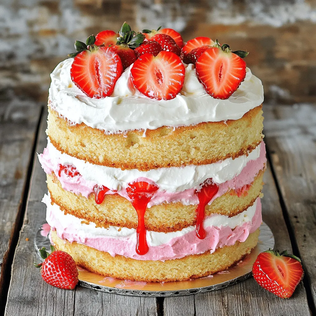 To make a delightful strawberry cake, gather these fresh ingredients: - 2 cups all-purpose flour - 1 ½ cups sugar - ½ cup unsalted butter, softened - 1 cup whole milk - 3 large eggs - 1 tablespoon baking powder - 1 teaspoon vanilla extract - 1 cup fresh strawberries, pureed (plus extra for decoration) - ½ teaspoon salt - 1 cup heavy whipping cream - 2 tablespoons powdered sugar (for whipped cream) - Fresh strawberries, halved, for garnish You can substitute some ingredients if needed. Here are a few ideas: - Use almond milk instead of whole milk for a dairy-free option. - Coconut cream can replace heavy cream for a lighter touch. - Try using brown sugar instead of white sugar for a richer flavor. - If you have no fresh strawberries, use frozen ones but thaw and drain them first. Before you start baking, make sure you have the right tools: - Two 9-inch round cake pans - Mixing bowls (large and small) - Electric mixer or whisk - Measuring cups and spoons - Rubber spatula - Wire rack for cooling - Blender or food processor for pureeing strawberries These ingredients and tools will help you create a beautiful and tasty homemade strawberry cake. Enjoy the process, and let your creativity shine! First, preheat your oven to 350°F (175°C). Greasing and flouring the cake pans helps prevent sticking. Use two 9-inch round cake pans for this recipe. Coat the pans well to ensure a clean release. Take fresh strawberries and wash them. Remove the green stems and blend them until smooth. You need about 1 cup of strawberry puree for the cake. Save a few small slices for decoration later. In a bowl, whisk together the flour, baking powder, and salt. This is your dry mix. In a large mixing bowl, cream the softened butter and sugar until fluffy. This takes about 3-4 minutes. Next, add in the eggs one at a time and mix in the vanilla extract. Then, combine the dry mix with the butter mix. Alternate adding the milk and the flour mix. Finally, fold in the strawberry puree gently. Divide the batter evenly between the two prepared pans. Bake for 25-30 minutes. Check if they are done by inserting a toothpick into the center. If it comes out clean, they are ready! Let the cakes cool in the pans for about 10 minutes. After that, transfer them to a wire rack to cool completely. While they cool, whip the heavy cream until soft peaks form. Gradually add powdered sugar until stiff peaks form. When the cakes are cool, place one layer on a serving plate. Spread whipped cream on top and add some fresh strawberry slices. Then, place the second layer on top. Frost the cake with the remaining whipped cream and decorate with halved strawberries. For the full recipe, check out the earlier section. - Use fresh strawberries: Fresh berries give the best flavor. They make your cake taste bright and sweet. - Room temperature ingredients: Let your butter, eggs, and milk sit out before mixing. This helps create a light, fluffy cake. - Measure flour correctly: Spoon the flour into your measuring cup, then level it off. Too much flour can make your cake dry. - Don’t overmix: Mix until just combined. Overmixing can lead to a dense cake. - Skipping the oven preheat: Always preheat your oven. Baking in a cold oven can ruin the cake's rise. - Not greasing pans: Make sure to grease and flour your pans. This keeps the cake from sticking. - Using stale ingredients: Check the dates on your baking powder and flour. Old ingredients can affect your cake's rise. - Ignoring baking times: Every oven is different. Check your cake a few minutes before the time is up. - Cool completely: Frost only when the cake is cool. Warm cake can melt the frosting. - Whip cream to stiff peaks: This gives your frosting the right texture. It holds up well on the cake. - Use a turntable: If you have one, a turntable helps you frost evenly. It makes the process easier. - Decorate with fresh fruit: Use halved strawberries to add color and freshness. It makes your cake look beautiful and inviting. These tips will help you create a delightful homemade strawberry cake that impresses everyone. For the complete recipe, check out the [Full Recipe]. {{image_2}} You can easily make this cake gluten-free. Use a 1:1 gluten-free flour blend. This mix should replace the all-purpose flour in the recipe. Make sure it contains xanthan gum for the best texture. Your cake will still be soft and moist. For a vegan version, swap the eggs and milk. Use flax eggs instead of regular eggs. Mix one tablespoon of ground flaxseed with three tablespoons of water for each egg. For milk, use almond or oat milk. You can also use coconut oil instead of butter. Your cake will still taste great. While whipped cream is delicious, you can try other frostings. Cream cheese frosting adds a tangy touch. To make it, mix cream cheese with powdered sugar and vanilla. For a fruity twist, add more strawberry puree. Another option is a simple glaze made of powdered sugar and lemon juice. This adds a nice shine and sweetness. You can find the Full Recipe to explore these variations and enjoy your homemade strawberry cake even more! To store leftover cake, wrap it tightly in plastic wrap. This keeps it moist and fresh. You can also place it in an airtight container. Store it at room temperature for one day. For longer storage, put it in the fridge. Just be sure to let it come to room temperature before serving. You can freeze this cake if you have leftovers. First, let the cake cool completely. Then, wrap it in plastic wrap and foil. This prevents freezer burn. Freeze the cake for up to three months. When you want to eat it, thaw it in the fridge overnight. Let it sit at room temperature for an hour before serving. The shelf life of homemade strawberry cake is about three days at room temperature. In the fridge, it lasts about a week. Always check for any signs of spoilage before eating. To keep your cake fresh, avoid cutting it until you serve it. This helps to maintain its moisture and flavor. For the best taste, enjoy your cake within a few days. Yes, you can use frozen strawberries. Just thaw them first and drain excess water. This helps keep the cake moist without adding too much liquid. Puree the thawed strawberries just like fresh ones. The flavor will still be great! To boost the strawberry flavor, add more pureed strawberries. You could use about 1 ½ cups instead of 1 cup. You can also mix in strawberry extract for an extra kick. Fresh strawberry slices on top or in the batter add nice texture too. I love to serve strawberry cake with whipped cream. You can also drizzle extra strawberry puree on each slice. Adding fresh mint leaves makes it look fancy. It pairs well with a scoop of vanilla ice cream too! Yes, this recipe is perfect for a layered cake. Just bake the batter in two 9-inch round pans. Once cooled, stack the layers with whipped cream and strawberries between them. It looks beautiful and tastes amazing! For the full recipe, check out the detailed steps above. This blog post covered everything you need for a delicious strawberry cake. We explored key ingredients, optional substitutes, and the tools you'll need. I provided a clear step-by-step guide to baking, cooling, and assembling the cake. I shared tips to avoid common mistakes and ways to make variations, like gluten-free or vegan options. We wrapped up with storage tips and FAQs. Enjoy making this cake with confidence. Remember, baking is fun, and your friends will love your creation!