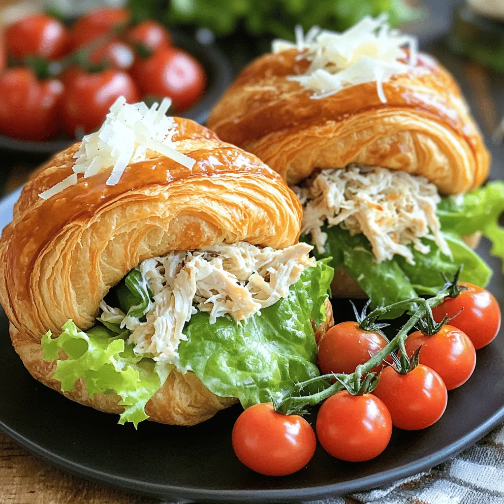 - 2 large buttery croissants - 1 cup cooked chicken breast, shredded - 1/4 cup Caesar dressing - 1 cup romaine lettuce, chopped - 1/4 cup freshly grated Parmesan cheese - Cherry tomatoes - Additional seasonings - Calories per serving: 500 - Macronutrient breakdown: - Protein: 30g - Carbohydrates: 40g - Fat: 25g The main ingredients for the Chicken Caesar Croissant Sandwich create a delicious mix. The croissants are soft and buttery. They hold the filling well and add a rich taste. Cooked chicken breast is key here. I like to use shredded chicken for easy eating. Caesar dressing brings that classic flavor. It ties all the ingredients together. Romaine lettuce adds crunch, making each bite fresh. Finally, freshly grated Parmesan cheese gives a salty kick. If you want to add more, cherry tomatoes work great! They bring color and a sweet taste. You can also use extra seasonings to enhance the flavors. In terms of nutrition, each serving has about 500 calories. The breakdown includes 30 grams of protein, 40 grams of carbohydrates, and 25 grams of fat. This balance makes the sandwich filling and satisfying. For the full recipe, check out the detailed instructions later in the article. - Preheat oven: Set your oven to 350°F (175°C). This step warms the croissants. - Slice croissants: Cut the croissants in half horizontally. This makes room for the filling. - Bake croissants: Place the cut croissants on a baking sheet, cut side up. Bake for 5-7 minutes. They should be warm and slightly toasted. - Combine chicken and dressing: In a bowl, mix shredded chicken with Caesar dressing. Make sure the chicken is well coated. - Add lettuce and cheese: Stir in chopped romaine lettuce and grated Parmesan cheese. This adds crunch and flavor. - Fill croissants with mixture: Take the toasted croissants and fill each one with the chicken Caesar mixture. - Garnish with Parmesan: Top with extra Parmesan shavings. This adds a nice touch and extra flavor. Now, you have a delicious Chicken Caesar Croissant Sandwich ready to enjoy. For the full recipe, check the earlier sections! Using fresh ingredients makes a big difference. Fresh croissants taste better and feel light. Fresh chicken adds great flavor and texture. Use high-quality Caesar dressing for the best taste. Adjust seasoning to your liking. A little more pepper or garlic can make it pop. Taste as you mix, and find your perfect balance. Pair your Chicken Caesar Croissant Sandwich with simple sides. A light salad fits well. Try crunchy veggie sticks for a nice contrast. For a fun twist, serve with chips. Presentation matters too. Slice the sandwich in half to show off the filling. Add a sprinkle of extra Parmesan on top for flair. A few cherry tomatoes on the side add color and freshness. One common mistake is overbaking croissants. You want them warm, not hard. Keep an eye on them while they bake. Another mistake is skimping on the dressing. The dressing brings all the flavors together. Don’t be shy! Use enough to coat the chicken and lettuce well. This will make every bite delicious. {{image_2}} You can mix up your Chicken Caesar Croissant Sandwich by changing the protein. - Using rotisserie chicken: Rotisserie chicken is a quick option. It adds flavor and saves time. Just shred the chicken and mix it in. - Substituting with turkey or tofu: Turkey works well if you want a leaner choice. For a vegetarian option, use tofu. Press the tofu to remove excess water, then cube it. You can also have fun by swapping some ingredients. - Alternative dressings: If you want to try new flavors, you can use ranch or vinaigrette. This gives the sandwich a fresh twist. - Adding vegetables: To boost nutrition, add veggies. Sliced cucumbers or bell peppers add crunch. Shredded carrots can also add a pop of color. Catering to different diets is easy with this recipe. - Gluten-free options: If you need gluten-free, use gluten-free croissants. Many stores sell these, making it simple to enjoy this sandwich. - Low-carb alternatives: For a low-carb choice, skip the croissant. Instead, wrap the filling in lettuce leaves. This keeps the flavor and cuts the carbs. Explore these variations to make the Chicken Caesar Croissant Sandwich your own! For the full recipe, refer to the section above. To get a tasty Chicken Caesar Croissant Sandwich, you have many options. You can find great spots nearby or choose ready-made versions from stores. For a fresh sandwich, try local cafés or delis. They often make their croissants in-house. Look for places that focus on using fresh ingredients. You can also check out popular chain restaurants. Some chains offer gourmet sandwiches that taste great. If you want something quick, look for pre-made sandwiches at your local grocery store. Many stores have a deli section with fresh options. You can also find online delivery services that bring meals right to your door. They often have pre-made Chicken Caesar Croissant Sandwiches. When buying a pre-made sandwich, check for freshness. Look for bright greens and well-cooked chicken. The croissant should feel soft yet firm. If you see any browning or wilting, skip it. A good sandwich should taste great. Look for a balance of flavors, too. You want creamy dressing and a hint of garlic. To make a Chicken Caesar Croissant Sandwich, follow these simple steps: 1. Preheat your oven to 350°F (175°C). 2. Slice two large buttery croissants in half. 3. Bake the croissants for 5-7 minutes until warm. 4. In a bowl, mix shredded chicken with Caesar dressing, romaine lettuce, and Parmesan cheese. 5. Add black pepper and garlic powder to the chicken mix. 6. Fill the croissants with the chicken mixture. 7. Optionally, add extra Parmesan shavings on top. 8. Serve warm and enjoy! You can find the full recipe above. Yes, you can store the Chicken Caesar Croissant Sandwich. Here are the best practices: - Wrap each sandwich in plastic wrap or aluminum foil. - Store them in the fridge for up to 2 days. - Reheat them in the oven for best texture. - Avoid microwaving, as it may make the croissant soggy. You can pair your Chicken Caesar Croissant Sandwich with these popular sides: - Fresh fruit salad for sweetness. - Crispy potato chips for crunch. - A light green salad for balance. - Soup for a comforting touch. These sides will enhance your meal and delight your guests! This blog post covers the Chicken Caesar Croissant Sandwich from start to finish. We looked at the key ingredients, preparation steps, and tips to make it perfect. You’ve seen how to customize the recipe and where to find the best versions. Remember to choose fresh ingredients for the best flavor. Avoid common mistakes like overbaking. With this knowledge, you can enjoy a tasty and satisfying sandwich. Get creative in the kitchen and make a meal your friends and family will love!
