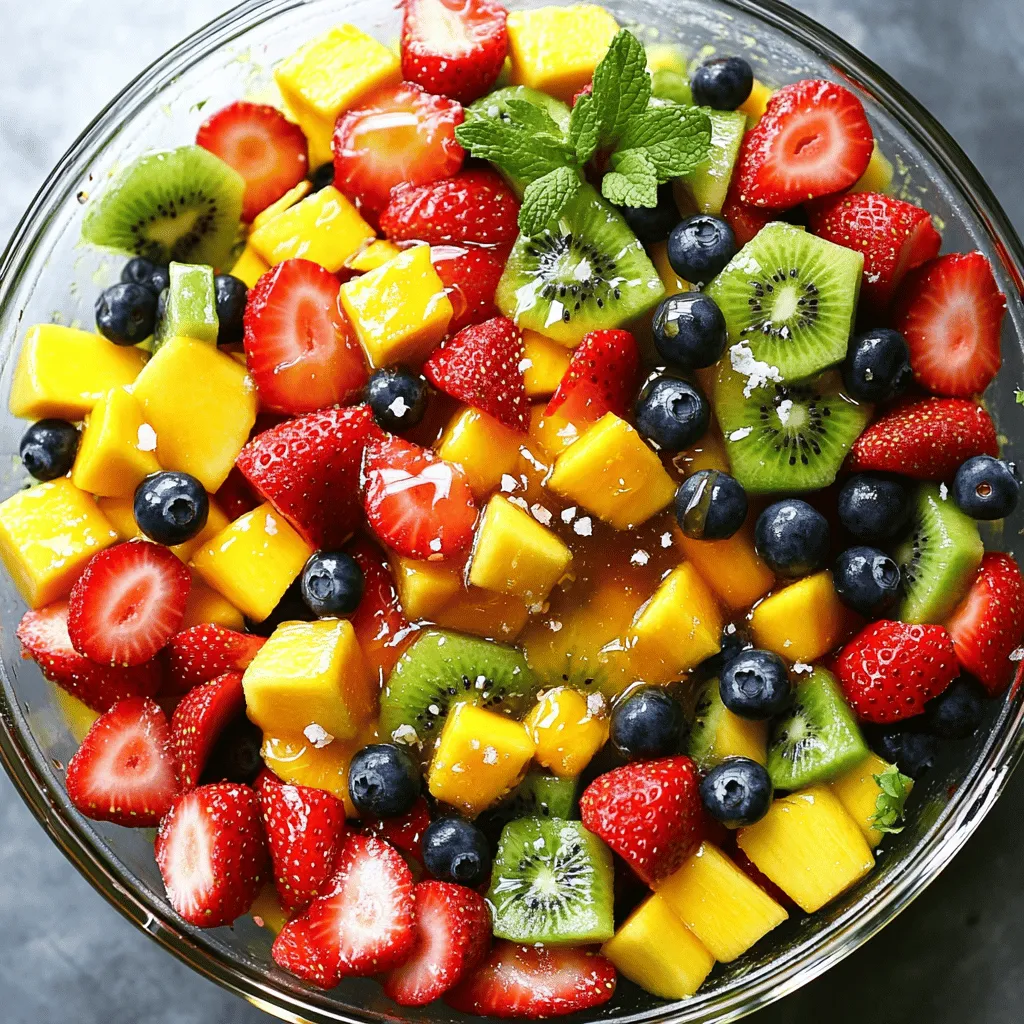 - Strawberries - Blueberries - Mango - Kiwi - Watermelon To make a bright and tasty summer fruit salad, you need fresh fruit. Each fruit adds flavor and color. I like to use strawberries, blueberries, mango, kiwi, and watermelon. These fruits are sweet, juicy, and perfect for hot days. - Strawberries: They bring a nice sweetness and bright red color. Pick ones that are firm and smell sweet. - Blueberries: These tiny berries burst with flavor and add a lovely blue hue. Look for plump berries with no wrinkles. - Mango: This tropical fruit is sweet and creamy. When ripe, it gives off a fruity smell. - Kiwi: This fuzzy fruit has a tangy taste and green flesh. Choose kiwis that feel slightly soft to the touch. - Watermelon: This refreshing fruit is hydrating and sweet. A ripe watermelon will sound hollow when tapped. - Honey - Lime zest - Lime juice - Sea salt The dressing makes the salad shine. It is simple to make and adds a burst of flavor. You will need honey, lime zest, lime juice, and a pinch of sea salt. - Honey: This adds sweetness and helps blend the flavors. Use raw honey for a richer taste. - Lime zest: This gives a fresh aroma and a citrus kick. Grate just the green part of the lime. - Lime juice: This adds acidity and balances the sweetness. Freshly squeezed lime juice works best. - Sea salt: A small pinch enhances all the flavors. It makes the fruit taste even better. - Fresh mint leaves Fresh mint leaves bring a pop of color and taste. They add a cool, refreshing note to the salad. Just chop a small handful and sprinkle it on top. You can also use whole leaves for decoration. For the full recipe, check out Sunny Bliss Summer Fruit Salad. This salad is not just pretty; it is also good for you. Enjoy making it! First, let's get our fruits ready. Start by hulling and halving the strawberries. This makes them easier to eat. Next, dice the mango and kiwi into small pieces. Aim for bite-sized cubes. For the watermelon, cut it into cubes too. This keeps the salad colorful and fun. Now, we need to make the dressing. In a small bowl, whisk together the honey, lime zest, and lime juice. This mixture adds a sweet and tangy flavor. Don't forget to add a pinch of sea salt. It enhances all the flavors in the salad. Once everything is prepped, it is time to combine. Toss the fruits with the dressing in a large bowl. Make sure every piece of fruit gets coated. Finally, add the chopped mint leaves for a burst of freshness. Mix gently so you don’t break the fruit. Let the salad sit in the fridge for about 15-20 minutes. This resting time helps the flavors mix. For the full recipe, check out Sunny Bliss Summer Fruit Salad. To make your salad shine, pick the best fruits. Look for strawberries that are bright red and plump. They should smell sweet and have no white spots. Mangoes should feel slightly soft when you press them. The skin should also have a rich, golden hue. For kiwis, choose ones that give a little when you squeeze them. They should feel firm but not hard. When it comes to choosing a watermelon, look for one that feels heavy for its size. The skin should be smooth and firm, with a nice yellow spot. This spot shows where the fruit rested on the ground and ripened in the sun. Serve your summer fruit salad chilled. It tastes best when it is cold and refreshing. Keep the salad in the fridge for about 15-20 minutes before serving. This helps the flavors blend. Use a clear bowl for a beautiful display. The bright colors of the fruits will pop. You can also garnish the top with mint leaves for a fancy touch. To add a twist to your salad, consider fresh herbs. Basil or cilantro can give it a unique taste. Just chop a few leaves and toss them in. If you want to try different dressings, swap honey for agave syrup. You can also mix in a splash of orange juice for brightness. For those who like a bit of spice, a pinch of cinnamon can add warmth and depth. For the full recipe, check out Sunny Bliss Summer Fruit Salad. {{image_2}} You can give your summer fruit salad a fun twist by adding pineapple or papaya. These fruits add sweetness and a tropical vibe. Just chop them into bite-sized pieces. You can also sprinkle some coconut flakes on top. This adds a nice crunch and enhances the island feel of your salad. For a berry medley, mix in fresh raspberries and blackberries. These berries add a pop of color and a tangy taste. If you want to change the flavor of the dressing, swap honey for agave syrup. The agave syrup keeps it sweet while giving a different, rich taste. To make your salad even more exciting, try incorporating cucumber or feta cheese. Cucumber adds a crisp and refreshing crunch. Feta cheese brings a creamy, salty flavor that balances the sweetness of the fruits. You can cube the cucumber and crumble the feta for easy mixing. For the full recipe, check out the Sunny Bliss Summer Fruit Salad. This salad is sure to impress at any summer gathering! To store leftovers, place the salad in a clean bowl. Cover it tightly with plastic wrap or a lid. This keeps the salad fresh and helps prevent browning. Glass containers work well for this. They let you see the colorful fruits inside. The salad lasts for about three days in the fridge. After that, fruits may lose their crunch. You'll know it's bad if you see mushy fruit or an off smell. Trust your senses to judge freshness. You can freeze fruit salad, but it may change texture. Fruits like watermelon and kiwi do not freeze well. To freeze, separate the fruits. Freeze berries and mango in a single layer on a tray. Once frozen, transfer them to a freezer bag. Use them later in smoothies or desserts. For the best taste, eat frozen fruits within three months. For the full recipe, check out Sunny Bliss Summer Fruit Salad. Enjoy your refreshing treat! For a great summer fruit salad, choose fresh fruits that shine in the warm months. Some top picks include: - Strawberries - Blueberries - Mango - Kiwi - Watermelon These fruits offer a mix of sweet and tart flavors. Their bright colors make your salad look amazing too. Yes, you can prepare the fruit salad ahead of time. Just keep a few tips in mind: - Cut fruits like mango and kiwi right before serving. - Mix the dressing separately and add it just before you serve. - Store the salad in an airtight container in the fridge. This way, your salad stays fresh and tasty! To stop fruits from browning, you can use a few simple tricks: - Squeeze lime juice on cut fruits like apples or bananas. - Use an airtight container to limit air exposure. - Keep the salad cold until serving. These methods will keep your salad looking bright and fresh. You can turn your summer fruit salad into a delightful dessert. Here are some ideas: - Top with whipped cream or yogurt for creaminess. - Add a sprinkle of granola for a crunchy texture. - Drizzle with extra honey or a fruity sauce for sweetness. These toppings will elevate your salad into a dessert that everyone will love. For the full recipe, check out Sunny Bliss Summer Fruit Salad. Summer fruit salad is a fun mix of fresh fruits and tasty dressing. You can make it with berries, mango, and watermelon. Don't forget to add a bit of mint for flavor. Follow the steps to prepare and combine everything right. Always choose ripe fruits for the best taste. Try different options and variations to keep it exciting. Store leftovers properly for later enjoyment. With these tips and ideas, your summer fruit salad will be fresh, vibrant, and delicious! Enjoy every bite!