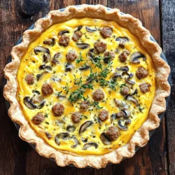 To make a tasty Sausage Mushroom Quiche, you'll need: - 1 pre-made pie crust (store-bought or homemade) - 1 cup breakfast sausage, crumbled - 1 cup mushrooms, sliced (button or cremini) - 1 cup shredded cheddar cheese - 4 large eggs - 1 cup heavy cream - 1/2 teaspoon garlic powder - 1/2 teaspoon onion powder - Salt and pepper to taste - Fresh thyme leaves for garnish (optional) These ingredients create a rich and flavorful quiche. Each item plays a key role in the dish. The crust holds everything together, while the sausage and mushrooms add depth. The cheese gives it a creamy texture, and the eggs and cream bind it all. You can switch some ingredients if needed. Here are a few ideas: - Use turkey or chicken sausage instead of breakfast sausage for a leaner option. - Swap mushrooms for spinach or bell peppers for a different veggie flavor. - Try other cheese types, like mozzarella or feta, for unique tastes. - For a lighter quiche, use half-and-half instead of heavy cream. - If you need a gluten-free option, use a gluten-free pie crust. These substitutions can change the flavor or texture but can still make a delicious quiche. Fresh herbs offer a bright and bold taste. They can really lift the dish. Dried herbs, on the other hand, have a more concentrated flavor. They can add depth, but may lack the freshness. If you use fresh thyme, add it just before serving. It brings a lovely aroma and taste. If you choose dried thyme, mix it in while cooking the sausage and mushrooms. This allows the herbs to infuse their flavor into the dish. Using the right herbs can make your quiche stand out and enhance the overall experience. For the full recipe, you can check below. To start, gather your ingredients. You will need: - 1 pre-made pie crust - 1 cup breakfast sausage, crumbled - 1 cup mushrooms, sliced - 1 cup shredded cheddar cheese - 4 large eggs - 1 cup heavy cream - 1/2 teaspoon garlic powder - 1/2 teaspoon onion powder - Salt and pepper to taste - Fresh thyme leaves for garnish (optional) First, preheat your oven to 375°F (190°C). This ensures even baking. Next, take a skillet and cook the crumbled sausage over medium heat. Cook it for about 5 to 7 minutes, until it's browned. Once done, drain the sausage on paper towels to remove extra grease. In the same skillet, add the sliced mushrooms. Sauté them for around 4 to 5 minutes until they turn golden brown. Season with garlic powder, onion powder, salt, and pepper. Let them cool slightly. In a large bowl, whisk together the eggs and heavy cream. Make sure they're well mixed. Season the mixture with a pinch of salt and pepper. Now, place your pre-made pie crust in a pie dish. Spread the cooked sausage and mushrooms evenly across the bottom. Next, layer the shredded cheddar cheese on top. Pour the egg and cream mixture gently over the sausage, mushrooms, and cheese. Make sure it distributes evenly. Now, it’s time to bake. Place the pie dish in the preheated oven and bake for 30 to 35 minutes. You want the quiche to be set and lightly browned on top. A knife inserted in the center should come out clean. This shows that your quiche is ready. To check if your quiche is ready, look for a firm texture. The edges should be set, and the center should not jiggle. If you see some jiggle, it needs more time. You can also poke a knife into the center. If it comes out clean, your quiche is done. Once baked, remove it from the oven and let it cool for about 10 minutes. This cooling time makes slicing easier. You can garnish it with fresh thyme leaves if you want. Enjoy your delicious Sausage Mushroom Quiche! For the full recipe, check out the details above. To get a flaky crust, keep your ingredients cold. Use very cold butter or shortening. When mixing, don’t overwork the dough. Just mix until it comes together. Chill the dough for at least 30 minutes. This makes the crust light and flaky. One big mistake is not pre-baking the crust. This can lead to a soggy bottom. Another mistake is using too many wet ingredients. Be careful with the cream and eggs. Too much can make the quiche runny. Also, don’t skip seasoning. A little salt and pepper make a big difference. Blind-baking is a great way to ensure a crisp crust. To do this, preheat your oven. Line the crust with parchment paper and fill it with pie weights or beans. Bake for about 15 minutes. Remove the weights and bake for another 5 minutes. This helps your crust stay firm when you add the filling. {{image_2}} You can change the cheese in your quiche for different flavors. Cheddar is tasty, but try Swiss or feta for a twist. Mozzarella melts well and adds a creamy touch. Goat cheese brings a tangy flavor that pairs nicely with sausage and mushrooms. You might also mix cheeses for a rich taste. Feel free to add more veggies for extra color and flavor. Spinach, bell peppers, or zucchini work great. If you want more protein, consider adding cooked bacon or ham. These ingredients add depth to your quiche. You can even add some herbs like basil or parsley for freshness. If you need a gluten-free quiche, use a gluten-free pie crust. You can also make a crust from almond flour or crushed gluten-free crackers. This gives you a tasty base without gluten. Another option is to skip the crust altogether and bake the filling in a greased dish. This makes it low-carb and just as delicious! For the Full Recipe, check the complete details for cooking this delightful dish. To keep your Sausage Mushroom Quiche fresh, let it cool completely. Place it in an airtight container. You can also wrap it tightly with plastic wrap. Store it in the fridge for up to three days. For best taste, eat within this time. This helps keep the flavors and texture nice. When you want to enjoy your leftovers, preheat your oven to 350°F (175°C). Place slices of quiche on a baking sheet. Cover them with aluminum foil to prevent drying out. Heat for about 15-20 minutes. If you prefer, you can also use a microwave. Heat it for 1-2 minutes until warm. Check to avoid overheating, as it can change the texture. You can freeze your quiche for later. First, let it cool completely. Then, wrap it tightly in plastic wrap and foil. This protects it from freezer burn. You can freeze it for up to two months. When you're ready to eat, thaw it in the fridge overnight. Reheat it in the oven for the best results. This keeps the crust crispy and the filling creamy. For more details, check the Full Recipe. You can make Sausage Mushroom Quiche a day before. Just follow the full recipe. Once baked, let it cool. Cover it and store it in the fridge. When ready to serve, reheat it in the oven. Heat at 350°F (175°C) for about 15 minutes. This keeps it warm and tasty. The flavors will blend nicely overnight too. Yes, you can use different sausages. Try spicy sausage for a kick. Chicken or turkey sausage works well too. These options make the dish lighter. You can also use vegetarian sausage for a meat-free version. Just ensure it is cooked before adding it to the quiche. Many sides go great with Sausage Mushroom Quiche. A fresh green salad adds crunch. You can serve it with fruit for a sweet touch. Roasted vegetables bring color and flavor. For something heartier, try hash browns or home fries. These sides make a complete meal. Making Sausage Mushroom Quiche is easy and fun. We covered all you need. You learned about the ingredients, tips for baking, and how to store leftovers. Feel free to change up flavors with different cheeses or veggies. Remember, a flaky crust makes a big difference. You can prepare it ahead or choose alternatives like gluten-free. Enjoy your quiche with a side salad for a tasty meal. I hope these tips help you whip up a perfect quiche every time. Happy cooking!