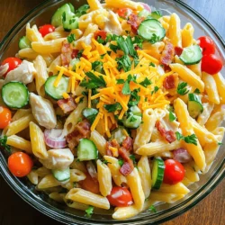 - Pasta: I recommend using penne or rotini. These shapes hold the dressing well. - Proteins: You can use cooked chicken and crispy bacon. Turkey bacon works great too! - Fresh Vegetables: Use cherry tomatoes, diced cucumber, and finely chopped red onion. These add color and crunch. - Cheese: Shredded cheddar cheese gives a rich flavor. Use about half a cup for best taste. - Dressing Components: The dressing needs mayonnaise, Dijon mustard, ranch dressing, and lemon juice. These create a creamy, tangy mix. This combination of ingredients makes the club sandwich pasta salad easy and flavorful. You can find the full recipe above to guide you through every step. Enjoy your cooking! To make your pasta just right, start by boiling water in a large pot. Add a pinch of salt to the water. This helps the pasta have flavor. Once the water boils, add 8 oz of penne or rotini pasta. Cook it according to the package instructions. Usually, this takes about 8 to 10 minutes. You want the pasta to be al dente, which means it should be firm but not hard. When the pasta is cooked, drain it in a colander. Rinse it under cold water. This stops the cooking process and cools it down quickly. Make sure to shake off any extra water. Now, let’s mix everything together. In a large mixing bowl, add the cooled pasta. Then, add 1 cup of diced cooked chicken and 1 cup of chopped cooked bacon. You can use turkey bacon if you prefer. Next, toss in 1/2 cup of halved cherry tomatoes, 1/2 cup of diced cucumber, and 1/4 cup of finely chopped red onion. Finally, sprinkle in 1/2 cup of shredded cheddar cheese. For even mixing, add the ingredients in this order: pasta first, then proteins, followed by the veggies and cheese. This helps distribute everything well. For the dressing, grab a small bowl. Mix together 1/2 cup of mayonnaise, 1 tablespoon of Dijon mustard, 2 tablespoons of ranch dressing, and 1 tablespoon of lemon juice. Add salt and pepper to taste. Whisk everything together until it is smooth and creamy. You can adjust the dressing ratio based on your taste. If you like it tangier, add more lemon juice or mustard. Pour the dressing over the pasta mixture and toss gently. Make sure every piece is coated well. For the full recipe, check the details above. To make your Club Sandwich Pasta Salad taste great, focus on seasoning. Use salt and pepper to enhance the flavors. You can also add garlic powder or smoked paprika for extra depth. Always taste your salad before serving. This helps you adjust the flavors to your liking. Letting the salad chill is key. It allows the flavors to mix and develop. Aim for at least 30 minutes in the fridge. If you have time, chill it longer for an even better taste. For gatherings, get creative with your serving. Use a large, clear bowl to show off the colorful salad. You can also serve individual portions in small cups for a fun touch. Adding fresh parsley on top gives a nice pop of color. Try adding some crackers or breadsticks on the side. They pair well with the creamy texture of the salad. This adds a crunch that everyone will enjoy. Feel free to customize your salad for dietary needs. If you want a vegetarian option, swap out chicken and bacon for chickpeas or more veggies. You can also use a dairy-free cheese if needed. For extra variety, think about toppings. Add sliced olives, bell peppers, or even avocado. These mix-ins can change the flavor and make each bite unique. {{image_2}} You can switch up the protein in your Club Sandwich Pasta Salad to match your taste. For a vegetarian option, try using chickpeas or black beans. These add a nice texture and protein boost. You can also use grilled vegetables, like zucchini or bell peppers, for a fresh twist. If you prefer meat, turkey is a great choice. It has a milder flavor than chicken but still offers that savory kick. Ham is another option, bringing a different taste to the salad. You can even mix and match proteins. Combining chicken, turkey, and bacon can create a hearty delight. The type of pasta you choose can change the whole dish. I love using penne or rotini because they hold the dressing well. But you can also try fusilli or farfalle for a fun look. For a healthier option, whole grain pasta adds more fiber. If you're gluten-free, use rice or quinoa pasta. These work well and keep the dish light. Just make sure to cook them according to package instructions for the best texture. While the dressing in the Full Recipe is creamy and tasty, you can switch it up anytime. A light vinaigrette can add a fresh zing. Mix olive oil, vinegar, and a bit of mustard for a simple dressing. To enhance flavors, add fresh herbs like basil or dill. Spices like paprika or garlic powder can also give the salad a nice kick. Don't be afraid to experiment until you find your perfect mix! To keep your Club Sandwich Pasta Salad fresh, use airtight containers. Glass containers work great. They help keep the salad cold and prevent spills. You can also use plastic containers if they seal well. Store the salad in the fridge right after serving. This helps keep it safe to eat. Your pasta salad will stay fresh for about 3 to 5 days in the fridge. After this time, it may not taste as good. Signs your salad has gone bad include a sour smell or a change in color. If you see mold or the salad looks slimy, it is best to throw it away. If you want to enjoy the salad warm, heat it gently. Use a microwave on low power to avoid drying it out. Add a splash of dressing to keep it moist. If you prefer it cold, chill it in the fridge before serving. This keeps the flavors bright and fresh. Yes, you can make this salad ahead of time. It tastes even better after sitting for a few hours. I usually prepare it the day before a picnic or party. Just store it in the fridge in an airtight container. You can keep this pasta salad in the fridge for about 3 to 5 days. Make sure it's in a sealed container. If it starts to smell off or looks funny, it’s best to toss it. Absolutely! You can try other dressings like Italian or a simple vinaigrette. Each dressing will give the salad a different taste. I love using a lemon vinaigrette for a fresh twist. This salad pairs well with fresh fruit, garlic bread, or a light soup. You can also serve it with veggie sticks and dip for a crunchy side. Choose sides that complement the flavors in the salad. Yes, this salad is great for meal prep. You can portion it out into containers for easy lunches. Just remember to store the dressing separately if you want it extra fresh. Check the full recipe for guidance on making this delicious dish! The blog post covered how to create a tasty Club Sandwich Pasta Salad. You learned about the right ingredients, like types of pasta, proteins, and veggies. We explored steps for cooking the pasta and mixing in the flavors. I shared tips to enhance taste and make the dish visually appealing. Remember, there are many ways to customize your salad to fit your needs. Enjoy making this dish for yourself or a group. Happy cooking!