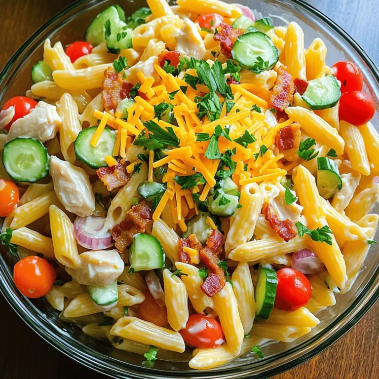 - Pasta: I recommend using penne or rotini. These shapes hold the dressing well. - Proteins: You can use cooked chicken and crispy bacon. Turkey bacon works great too! - Fresh Vegetables: Use cherry tomatoes, diced cucumber, and finely chopped red onion. These add color and crunch. - Cheese: Shredded cheddar cheese gives a rich flavor. Use about half a cup for best taste. - Dressing Components: The dressing needs mayonnaise, Dijon mustard, ranch dressing, and lemon juice. These create a creamy, tangy mix. This combination of ingredients makes the club sandwich pasta salad easy and flavorful. You can find the full recipe above to guide you through every step. Enjoy your cooking! To make your pasta just right, start by boiling water in a large pot. Add a pinch of salt to the water. This helps the pasta have flavor. Once the water boils, add 8 oz of penne or rotini pasta. Cook it according to the package instructions. Usually, this takes about 8 to 10 minutes. You want the pasta to be al dente, which means it should be firm but not hard. When the pasta is cooked, drain it in a colander. Rinse it under cold water. This stops the cooking process and cools it down quickly. Make sure to shake off any extra water. Now, let’s mix everything together. In a large mixing bowl, add the cooled pasta. Then, add 1 cup of diced cooked chicken and 1 cup of chopped cooked bacon. You can use turkey bacon if you prefer. Next, toss in 1/2 cup of halved cherry tomatoes, 1/2 cup of diced cucumber, and 1/4 cup of finely chopped red onion. Finally, sprinkle in 1/2 cup of shredded cheddar cheese. For even mixing, add the ingredients in this order: pasta first, then proteins, followed by the veggies and cheese. This helps distribute everything well. For the dressing, grab a small bowl. Mix together 1/2 cup of mayonnaise, 1 tablespoon of Dijon mustard, 2 tablespoons of ranch dressing, and 1 tablespoon of lemon juice. Add salt and pepper to taste. Whisk everything together until it is smooth and creamy. You can adjust the dressing ratio based on your taste. If you like it tangier, add more lemon juice or mustard. Pour the dressing over the pasta mixture and toss gently. Make sure every piece is coated well. For the full recipe, check the details above. To make your Club Sandwich Pasta Salad taste great, focus on seasoning. Use salt and pepper to enhance the flavors. You can also add garlic powder or smoked paprika for extra depth. Always taste your salad before serving. This helps you adjust the flavors to your liking. Letting the salad chill is key. It allows the flavors to mix and develop. Aim for at least 30 minutes in the fridge. If you have time, chill it longer for an even better taste. For gatherings, get creative with your serving. Use a large, clear bowl to show off the colorful salad. You can also serve individual portions in small cups for a fun touch. Adding fresh parsley on top gives a nice pop of color. Try adding some crackers or breadsticks on the side. They pair well with the creamy texture of the salad. This adds a crunch that everyone will enjoy. Feel free to customize your salad for dietary needs. If you want a vegetarian option, swap out chicken and bacon for chickpeas or more veggies. You can also use a dairy-free cheese if needed. For extra variety, think about toppings. Add sliced olives, bell peppers, or even avocado. These mix-ins can change the flavor and make each bite unique. {{image_2}} You can switch up the protein in your Club Sandwich Pasta Salad to match your taste. For a vegetarian option, try using chickpeas or black beans. These add a nice texture and protein boost. You can also use grilled vegetables, like zucchini or bell peppers, for a fresh twist. If you prefer meat, turkey is a great choice. It has a milder flavor than chicken but still offers that savory kick. Ham is another option, bringing a different taste to the salad. You can even mix and match proteins. Combining chicken, turkey, and bacon can create a hearty delight. The type of pasta you choose can change the whole dish. I love using penne or rotini because they hold the dressing well. But you can also try fusilli or farfalle for a fun look. For a healthier option, whole grain pasta adds more fiber. If you're gluten-free, use rice or quinoa pasta. These work well and keep the dish light. Just make sure to cook them according to package instructions for the best texture. While the dressing in the Full Recipe is creamy and tasty, you can switch it up anytime. A light vinaigrette can add a fresh zing. Mix olive oil, vinegar, and a bit of mustard for a simple dressing. To enhance flavors, add fresh herbs like basil or dill. Spices like paprika or garlic powder can also give the salad a nice kick. Don't be afraid to experiment until you find your perfect mix! To keep your Club Sandwich Pasta Salad fresh, use airtight containers. Glass containers work great. They help keep the salad cold and prevent spills. You can also use plastic containers if they seal well. Store the salad in the fridge right after serving. This helps keep it safe to eat. Your pasta salad will stay fresh for about 3 to 5 days in the fridge. After this time, it may not taste as good. Signs your salad has gone bad include a sour smell or a change in color. If you see mold or the salad looks slimy, it is best to throw it away. If you want to enjoy the salad warm, heat it gently. Use a microwave on low power to avoid drying it out. Add a splash of dressing to keep it moist. If you prefer it cold, chill it in the fridge before serving. This keeps the flavors bright and fresh. Yes, you can make this salad ahead of time. It tastes even better after sitting for a few hours. I usually prepare it the day before a picnic or party. Just store it in the fridge in an airtight container. You can keep this pasta salad in the fridge for about 3 to 5 days. Make sure it's in a sealed container. If it starts to smell off or looks funny, it’s best to toss it. Absolutely! You can try other dressings like Italian or a simple vinaigrette. Each dressing will give the salad a different taste. I love using a lemon vinaigrette for a fresh twist. This salad pairs well with fresh fruit, garlic bread, or a light soup. You can also serve it with veggie sticks and dip for a crunchy side. Choose sides that complement the flavors in the salad. Yes, this salad is great for meal prep. You can portion it out into containers for easy lunches. Just remember to store the dressing separately if you want it extra fresh. Check the full recipe for guidance on making this delicious dish! The blog post covered how to create a tasty Club Sandwich Pasta Salad. You learned about the right ingredients, like types of pasta, proteins, and veggies. We explored steps for cooking the pasta and mixing in the flavors. I shared tips to enhance taste and make the dish visually appealing. Remember, there are many ways to customize your salad to fit your needs. Enjoy making this dish for yourself or a group. Happy cooking!