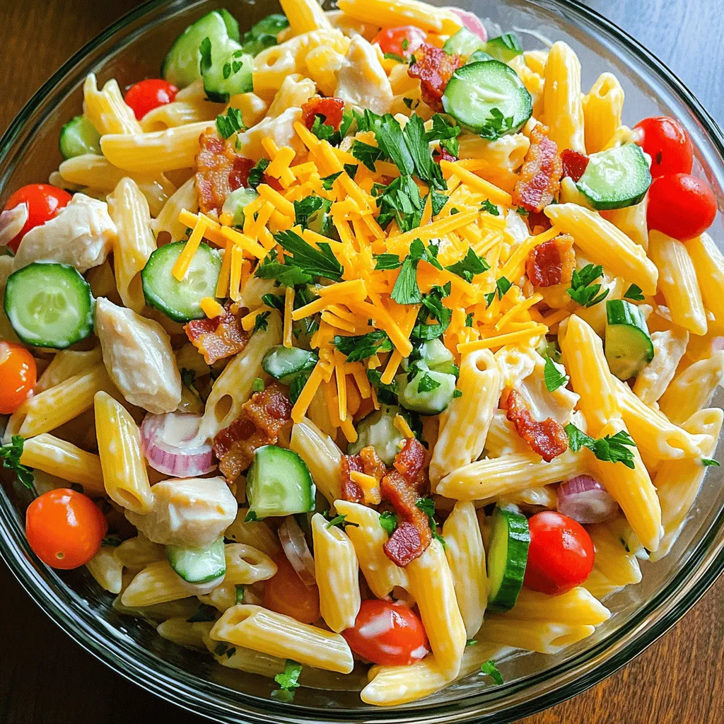 - Pasta: I recommend using penne or rotini. These shapes hold the dressing well. - Proteins: You can use cooked chicken and crispy bacon. Turkey bacon works great too! - Fresh Vegetables: Use cherry tomatoes, diced cucumber, and finely chopped red onion. These add color and crunch. - Cheese: Shredded cheddar cheese gives a rich flavor. Use about half a cup for best taste. - Dressing Components: The dressing needs mayonnaise, Dijon mustard, ranch dressing, and lemon juice. These create a creamy, tangy mix. This combination of ingredients makes the club sandwich pasta salad easy and flavorful. You can find the full recipe above to guide you through every step. Enjoy your cooking! To make your pasta just right, start by boiling water in a large pot. Add a pinch of salt to the water. This helps the pasta have flavor. Once the water boils, add 8 oz of penne or rotini pasta. Cook it according to the package instructions. Usually, this takes about 8 to 10 minutes. You want the pasta to be al dente, which means it should be firm but not hard. When the pasta is cooked, drain it in a colander. Rinse it under cold water. This stops the cooking process and cools it down quickly. Make sure to shake off any extra water. Now, let’s mix everything together. In a large mixing bowl, add the cooled pasta. Then, add 1 cup of diced cooked chicken and 1 cup of chopped cooked bacon. You can use turkey bacon if you prefer. Next, toss in 1/2 cup of halved cherry tomatoes, 1/2 cup of diced cucumber, and 1/4 cup of finely chopped red onion. Finally, sprinkle in 1/2 cup of shredded cheddar cheese. For even mixing, add the ingredients in this order: pasta first, then proteins, followed by the veggies and cheese. This helps distribute everything well. For the dressing, grab a small bowl. Mix together 1/2 cup of mayonnaise, 1 tablespoon of Dijon mustard, 2 tablespoons of ranch dressing, and 1 tablespoon of lemon juice. Add salt and pepper to taste. Whisk everything together until it is smooth and creamy. You can adjust the dressing ratio based on your taste. If you like it tangier, add more lemon juice or mustard. Pour the dressing over the pasta mixture and toss gently. Make sure every piece is coated well. For the full recipe, check the details above. To make your Club Sandwich Pasta Salad taste great, focus on seasoning. Use salt and pepper to enhance the flavors. You can also add garlic powder or smoked paprika for extra depth. Always taste your salad before serving. This helps you adjust the flavors to your liking. Letting the salad chill is key. It allows the flavors to mix and develop. Aim for at least 30 minutes in the fridge. If you have time, chill it longer for an even better taste. For gatherings, get creative with your serving. Use a large, clear bowl to show off the colorful salad. You can also serve individual portions in small cups for a fun touch. Adding fresh parsley on top gives a nice pop of color. Try adding some crackers or breadsticks on the side. They pair well with the creamy texture of the salad. This adds a crunch that everyone will enjoy. Feel free to customize your salad for dietary needs. If you want a vegetarian option, swap out chicken and bacon for chickpeas or more veggies. You can also use a dairy-free cheese if needed. For extra variety, think about toppings. Add sliced olives, bell peppers, or even avocado. These mix-ins can change the flavor and make each bite unique. {{image_2}} You can switch up the protein in your Club Sandwich Pasta Salad to match your taste. For a vegetarian option, try using chickpeas or black beans. These add a nice texture and protein boost. You can also use grilled vegetables, like zucchini or bell peppers, for a fresh twist. If you prefer meat, turkey is a great choice. It has a milder flavor than chicken but still offers that savory kick. Ham is another option, bringing a different taste to the salad. You can even mix and match proteins. Combining chicken, turkey, and bacon can create a hearty delight. The type of pasta you choose can change the whole dish. I love using penne or rotini because they hold the dressing well. But you can also try fusilli or farfalle for a fun look. For a healthier option, whole grain pasta adds more fiber. If you're gluten-free, use rice or quinoa pasta. These work well and keep the dish light. Just make sure to cook them according to package instructions for the best texture. While the dressing in the Full Recipe is creamy and tasty, you can switch it up anytime. A light vinaigrette can add a fresh zing. Mix olive oil, vinegar, and a bit of mustard for a simple dressing. To enhance flavors, add fresh herbs like basil or dill. Spices like paprika or garlic powder can also give the salad a nice kick. Don't be afraid to experiment until you find your perfect mix! To keep your Club Sandwich Pasta Salad fresh, use airtight containers. Glass containers work great. They help keep the salad cold and prevent spills. You can also use plastic containers if they seal well. Store the salad in the fridge right after serving. This helps keep it safe to eat. Your pasta salad will stay fresh for about 3 to 5 days in the fridge. After this time, it may not taste as good. Signs your salad has gone bad include a sour smell or a change in color. If you see mold or the salad looks slimy, it is best to throw it away. If you want to enjoy the salad warm, heat it gently. Use a microwave on low power to avoid drying it out. Add a splash of dressing to keep it moist. If you prefer it cold, chill it in the fridge before serving. This keeps the flavors bright and fresh. Yes, you can make this salad ahead of time. It tastes even better after sitting for a few hours. I usually prepare it the day before a picnic or party. Just store it in the fridge in an airtight container. You can keep this pasta salad in the fridge for about 3 to 5 days. Make sure it's in a sealed container. If it starts to smell off or looks funny, it’s best to toss it. Absolutely! You can try other dressings like Italian or a simple vinaigrette. Each dressing will give the salad a different taste. I love using a lemon vinaigrette for a fresh twist. This salad pairs well with fresh fruit, garlic bread, or a light soup. You can also serve it with veggie sticks and dip for a crunchy side. Choose sides that complement the flavors in the salad. Yes, this salad is great for meal prep. You can portion it out into containers for easy lunches. Just remember to store the dressing separately if you want it extra fresh. Check the full recipe for guidance on making this delicious dish! The blog post covered how to create a tasty Club Sandwich Pasta Salad. You learned about the right ingredients, like types of pasta, proteins, and veggies. We explored steps for cooking the pasta and mixing in the flavors. I shared tips to enhance taste and make the dish visually appealing. Remember, there are many ways to customize your salad to fit your needs. Enjoy making this dish for yourself or a group. Happy cooking!